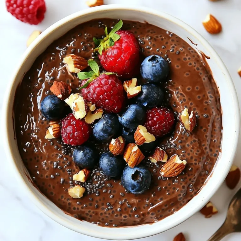 To make vegan chocolate chia pudding, you need a few simple ingredients. Each one plays a vital role in making this treat delicious and creamy. Here’s what you will need: - 1/2 cup chia seeds - 2 cups unsweetened almond milk (or any preferred plant-based milk) - 1/2 cup unsweetened cocoa powder - 1/4 cup pure maple syrup (adjust based on sweetness preference) - 1 teaspoon vanilla extract - A pinch of sea salt - Fresh berries (such as strawberries, blueberries, or raspberries) and chopped nuts (like almonds or walnuts) for garnishing (optional) Chia seeds are the stars of this recipe. They swell and absorb liquid, creating a lovely, thick texture. Almond milk adds creaminess without dairy. Cocoa powder gives the rich chocolate flavor. Maple syrup brings sweetness, while vanilla extract adds a nice aroma. Finally, sea salt enhances all the flavors. Feel free to get creative with the optional garnishes. Fresh berries add a pop of color and freshness, while nuts provide a satisfying crunch. Each ingredient contributes to a balanced and tasty pudding. {{ingredient_image_2}} First, grab a medium-sized mixing bowl. Add the following ingredients: - 1/2 cup chia seeds - 2 cups unsweetened almond milk - 1/2 cup unsweetened cocoa powder - 1/4 cup pure maple syrup - 1 teaspoon vanilla extract - A pinch of sea salt Now, take a whisk and mix everything well. Whisk for about 2 to 3 minutes. This step helps remove lumps from the cocoa powder. You want a smooth mixture with no dry spots. After mixing, let the pudding sit for 10 minutes. This resting time is key. It allows the chia seeds to absorb some liquid. After 10 minutes, whisk the mixture again. This breaks up any clumps that formed. Once mixed again, you can either cover the bowl with plastic wrap or divide the pudding into cups. I like using small jars for easy serving. Then, pop it into the fridge. Chill for at least 4 hours or overnight. This waiting time lets the pudding thicken beautifully. When you are ready to eat, stir it well. If it feels too thick, add a splash of almond milk. Adjust until you reach your perfect consistency. Now, you can enjoy your creamy, delicious vegan chocolate chia pudding! To get the right texture, you may need to adjust the consistency. If your pudding seems too thick, just add a splash of almond milk. Stir it in until you reach your desired creaminess. This pudding needs time to thicken. Let it rest and chill properly. The chia seeds absorb the milk and swell up. This process is key to having a smooth, thick pudding. Whisking is crucial to avoid clumps. When you mix the ingredients, do it vigorously for a few minutes. This helps break up any cocoa powder lumps. If you notice clumps after resting, whisk again for a smooth finish. Choosing quality cocoa powder matters too. Look for a fine texture. This ensures even mixing and a rich chocolate flavor. Pro Tips Chia Seed Soaking Time: Allowing the chia seeds to soak for longer than 4 hours or overnight will yield an even thicker pudding, enhancing the texture. Sweetness Adjustment: Feel free to adjust the sweetness by adding more or less maple syrup, or even a different sweetener like agave or date syrup based on your taste preferences. Flavor Variations: Experiment with different flavors by adding a spoonful of nut butter or a dash of espresso powder to the mix for a unique twist on the classic chocolate flavor. Serving Suggestions: For an extra special touch, serve the pudding in elegant glasses or bowls, and layer it with granola or coconut whipped cream for added texture and flavor. {{image_4}} You can make your vegan chocolate chia pudding even more fun by adding flavors. One great option is nut butter. You can mix in a spoonful of peanut or almond butter. This addition adds creaminess and a rich taste. Another way to enhance flavor is by using extracts. Try adding mint or orange extract. These will give your pudding a unique twist. Just a drop or two can make a big difference. Sweetness is key for this pudding. You can use different sweeteners to suit your taste. Agave syrup is a good choice if you want a mild flavor. Coconut sugar offers a caramel-like taste. Both work well in this recipe. You can also change how sweet you want it. If you like it sweeter, add more maple syrup. If you prefer it less sweet, simply use less. Adjusting sweetness is easy and makes the pudding just right for you. To keep your leftover pudding fresh, place it in an airtight container. This step helps avoid any unwanted odors from your fridge. You can also cover the bowl tightly with plastic wrap. Refrigerate the pudding for up to five days. After that, the texture and taste may change. Yes, you can freeze vegan chocolate chia pudding! To freeze, portion it into small containers. Make sure to leave some space at the top for expansion. When you want to enjoy it, move a container to the fridge overnight to thaw. If it's too thick after thawing, stir in a little almond milk until it's creamy again. Enjoy! The pudding needs at least 4 hours to set. I often recommend leaving it overnight. This time allows chia seeds to absorb the milk and thicken properly. You’ll get a smooth, creamy texture that you will love. Yes, you can use regular milk if you prefer. However, this recipe shines with plant-based milk. Almond milk adds a nice flavor. You can also try oat milk or coconut milk for a different taste. Chia seeds are tiny powerhouses. They are high in fiber, which helps with digestion. They also provide omega-3 fatty acids, good for heart health. Plus, they are a great source of protein and calcium. Absolutely! Just swap almond milk for another plant-based milk. Soy milk or oat milk work great. This way, you can enjoy the pudding without any nuts. Yes, this pudding is perfect for meal prep. You can make it up to five days ahead. Store it in individual cups or a sealed container. Just remember to add fresh toppings right before serving. In this article, we explored how to make delicious vegan chocolate chia pudding. We covered the ingredients, step-by-step instructions, and useful tips. You learned how to mix, rest, and chill the pudding for the best texture. We also discussed fun variations and storage tips. Making this simple dessert at home is easy and fun. Enjoy getting creative with flavors and toppings. This treat is not just tasty; it's also nutritious and easy to store for later. Dive into your kitchen and start making your own pudding today!