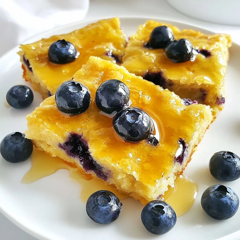 To make a delicious Blueberry Buttermilk Pancake Casserole, gather the following ingredients: - 2 cups all-purpose flour - 1 tablespoon baking powder - 1 teaspoon baking soda - ½ teaspoon salt - 2 tablespoons granulated sugar - 2 large eggs, at room temperature - 2 cups buttermilk, at room temperature - ¼ cup unsalted butter, melted (plus more for greasing the baking dish) - 1 teaspoon pure vanilla extract - 2 cups fresh blueberries (or use frozen if fresh are unavailable) - Maple syrup, for serving Each ingredient plays a key role in creating a tasty pancake casserole. The all-purpose flour provides structure, while baking powder and baking soda give it a nice lift. Eggs and buttermilk work together to create a fluffy texture. Using unsalted butter adds richness to the flavor. Vanilla extract gives your dish a delightful aroma. Blueberries bring sweetness and a pop of color. Don't forget the maple syrup; it adds the perfect finishing touch! {{ingredient_image_2}} - Preheat the oven to 350°F (175°C). - Grease a 9x13 inch baking dish with melted butter. This helps prevent sticking. - In a large bowl, sift together 2 cups of all-purpose flour, 1 tablespoon of baking powder, 1 teaspoon of baking soda, ½ teaspoon of salt, and 2 tablespoons of granulated sugar. - Whisk these dry ingredients until they mix evenly. - In another bowl, crack 2 large eggs and beat them well. - Add 2 cups of buttermilk, ¼ cup of melted unsalted butter, and 1 teaspoon of pure vanilla extract. - Mix this until smooth and fully combined. - Gradually pour the wet mixture into the bowl of dry ingredients. - Stir gently until just combined. A few lumps are okay; avoid overmixing. - Gently fold in 2 cups of fresh blueberries. This adds flavor and texture to the batter. - Carefully pour the batter into the greased baking dish. - Bake for 30-35 minutes. Check for doneness by inserting a toothpick in the center. It should come out clean. To make your pancake casserole fluffy, use room-temperature eggs and buttermilk. Cold ingredients can make the batter dense. Mix dry and wet ingredients gently. Overmixing can lead to tough pancakes, so stir just until combined. Letting the batter rest for a few minutes can help too. This short wait allows the flour to absorb moisture fully. You can easily change the flavor of your casserole. Try adding lemon zest for a fresh twist. A sprinkle of cinnamon or nutmeg can add warmth. You might also consider other fruits like strawberries or peaches. If you want a nutty crunch, toss in some chopped walnuts or pecans. Get creative with flavors that you love! For a stunning breakfast, cut the casserole into squares and serve them warm. Place each square on a colorful plate. Top with fresh blueberries for a pop of color. A small pitcher of warm maple syrup on the side makes serving easy. You can also add a dusting of powdered sugar for extra flair. These small touches make your dish look as good as it tastes! Pro Tips Use Room Temperature Ingredients: Allow your eggs and buttermilk to come to room temperature before mixing. This helps create a smoother batter and results in fluffier pancakes. Don’t Overmix: When combining the wet and dry ingredients, mix gently until just combined. Overmixing can lead to dense pancakes, so a few lumps are perfectly fine. Fresh or Frozen Blueberries: If using frozen blueberries, do not thaw them before adding to the batter. This prevents the batter from turning purple and keeps the berries intact during baking. Customize Your Toppings: Feel free to add nuts, chocolate chips, or a sprinkle of cinnamon to the batter for extra flavor. Top with whipped cream or yogurt for a delicious twist! {{image_4}} To make this pancake casserole gluten-free, use gluten-free flour blends. Options like almond flour or coconut flour work well. Each type may need different adjustments. For example, add a bit more liquid if using almond flour. This helps keep the batter moist and fluffy. Also, watch the baking time. Gluten-free batters can bake faster, so check for doneness early. If you want a vegan version, replace the eggs with flax eggs. Mix one tablespoon of ground flaxseed with three tablespoons of water for each egg. For buttermilk, use plant-based milk mixed with a bit of vinegar or lemon juice. For butter, try coconut oil or vegan butter. These swaps keep the flavor rich and delicious without using animal products. You can change the flavors by adding different fruits. Try strawberries, raspberries, or even bananas for a twist. You might also drizzle flavored syrups, like blueberry or maple, for extra sweetness. For a fun touch, add a sprinkle of cinnamon or nutmeg to the batter. These little changes make each bite a new experience! To store leftovers, let the casserole cool down first. Cut it into squares. Place the pieces in an airtight container. This keeps the pancakes fresh. You can store them in the fridge for up to three days. For reheating, I suggest using the oven. Preheat it to 350°F (175°C). Place the squares on a baking sheet. Cover them with foil to keep moisture in. Heat for about 10-15 minutes. This method keeps the texture soft and fluffy. You can also use a microwave. But keep in mind, it might dry out the pancakes a bit. To freeze the casserole, let it cool completely. Cut it into squares and wrap each piece in plastic wrap. Then, place them in a freezer-safe bag. This way, they stay fresh for up to two months. When you are ready to eat, thaw the squares in the fridge overnight. Reheat them in the oven or microwave as mentioned before. Yes, you can use frozen blueberries. They work well in this recipe. Frozen berries might make the batter a bit wetter. This can change the texture slightly, but the taste remains great. If you use frozen berries, do not thaw them first. Just fold them into the batter straight from the freezer. You can tell the casserole is done when the top is golden brown. Insert a toothpick into the center. If it comes out clean, the casserole is ready. It should feel firm, not jiggly. Let it cool for a few minutes before slicing. Yes, prep is easy! You can mix the dry ingredients the night before. Store them in a bowl or bag. You can also prepare the wet mix ahead. Just keep it in the fridge. When you are ready, combine them and bake. There are many great options! Serve with warm maple syrup for sweetness. Fresh whipped cream is also a fun choice. You can add yogurt for creaminess. Fresh fruits like bananas or strawberries will brighten the plate. This blog post covers how to make a delicious Blueberry Buttermilk Pancake Casserole. We discussed the ingredients you'll need, the step-by-step process, tips for customization, storage options, and answered common questions about the recipe. By following these simple steps, you can create a tasty breakfast that everyone will love. Remember, you can adapt this recipe to suit your tastes. Enjoy making this dish and share it with family and friends!