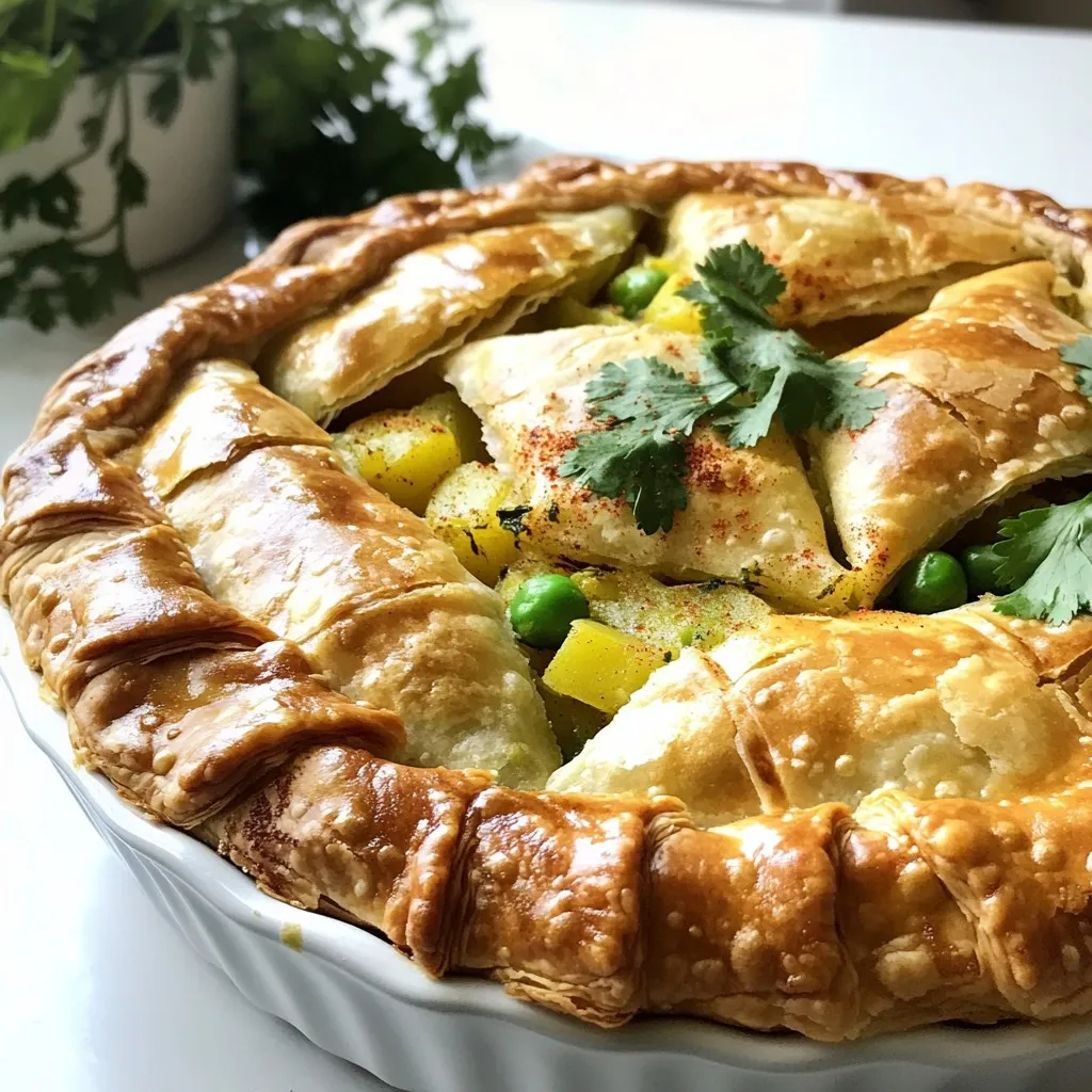 - 1 package of pre-made pie crusts (contains 2 crusts) - 2 cups potatoes, peeled and diced into 1-inch cubes - 1 cup peas (fresh or frozen) - 1 medium onion, finely chopped - 2 cloves garlic, minced - 1 teaspoon ginger, freshly grated - 1 teaspoon cumin seeds - 1 teaspoon coriander powder - ½ teaspoon garam masala - ½ teaspoon turmeric powder - ½ teaspoon red chili powder (adjust to taste for spice level) - Salt, to taste - 2 tablespoons vegetable oil - Fresh cilantro, chopped, for garnish (optional) If you don't have pie crusts, use puff pastry instead. It gives a nice flaky texture. You can swap potatoes with sweet potatoes for a twist. If you want a lighter filling, use cauliflower instead of potatoes. For peas, green beans or corn work well too. Use olive oil if you prefer a healthier fat option. If you can't find fresh ginger, use ground ginger in a pinch. When selecting potatoes, look for firm ones without sprouting. Fresh peas should feel crisp and bright green. For onions, pick ones that are heavy and firm. Garlic should be dry with no soft spots. Choose ginger that is smooth and firm, as it packs great flavor. Fresh herbs like cilantro should be vibrant and fragrant. Always check for any signs of spoilage before buying. {{ingredient_image_2}} First, you need to cook the potatoes. Take 2 cups of diced potatoes and put them in a pot. Cover the potatoes with salted water. Bring the water to a boil. Let them cook for about 10-15 minutes. The potatoes should be fork-tender. When done, drain the potatoes and set them aside to cool. Next, it's time to add flavor. Heat 2 tablespoons of vegetable oil in a large skillet over medium heat. Add 1 teaspoon of cumin seeds, letting them sizzle for about 30 seconds. This step brings out their aroma. Then, add 1 finely chopped onion, 2 minced cloves of garlic, and 1 teaspoon of freshly grated ginger. Sauté these for about 5 minutes. You want the onions to turn soft and translucent. Now, let’s make the filling. Add the cooled potatoes and 1 cup of peas to the skillet with the aromatics. Then, stir in the spices: 1 teaspoon of coriander powder, ½ teaspoon of garam masala, ½ teaspoon of turmeric powder, and ½ teaspoon of red chili powder. Adjust the chili powder to match your spice level. Add salt to taste. Mix everything well and let it cook for another 5 minutes. This allows the flavors to meld together. Remove the skillet from heat and cool the filling for a few minutes. Now, we will prepare the pie crust. Preheat your oven to 400°F (200°C). Roll out one pie crust and fit it into a 9-inch pie dish. Make sure to press gently along the sides and bottom. Spoon the samosa filling into the crust, spreading it evenly. Roll out the second pie crust and lay it over the filling. Use a fork to crimp the edges and seal the pie. Cut a few small slits in the top crust for steam to escape. Finally, bake the pie for 30-35 minutes, until the crust is golden brown and flaky. To keep your pie crust crisp, avoid adding too much liquid to the filling. When cooking your potatoes, drain them well. Let them cool before mixing. You can also sprinkle a thin layer of breadcrumbs on the bottom of the crust. This helps absorb extra moisture and keeps the crust flaky. Everyone has different spice preferences. Start with less red chili powder if you want a milder taste. You can always add more later. If you love heat, try adding fresh green chilies or more chili powder. Tasting as you cook helps you get it just right. Baking at the right temperature is key to a flaky crust. Preheat your oven to 400°F (200°C) before placing the pie in. Bake it until the top is golden brown, about 30 to 35 minutes. Let it cool briefly after baking. This waiting time helps the filling set, making it easier to slice. Pro Tips Choose the Right Potatoes: Use starchy potatoes like Russets for a fluffier filling that blends well with the spices. Customize Your Spices: Adjust the red chili powder and garam masala to your taste for a milder or spicier filling. Add a Crunch: For added texture, consider mixing in some crushed roasted peanuts or cashews into the filling. Let It Rest: After baking, allow the pie to sit for 5-10 minutes before slicing to help the filling set and make serving easier. {{image_4}} You can make this samosa pie vegetarian and vegan easily. Just skip any dairy. Use plant-based pie crusts. You can also use vegan yogurt or chutney for serving. The filling is already vegetarian. If you like, add tofu or tempeh for extra protein. This pie works well for many diets. Feel free to play with the filling. You can add vegetables like carrots, bell peppers, or spinach. Just chop them small. You can also use sweet potatoes for a unique twist. Mix in cauliflower for a tasty crunch. The key is to keep the vegetable pieces even, so they cook well. If you need a gluten-free option, look for gluten-free pie crusts. Many stores sell them now. You can even make your own with almond flour or rice flour. Just follow the package instructions for best results. This way, everyone can enjoy the samosa pie! To keep your samosa pie fresh, let it cool completely. Then, wrap it tightly in plastic wrap or foil. You can also place it in an airtight container. This will help keep it tasty for up to three days in the fridge. If you want to enjoy it later, storing it properly is key. When you're ready to eat the leftover pie, preheat your oven to 350°F (175°C). Place the pie on a baking sheet. Bake for about 15-20 minutes or until it's warm throughout. This method keeps the crust nice and crisp. You can also use a microwave if you’re in a hurry. Just heat it for 1-2 minutes, but the crust won’t be as crunchy. To freeze, first let the pie cool completely. Wrap it in plastic wrap, then in foil for extra protection. This pie can last in the freezer for up to three months. When you’re ready to eat it, thaw it in the fridge overnight. Then, reheat in the oven to enjoy a warm, delicious meal. Freezing is a great way to save time and enjoy this treat later! You can serve samosa pie with yogurt or mint chutney. Both add nice flavor. A fresh salad also pairs well. Try serving it with pickles for extra zest. If you want a drink, chai tea works great! Homemade samosa pie lasts for about 3 to 4 days in the fridge. Make sure to store it in an airtight container. If you want to keep it longer, consider freezing it. Yes, you can make samosa pie ahead of time. Prepare the filling and pie crust the day before. Assemble the pie and bake it on the day you plan to serve it. Samosas come from the Indian subcontinent. They have roots in Middle Eastern cuisine. Over time, they became popular in India and other countries. Today, samosas are loved worldwide for their tasty fillings and crispy crusts. This blog covered how to make samosa pie from start to finish. You learned about key ingredients, cooking steps, and clever tips to avoid a soggy crust. I shared variations to suit different diets and how to store leftovers properly. Samosa pie is fun to make and share. You can easily adjust the flavor and ingredients. Happy cooking!