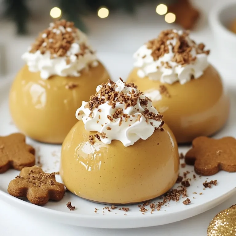 To create the delightful Gingerbread Latte Mousse Domes, you will need a few key ingredients. Each element adds flavor and texture to this festive treat. - 1 cup brewed strong coffee (cooled to room temperature) - 2 teaspoons ground ginger - 2 teaspoons ground cinnamon - 1 teaspoon ground nutmeg - 1 tablespoon molasses - 1 cup heavy cream - ½ cup confectioners' sugar - 2 tablespoons gelatin powder - ¼ cup cold water - 1 teaspoon vanilla extract - 1 cup crushed gingerbread cookies (for the base and for garnish) - Whipped cream (for topping) - Chocolate shavings (for garnish) These ingredients work together to create a rich, creamy dessert. The brewed coffee gives depth, while the spices bring warmth. The whipped cream makes the mousse light and fluffy. Don't forget the gingerbread cookies; they add a nice crunch. Each bite offers a cozy flavor that makes this dessert perfect for the holidays. {{ingredient_image_2}} To bloom gelatin, start with a small bowl. Sprinkle the gelatin powder over cold water. Let it sit for about 5 minutes. You will see it become jelly-like and puffy. This is how you know it’s ready. For a good consistency, ensure the gelatin dissolves fully in the next step. In a medium bowl, whisk together the cooled coffee, ground ginger, ground cinnamon, nutmeg, molasses, and vanilla. Mixing well is key here. You want the spices and molasses to blend fully. This step adds rich flavor to your mousse. In a separate bowl, mix heavy cream and confectioners' sugar. Use an electric mixer to whip the cream. Stop when soft peaks form. Be careful not to over-whip. The cream should stay light and airy, which gives the mousse its fluffy texture. Now, gently fold the whipped cream into the coffee mixture. Do this in three parts. Use a spatula to fold, not stir. This keeps the whipped cream fluffy. The goal is a light and airy mousse, so be gentle. Prepare your silicone molds by lightly greasing them. You can use cooking spray or silicone mats to keep them from sticking. Sprinkle crushed gingerbread cookies at the bottom of each mold. Then, pour the mousse mixture over the crumbs, filling each dome evenly. After chilling for at least 4 hours, check if the mousse is set. Gently pull the edges of the silicone molds to release the domes. For a nice touch, you can lightly torch the tops for a glossy finish. Finally, add a dollop of whipped cream on top and sprinkle with more gingerbread crumbs and chocolate shavings. Enjoy your delightful dessert! To get the best mousse, use room temperature ingredients. Cold ingredients can make your mousse grainy. Allow your coffee and cream to warm up a bit before mixing. This helps everything blend better. To avoid collapsing, handle the whipped cream gently. Always fold it into the coffee mixture. Stirring too hard can deflate the air you just whipped in. Keep the light and airy texture for a perfect mousse. For serving, I love using a dark slate platter. The contrast looks stunning against the mousse's light color. You can decorate with small gingerbread cookies or cinnamon sticks. This adds a cozy, festive touch. When plating, use a dollop of whipped cream on top. Sprinkle more crushed gingerbread cookies and chocolate shavings. This not only looks pretty but also adds taste and texture. One key mistake is overcooking the gelatin. Gelatin should just dissolve; if it boils, it can lose its setting power. Always heat it gently until it's clear. Another mistake is misjudging the chill time. Your mousse needs at least four hours in the fridge. Rushing this step can lead to a runny dessert. Be patient; the wait is worth it! Pro Tips Use Fresh Spices: Freshly ground spices enhance the flavor profile of the mousse. Consider grinding whole spices to maximize aroma and taste. Temperature Matters: Ensure that the heavy cream is very cold before whipping. This helps achieve the best volume and texture in your whipped cream. Perfect Gelatin Bloom: Allow the gelatin to sit for a full 5 minutes before heating. This ensures it blooms properly and dissolves completely for a smooth mousse. Chill Thoroughly: For the best texture, chill the mousse domes for the full 4 hours. This allows the flavors to meld and the mousse to set perfectly. {{image_4}} You can switch up the flavors in your Gingerbread Latte Mousse Domes. Try adding different spices. Cardamom or allspice can give a warm twist. You can also add chocolate or caramel flavors for richness. Swirling in some caramel sauce before chilling adds a sweet surprise. If you need gluten-free options, use gluten-free gingerbread cookies. For dairy-free needs, coconut cream works well as a substitute for heavy cream. You can also use almond milk for the coffee mixture. These swaps keep the taste while fitting various diets. You have options on how to serve these delightful domes. You can serve them individually or on a sharing platter. Individual servings look cute and are easy to grab. A sharing platter can be fun for gatherings. Pair these domes with other holiday treats like peppermint bark or fruit tarts. They make a festive and tasty spread. To keep your uneaten mousse domes fresh, store them in an airtight container. Use plastic wrap or foil to cover them if you do not have a container. This helps prevent air from drying out the mousse. You can store the mousse domes in the fridge for up to 3 days. After that, their texture might change and lose some flavor. You cannot reheat mousse. The light and airy texture would not hold up. Instead, serve the domes cold right from the fridge. If you want a warm touch, try topping them with warm chocolate sauce or a warm drink. This adds a nice contrast without changing the mousse itself. A Gingerbread Latte Mousse Dome is a rich, creamy dessert with a coffee and spice flavor. It features a gingerbread cookie base and a light mousse made with whipped cream and coffee. This dessert is popular during the holiday season, making it a festive treat for gatherings and celebrations. Yes, you can make these domes in advance. I recommend chilling them for at least four hours to set properly. You can prepare them up to two days ahead of time. Just keep them covered in the fridge until you are ready to serve. If you want a vegan option, you can use agar-agar as a substitute for gelatin. It works well in this recipe. To use agar, dissolve it in boiling water first. Be sure to follow the package instructions for the best results. You can find these delightful mousse domes at local bakeries during the holiday season. Some bakeries may take special orders for custom treats. You can also look online for gourmet dessert shops that offer delivery options. This blog post showed you how to create a delicious Gingerbread Latte Mousse Dome. We covered the key ingredients, preparation steps, and tips to ensure your mousse is perfect. Remember, using room temperature ingredients helps achieve the best texture. Don't forget to try different flavors or dietary options to suit your taste. Whether for a festive gathering or a cozy night in, this treat will surely impress. Enjoy making your dessert and share it with friends or family for a sweet experience!