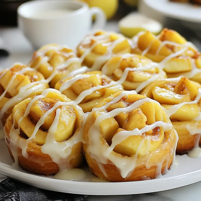 - 3 cups all-purpose flour - 1/4 cup granulated sugar - 1 packet (2 1/4 teaspoons) instant yeast - 1/2 teaspoon salt - 1/4 cup unsalted butter, melted - 1 cup warm milk (approximately 110°F) - 1 large egg - 2 medium apples, peeled, cored, and finely chopped - 1 tablespoon lemon juice - 1 tablespoon ground cinnamon - 1/4 cup packed brown sugar - 1 tablespoon all-purpose flour - 1/4 teaspoon ground nutmeg - 1 cup powdered sugar - 2 tablespoons milk - 1/2 teaspoon vanilla extract When making apple pie cinnamon rolls, each ingredient plays a key role. The dough starts with all-purpose flour. This gives the rolls their structure. Granulated sugar adds sweetness, while instant yeast helps the dough rise. Salt enhances flavor, and melted butter makes the dough rich and soft. Warm milk activates the yeast. The egg binds everything together. For the filling, I choose medium apples. They offer the right balance of sweet and tart. Lemon juice keeps the apples fresh. Ground cinnamon adds warmth and spice, while brown sugar gives it a caramel-like taste. A little flour thickens the filling, making it gooey. Ground nutmeg adds a touch of warmth. Finally, the glaze is simple but essential. Powdered sugar gives it sweetness. Milk creates a smooth texture, and vanilla extract adds a lovely aroma. Together, these ingredients create a delightful treat that will impress everyone. {{ingredient_image_2}} - In a large bowl, whisk together: - 3 cups all-purpose flour - 1/4 cup granulated sugar - 1 packet (2 1/4 teaspoons) instant yeast - 1/2 teaspoon salt - In a separate bowl, mix the wet ingredients: - 1/4 cup melted unsalted butter - 1 cup warm milk (about 110°F) - 1 large egg - Gradually pour the wet mixture into the dry ingredients. - Stir with a wooden spoon until a dough forms. - Transfer to a floured surface. - Knead for about 5-7 minutes until the dough feels smooth and elastic. - Shape the dough into a ball and place it in a greased bowl. - Cover it with a kitchen towel. - Let it rise in a warm spot for about 1 hour or until it doubles in size. - While the dough rises, prepare the apple filling. - Once the dough has risen, punch it down to release air. - Roll it out on a floured surface into a rectangle, about 18x12 inches. - Spread the apple filling evenly over the rolled dough. - Starting from one long edge, roll the dough tightly into a log shape. - Use a sharp knife to slice the log into 12 equal pieces. - Place the sliced rolls in a greased 9x13 inch baking dish. - Cover the dish with a cloth and let the rolls rise again for 30 minutes. - Preheat your oven to 350°F. - Bake the rolls for 25-30 minutes until golden brown. - While the rolls bake, whisk together the glaze: - 1 cup powdered sugar - 2 tablespoons milk - 1/2 teaspoon vanilla extract - Mix until smooth and creamy. These steps ensure you create scrumptious apple pie cinnamon rolls. Enjoy the process and the delicious results! Kneading is key to good dough. It helps develop gluten, which gives rolls their nice texture. Knead for about 5-7 minutes until smooth. This step is fun and easy. You can feel the dough change as you work it. Dough needs warmth to rise well. The best temperature is around 75°F to 80°F. If your kitchen is cool, find a warm spot. An oven with just the light on works great. This helps the dough double in size. To make your rolls even better, add spices. Try a pinch of ginger or allspice. These extra flavors will make your rolls pop. You can also mix in a bit of vanilla for sweetness. The type of apples you use matters too. Fuji and Honeycrisp apples are sweet and hold their shape. Granny Smith apples add a nice tartness. Mixing different apple types can create a balanced flavor. Serve your rolls on a colorful platter. It makes them look special. Drizzle more glaze on top for a sweet touch. This adds shine and makes them look inviting. For garnishing, use thin apple slices. Place them around the rolls for color. A light dusting of cinnamon on top adds a nice finish. These small details will impress your guests. Pro Tips Use Fresh Apples: For the best flavor, choose firm and tart apple varieties like Granny Smith or Honeycrisp to balance the sweetness of the rolls. Prevent Sticking: Lightly flour your work surface and rolling pin to prevent the dough from sticking while rolling it out, making it easier to handle. Check for Doneness: To ensure your rolls are perfectly baked, look for a golden brown color and check that the internal temperature reaches 190°F (88°C). Let Them Cool: Allow the cinnamon rolls to cool slightly before drizzling the glaze, as this will help it adhere better and prevent it from melting away. {{image_4}} You can make your cinnamon rolls even sweeter! Adding caramels gives them a rich flavor. Simply sprinkle chopped caramels on top of the apple filling. When you bake them, the caramels will melt and blend perfectly with the apples. You get a delightful mix of flavors and textures. If you like nuts, try adding them to the filling. Chopped pecans or walnuts work well. Just mix them in with the apples, lemon juice, and spices. The nuts add a crunchy texture and a nutty taste. This variation gives your rolls a unique twist that everyone will love. You can easily make these rolls vegan! Replace the milk with almond or oat milk. Use flax eggs instead of regular eggs. For the butter, try coconut oil or vegan butter. These swaps keep the flavors rich and delicious while being plant-based. Enjoy your warm, gooey rolls without any animal products! To keep your apple pie cinnamon rolls fresh, refrigeration is key. Place leftover rolls in an airtight container. This helps keep them soft and tasty. If you do not have a container, wrap them tightly in plastic wrap. Store them in the fridge for up to 3 days. Freezing is a great way to save extra rolls. Start by letting the rolls cool completely. Once cool, place them in an airtight freezer bag. Remove as much air as you can before sealing. These rolls can last in the freezer for up to 3 months. When you want to enjoy them, take out the rolls and let them thaw in the fridge overnight. To reheat, simply warm them in the oven at 350°F for about 10 minutes. This will restore their fluffy texture. At room temperature, these rolls last about 2 days. Keep them covered to avoid drying out. If the weather is hot or humid, I recommend refrigerating them sooner. This keeps the rolls from spoiling too quickly. Yes, you can use store-bought dough. It saves time and effort. Pros: - Quick and easy to use. - No need to knead or rise dough. Cons: - Flavor may not be as fresh. - Texture might be different than homemade. For the best flavor, use a mix of sweet and tart apples. I recommend these types: - Honeycrisp: Sweet and crisp - Granny Smith: Tart and firm - Fuji: Sweet and juicy This mix gives your rolls a nice balance of flavor. Look for these signs: - Golden brown color on top. - Rolls should feel firm to the touch. - A toothpick comes out clean when poked in the center. Letting them cool a bit will help too. Yes, you can prepare them ahead. - Make the dough and filling, then chill overnight. - Shape the rolls and let them rise in the fridge. - Bake them fresh in the morning. This way, you enjoy warm rolls without morning stress. You learned how to make delicious apple pie cinnamon rolls. We covered the ingredients, step-by-step instructions, and helpful tips. These rolls are perfect for any occasion. You can also try variations like caramel or vegan options. Storing leftovers is easy, so you can enjoy them later. Whether you're baking for yourself or friends, these rolls will impress. I hope you enjoy making them as much as I do. Your kitchen will smell amazing!