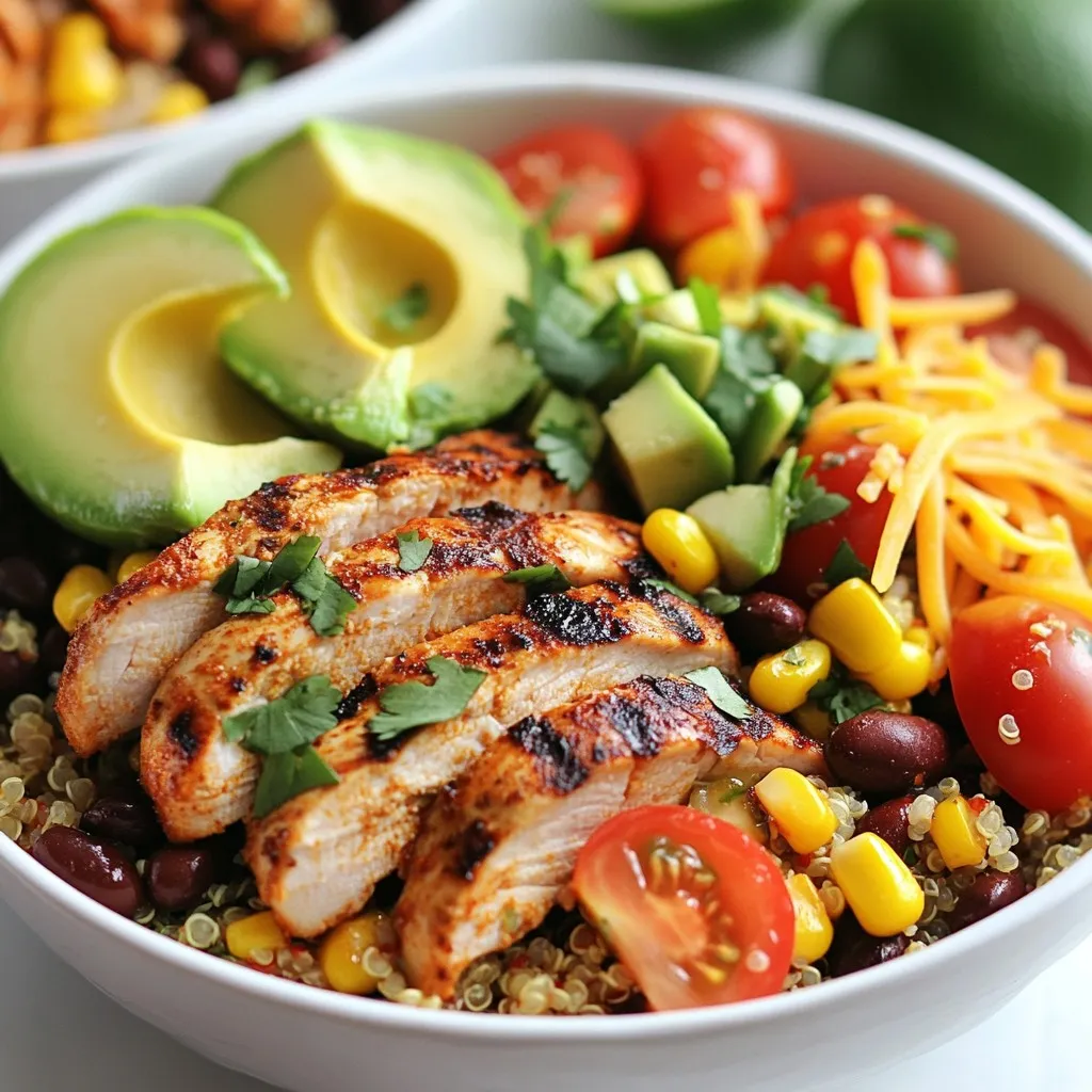 - 2 boneless, skinless chicken breasts - 1 tablespoon olive oil - 1 tablespoon chili powder - 1 teaspoon ground cumin - 1 teaspoon smoked paprika - Salt and freshly ground black pepper to taste - 1 cup cooked quinoa or brown rice - 1 can (15 oz) black beans, drained and rinsed - 1 cup sweet corn (fresh or frozen) - 1 red bell pepper, finely diced - 1 cup cherry tomatoes, halved - 1 ripe avocado, sliced - 1/4 cup fresh cilantro, chopped - 1 lime, cut into wedges - 1/2 cup shredded cheddar cheese (optional) - Salsa or hot sauce, for serving You can swap chicken for tofu or tempeh for a vegetarian dish. Instead of quinoa, use brown rice or cauliflower rice. If you are out of black beans, kidney beans work well too. For a sweeter touch, you can use bell peppers of any color. Canned corn can be replaced with fresh corn cut from the cob. If you don’t have cilantro, try parsley or green onions for a fresh taste. Always choose fresh ingredients for the best flavor. Look for chicken that is pink and firm. When buying vegetables, choose bright, firm produce with no blemishes. Store your avocado at room temperature until ripe, then refrigerate to keep it fresh longer. If you have leftovers, keep them in an airtight container. This helps maintain their taste and texture for another meal. {{ingredient_image_2}} First, take a medium bowl. Whisk together olive oil, chili powder, ground cumin, smoked paprika, salt, and black pepper. This mix gives great flavor to the chicken. Add the chicken breasts to the bowl. Make sure they are well-coated in the marinade. Cover the bowl and let it sit for at least 20 minutes. For deeper flavor, refrigerate it for up to 2 hours. Next, preheat your grill or skillet over medium heat. Once it’s hot, add the marinated chicken breasts. Cook them for about 6-7 minutes on each side. You want the chicken to be fully cooked. It should no longer be pink inside and reach 165°F (75°C). After that, take the chicken off the heat. Let it rest for 5 minutes. Then, slice the chicken into strips. While the chicken cooks, prepare the bowl base. In a large mixing bowl, combine cooked quinoa or brown rice, black beans, sweet corn, diced red bell pepper, and halved cherry tomatoes. Gently toss everything together. Season with salt and pepper to taste. This base is full of flavor and nutrients. Now it’s time to assemble the bowls. Divide the quinoa or rice mixture into four serving bowls. Place the sliced grilled chicken on top of each bowl. Add sliced avocado and, if you like, some shredded cheddar cheese. This adds a nice touch of creaminess. Finally, garnish each bowl with chopped fresh cilantro. This adds color and flavor. Serve lime wedges and your choice of salsa or hot sauce on the side. It gives an extra burst of flavor that everyone loves. To make the best marinade, mix olive oil with chili powder, cumin, and smoked paprika. This mix gives the chicken a great flavor. Add salt and pepper to taste. Coat the chicken breasts well in this mixture. Let them marinate for at least 20 minutes. If you can, let them sit for two hours. This helps the flavors soak in better. When cooking chicken, use medium heat. This helps the chicken cook through without burning. Grill the marinated chicken for 6-7 minutes on each side. Check the chicken's center; it should not be pink. The right temperature is 165°F (75°C). After cooking, let the chicken rest for 5 minutes. This keeps it juicy when you slice it. To make your burrito bowls look great, layer the ingredients. Start with quinoa or rice at the bottom. Then, add the chicken on top. Next, place the avocado slices and cheese. Finally, sprinkle cilantro over everything. Serve with lime wedges and salsa on the side for color and flavor. A colorful napkin adds a fun touch to the meal. Pro Tips Marinate for Maximum Flavor: Allow the chicken to marinate for at least 2 hours to infuse deeper flavors into the meat. Choose the Right Rice: For a healthier option, opt for quinoa instead of brown rice; it adds a nutty flavor and is packed with protein. Perfectly Cooked Chicken: Use a meat thermometer to ensure your chicken reaches an internal temperature of 165°F (75°C) for safe consumption. Garnish for Visual Appeal: Don’t skip the cilantro and lime wedges; they not only enhance flavor but also add a beautiful pop of color to your dish. {{image_4}} You can make a tasty vegetarian version of this bowl. Instead of chicken, use grilled or roasted veggies. Bell peppers, zucchini, and mushrooms work great. You can also add protein with black beans or chickpeas. For a cheesy touch, sprinkle some feta or queso fresco on top. This option is colorful and full of flavor. If you like heat, try adding jalapeños or diced serrano peppers. You can mix some chipotle powder into the marinade for the chicken. If you prefer no meat, marinate tofu in the same spices. Top with a spicy salsa or hot sauce to kick up the flavor. This version will give your taste buds a real thrill! One of the best parts of these burrito bowls is how you can change them up. Swap quinoa or brown rice for cauliflower rice for a low-carb option. Add your favorite veggies like spinach, diced cucumbers, or shredded carrots. You can even use different beans, such as pinto or kidney beans. This way, every bowl can be unique! Store your Southwest Chicken Burrito Bowls in an airtight container. Leave out any toppings like avocado and cheese to keep them fresh. You can keep the bowls in the fridge for up to three days. This way, you can enjoy them later without losing flavor. To reheat, place your bowl in the microwave. Heat it on medium power for about 2-3 minutes. Stir halfway through to avoid hot spots. If you want to use the oven, preheat it to 350°F (175°C). Place the bowl in the oven for 10-15 minutes. Make sure to cover it with foil to keep the moisture in. If you want to freeze your burrito bowls, do not add fresh ingredients like avocado or cheese. Place the chicken and grain mix in a freezer-safe container. They will stay good for up to three months. When ready to eat, thaw them overnight in the fridge. Then, reheat as mentioned above. Enjoy your meal without the stress! Yes, you can use frozen chicken. Just remember to thaw it fully first. This helps the marinade soak in well. Cook it the same way as fresh chicken. Ensure it reaches 165°F (75°C) before serving. To make this dish gluten-free, choose gluten-free grains. Use quinoa, brown rice, or corn tortillas. Check for gluten-free labels on beans and salsa. This way, you keep all the great flavors without gluten. You can serve a variety of sides. Consider tortilla chips and guacamole. Fresh salsa or a simple green salad work well too. You might also add some fruit for a sweet touch. You can prepare the chicken and bowl base ahead. Marinate the chicken and store it in the fridge. Cook it the next day. You can also mix the bowl ingredients and keep them in the fridge. Just assemble right before serving for the best taste. You learned about making Southwest Chicken Burrito Bowls from selecting ingredients to cooking. I shared tips for freshness, suggested substitutions, and highlighted variations like vegetarian and spicy options. Proper storage and reheating will help keep your meal tasty. Get ready to enjoy tasty bowls with fun flavors. Embrace these steps, and make this meal your own!