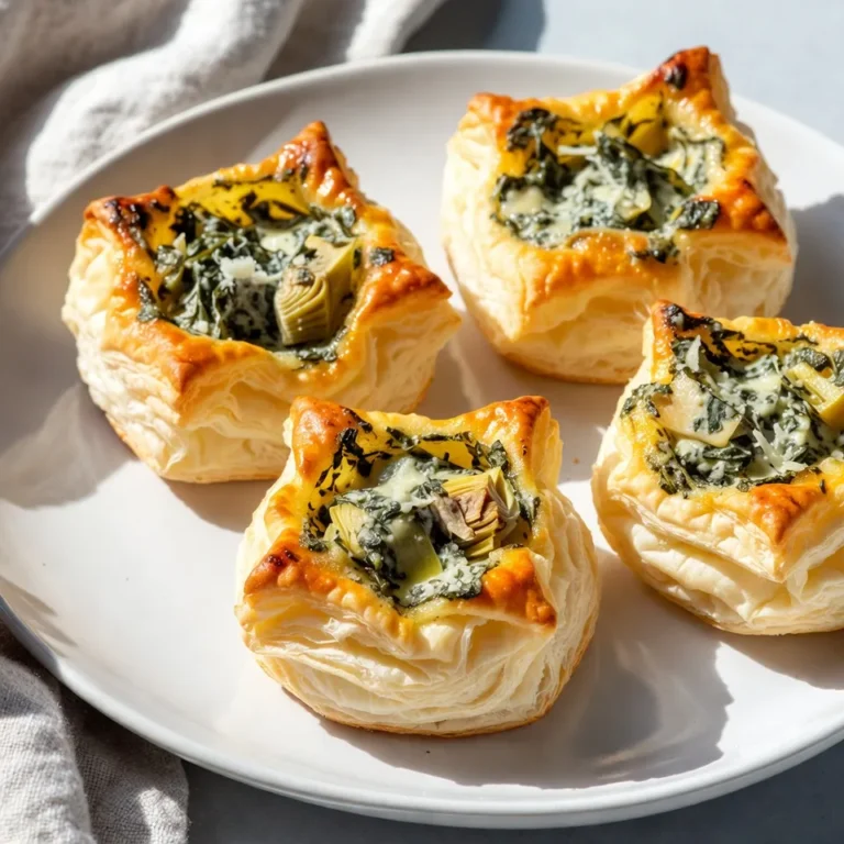 - 1 cup fresh spinach, finely chopped - 1 cup canned artichoke hearts, well-drained and chopped - 1/2 cup cream cheese, softened to room temperature - 1/2 cup sour cream Fresh ingredients bring life to any dish. Spinach is packed with vitamins and adds a nice color. Artichoke hearts offer a unique, slightly nutty flavor. Cream cheese provides creaminess, making the dip rich. Sour cream adds a tangy taste that pairs well with the other flavors. - 1/2 cup grated Parmesan cheese - 1/2 teaspoon garlic powder - 1/4 teaspoon crushed red pepper flakes (optional, for a hint of heat) The dry ingredients play a big role in flavor. Parmesan cheese adds a salty, umami punch. Garlic powder gives a savory kick. Red pepper flakes can be added for a bit of heat, but this is optional. Adjust the spice to fit your crowd’s taste. - 1 package puff pastry sheets (2 sheets) - 1 egg, beaten (for egg wash) - Salt and black pepper, to taste Puff pastry is the star of this dish. It turns golden and flaky when cooked. The beaten egg acts as a wash, giving a beautiful finish. Salt and black pepper enhance the filling's flavor, making the bites truly tasty. {{ingredient_image_2}} - Preheat the oven to 400°F (200°C). - Line a baking sheet with parchment paper. First, you want to get your oven hot. This helps the bites puff up perfectly. Lining the baking sheet with parchment paper stops them from sticking and makes cleanup easier. - Combine ingredients in a bowl. - Season and blend until smooth. In a medium bowl, mix together the finely chopped spinach, chopped artichoke hearts, softened cream cheese, sour cream, grated Parmesan, garlic powder, and crushed red pepper flakes if you want some heat. Add salt and black pepper to taste. Stir until you have a creamy, smooth mix. This mixture is the heart of your bites. - Roll out puff pastry sheets. - Cut into squares and fill. Roll out your puff pastry sheets on a lightly floured surface. Aim for a slightly thinner sheet. Cut each sheet into 3x3 inch squares. Take about a tablespoon of your spinach-artichoke mixture and place it in the center of each square. - Seal the pastries and apply egg wash. - Bake until golden brown. Fold the corners of each pastry square over the filling. Pinch the edges together to seal them tightly. Brush the tops with beaten egg to give them a nice golden color. Place the filled bites on the lined baking sheet, leaving space between each one. Bake them for about 15-20 minutes. They should puff up and turn a lovely golden brown. Once done, let them cool for a few minutes before serving. Enjoy these bites hot, or serve them with your favorite dip. To roll out puff pastry, keep it cold. A cold pastry puffs better. Use a floured surface to prevent sticking. Roll to about 1/8 inch thick for nice bites. For soggy bottoms, bake on parchment paper. This allows hot air to circulate. Ensure the filling is not too wet. Drain artichokes well to avoid moisture. To spice up the filling, add chopped green onions or bell peppers. A dash of lemon zest brings a fresh taste. You can also mix in cooked bacon for a savory twist. For dipping sauces, try ranch or marinara. A spicy aioli can add a kick. Arrange the bites on a large platter. Space them out to show off the golden color. Use fresh herbs like parsley or basil for garnish. A sprinkle of extra Parmesan on top adds flair. You can even serve with a small bowl of dipping sauce in the center. This makes your snack look tasty and inviting. Pro Tips Use Fresh Ingredients: Fresh spinach and high-quality artichoke hearts will enhance the flavor of your dip bites significantly. Always opt for fresh over canned when possible. Chill the Filling: For easier handling, chill the spinach-artichoke mixture for about 30 minutes before filling the puff pastry. This will help it hold its shape better. Puff Pastry Handling: Keep the puff pastry sheets covered with a damp cloth while you work to prevent them from drying out and becoming hard to work with. Experiment with Cheeses: Feel free to mix in other cheeses like mozzarella or cheddar for a different flavor profile. Just ensure the total cheese volume remains the same. {{image_4}} Using frozen spinach instead of fresh is a smart choice. Frozen spinach is easy to use and saves time. Just thaw and drain it well before mixing it into your dip. This step is key to avoid extra moisture in your bites. For cheese alternatives, try using vegan cream cheese or a nut-based option. If you want a lighter version, use Greek yogurt instead of sour cream. These swaps can help you adjust the flavor and texture to your liking. To make vegan adaptations, substitute dairy products with plant-based options. Use vegan cream cheese, cashew cheese, or silken tofu to create a creamy filling. This way, you can enjoy the same great taste while keeping it plant-based. For gluten-free options, choose gluten-free puff pastry. Many stores offer this now. This choice lets anyone with gluten sensitivities enjoy these delicious bites without worry. If you love heat, try spicy variations. Add chopped jalapeños or a dash of hot sauce to the mix. This twist gives your bites a nice kick! For herb-infused options, consider adding fresh herbs like basil or dill. These herbs can brighten the dish and add fresh notes to each bite. This small change can make your snack even more special. To keep your spinach artichoke dip bites fresh, store them in the fridge. Place the bites in an airtight container. This helps lock in moisture and flavor. You can also use a glass or plastic container with a tight lid. Make sure to eat leftovers within three days for the best taste. If you want to save some bites for later, freezing is a great option. First, let the bites cool completely. Then, place them in a single layer on a baking sheet. Freeze them until firm, about two hours. Once firm, transfer the bites to a freezer-safe bag. Remove as much air as possible before sealing. You can keep them frozen for up to three months. To reheat, bake them straight from the freezer at 350°F (175°C) for about 25-30 minutes. These delightful bites stay fresh for a few days in the fridge. If stored well, they can last up to three days after cooking. If you notice any off smell, changes in color, or mold, it’s best to throw them away. Always trust your senses to check for spoilage. Can I make these bites ahead of time? Yes, you can prepare the filling a day in advance. Store it in the fridge. You can also assemble the bites and freeze them. Just bake them when you are ready to eat. What is the best way to reheat leftovers? To reheat, place the bites on a baking sheet. Bake them at 350°F (175°C) for about 10 minutes. This keeps them crispy and warm. Can I use fresh artichokes instead of canned? Yes, you can use fresh artichokes. Just cook and chop them first. They add a great taste but take more time to prepare. Is there a low-fat alternative to cream cheese? You can use Greek yogurt in place of cream cheese. It gives a nice texture and keeps the flavor light. How to ensure even cooking of the bites? Make sure the bites are all the same size. This helps them cook evenly. Also, space them out on the baking sheet for good air flow. What to do if the filling spills out during baking? If the filling spills, don’t worry! Just keep an eye on them. Use a spatula to gently push the filling back in if needed. Making spinach artichoke dip bites is fun and simple. We explored fresh and dry ingredients that create a tasty filling. You learned how to prepare, assemble, and bake the bites to golden perfection. I also shared tips for storage and variations to suit different diets. With these steps and tricks, you can impress friends and family with a delicious snack. Enjoy your cooking adventure, and remember, the best bites are those made with joy!