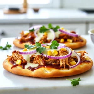 - Large flatbreads - Cooked shredded chicken - BBQ sauce - Shredded mozzarella cheese - Red onion - Corn - Fresh cilantro - Olive oil - Salt and pepper When crafting BBQ chicken flatbread pizza, you want to gather all the right ingredients. Start with large flatbreads as your base. These will hold all the delicious toppings. Next, use cooked shredded chicken, which you can get from a rotisserie chicken or cook yourself. BBQ sauce adds that smoky, sweet flavor we all love. Shredded mozzarella cheese is key for that gooey texture. Red onion brings a nice bite, while corn adds sweetness. Fresh cilantro gives a pop of color and freshness. Don't forget olive oil to brush on the flatbreads. Finally, season with salt and pepper to bring out all the flavors. - Gluten-free flatbread options - Dairy-free cheese alternatives - Adjusting for spicy preferences If you need gluten-free options, look for gluten-free flatbreads at your store. Many brands make tasty choices. For those avoiding dairy, try dairy-free cheese instead. Brands like Daiya or Violife offer great alternatives. If you like spice, add some jalapeños or hot sauce to the BBQ chicken mixture. You can adjust the toppings to fit your taste. This pizza is flexible, so feel free to make it your own! {{ingredient_image_2}} First, preheat your oven to 400°F (200°C). This helps cook the flatbread just right. In a mixing bowl, combine 1 cup of cooked, shredded chicken with 1/2 cup of BBQ sauce. Mix well so the chicken is fully coated. Next, take 2 large flatbreads. Lightly brush them with 1 tablespoon of olive oil. This adds flavor and helps them crisp up. Evenly spread the BBQ chicken mixture on each flatbread. Leave some space at the edges for a nice crust. Now, sprinkle on 1 cup of shredded mozzarella cheese. This gives your pizza that melty goodness. Add 1/2 cup of thinly sliced red onion and 1/2 cup of drained corn on top. These toppings add great crunch and flavor. Season with salt and pepper to taste. Place the flatbreads directly on the oven rack or on a baking sheet. Bake for about 10-12 minutes. Look for the cheese to bubble and the edges to turn golden brown. When done, take them out and sprinkle 1/4 cup of chopped fresh cilantro on top for extra flavor. Slice the flatbreads into pieces and enjoy your BBQ chicken flatbread pizza warm! To get that perfect crunch, always use olive oil. It helps your flatbreads crisp up nicely. Brush a thin layer on each flatbread before baking. You can bake the flatbreads directly on the oven rack for better airflow. This method lets heat reach all sides. If you prefer, you can use a baking sheet, but this may make them less crispy. For a richer taste, try using smoked BBQ sauce. This adds a nice depth of flavor to your pizza. You can also play with toppings. Extra vegetables like bell peppers or jalapeños can add more taste and fun textures. They make every bite more exciting. Choose a sturdy baking sheet for even heat. Look for one that is not too thin, as it can warp. For slicing your flatbreads, a sharp knife works best. It cuts cleanly through the cheese, making serving easy. Pro Tips Use Grilled Chicken: For an extra smoky flavor, consider using grilled chicken instead of plain cooked chicken. It enhances the overall taste of the pizza. Experiment with Cheese: Try mixing different types of cheese like cheddar or gouda with mozzarella for a unique flavor profile. Customize Your Toppings: Feel free to add other toppings like jalapeños or bell peppers for additional flavor and texture. Serve Hot: For the best experience, serve the flatbreads immediately after baking while the cheese is still melty and the crust is crispy. {{image_4}} You can make your BBQ chicken flatbread pizza even better with fun toppings. Here are some ideas: - Bell Peppers: Sliced bell peppers add sweetness and color. - Jalapeños: For a spicy kick, add sliced jalapeños. - Cheddar Cheese: Swap mozzarella for sharp cheddar for a bold taste. - Feta Cheese: Crumbled feta gives a salty, creamy touch. These toppings will change the flavor and make each bite exciting. If you're not in the mood for chicken, no problem! You can switch it up: - Pulled Pork: Use BBQ pulled pork instead of chicken for a smoky flavor. - Tofu: For a plant-based option, try BBQ tofu. Marinate it in BBQ sauce and grill before adding. These options keep the meal fun and fresh. You can also explore different flavors with your flatbread pizza: - Mexican-Inspired: Add black beans, corn, and avocado for a tasty twist. - Mediterranean Flavor: Use olives, artichokes, and feta cheese for a vibrant taste. These variations allow you to enjoy BBQ chicken flatbread pizza in new ways. To keep your BBQ chicken flatbread pizza fresh, store it correctly. First, let the pizza cool to room temperature. Then, wrap each flatbread tightly in plastic wrap. You can also place them in an airtight container. This helps to keep moisture out and flavors in. - Refrigeration: Store leftovers in the fridge for up to three days. This keeps them safe and tasty. - Freezing: If you want to save some for later, freeze them. Wrap each flatbread in foil before placing it in a freezer bag. This way, they can last for up to three months. When you are ready to enjoy your leftovers, reheating is key to keeping them delicious. Here are the best methods: - Oven: Preheat your oven to 350°F (175°C). Place the flatbread directly on the rack for about 10 minutes. This method helps the crust stay crispy. - Microwave: If you’re in a hurry, use the microwave. Place the flatbread on a microwave-safe plate. Heat it for 1-2 minutes. To keep the crust crispy, place a cup of water in the microwave with it. Here are some tips to ensure your pizza stays crisp: - Avoid covering the pizza while reheating. This will keep moisture away. - If using a microwave, check every 30 seconds to prevent overcooking. Following these steps will make sure your BBQ chicken flatbread pizza tastes just as good as the first time! To make BBQ chicken flatbread pizza gluten-free, choose gluten-free flatbreads. Many stores offer these options. You can also make your own using gluten-free flour. Just follow a simple recipe online. Ensure that all other ingredients, like BBQ sauce, are also gluten-free. Always check labels to confirm. If you need a substitute for shredded chicken, try using canned chickpeas. Just drain and mash them a bit. Another option is pulled pork for a different flavor. You can also use tofu for a vegetarian choice. Simply cube it and toss with BBQ sauce before using. Yes, you can prepare BBQ chicken flatbread pizza in advance. You can assemble the flatbreads and store them in the fridge for a few hours. Just add toppings right before baking. This keeps everything fresh. You can also freeze the assembled flatbreads. Just wrap them well and store them in a freezer bag. Yes, you can make BBQ chicken flatbread pizza in an air fryer. Preheat the air fryer to 375°F (190°C). Assemble the flatbreads as usual. Cook them for about 8-10 minutes. Check for a golden crust and bubbly cheese. Adjust time as needed based on your air fryer model. To sum up, you can make a tasty BBQ chicken flatbread pizza with easy steps. We covered ingredients, like flatbreads, chicken, BBQ sauce, and cheese. You learned how to bake it until crispy and delicious. I also shared tips for different flavors and storing leftovers. Remember, you can adjust ingredients for your needs. Experiment with toppings and proteins for new tastes. Now, enjoy fresh, homemade pizza time!