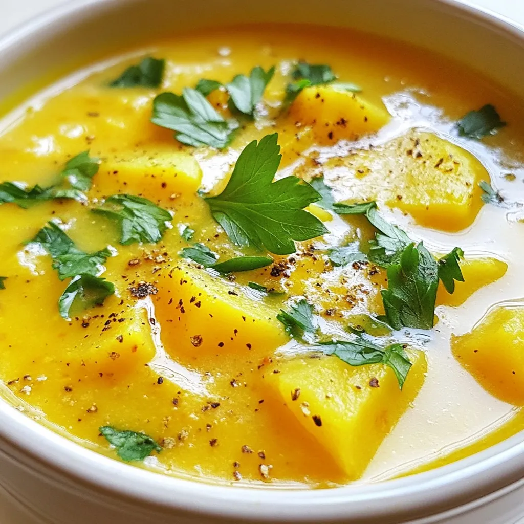 - 4 medium carrots, peeled and chopped into small pieces - 2 large russet potatoes, peeled and cubed into 1-inch chunks - 1 onion, finely diced - 3 garlic cloves, minced - 4 cups vegetable broth (homemade or store-bought) - 1 cup coconut milk (canned or carton) The main ingredients of this soup create a rich and hearty flavor. Carrots add sweetness, while the potatoes bring a creamy texture when blended. The onion and garlic provide depth and aroma, making every bite delightful. - 1 teaspoon ground cumin - 1/2 teaspoon ground ginger - Sea salt and freshly ground black pepper to taste Spices play a key role in this dish. Ground cumin gives warmth and earthiness. Ground ginger adds a hint of zing. Sea salt and pepper enhance all the flavors, making the soup shine. - 2 tablespoons extra virgin olive oil - Fresh parsley, finely chopped for garnish Garnishes elevate the soup's presentation and taste. A drizzle of olive oil adds richness. Fresh parsley offers a burst of color and freshness, brightening each bowl. You can customize your garnishes to suit your taste. {{ingredient_image_2}} - Sautéing the Onions Start by heating the olive oil in a large pot over medium heat. Add the finely diced onion. Sauté the onion until soft and see-through, which takes about 5 minutes. This step builds a nice flavor base. - Adding Garlic and Spices Next, stir in the minced garlic, ground cumin, and ground ginger. Cook this mixture for about one minute. You will know it's ready when the kitchen fills with a lovely, fragrant smell. - Mixing in Carrots and Potatoes Now, add the chopped carrots and cubed potatoes to the pot. Stir well to mix everything together. This ensures that the veggies soak up all the great flavors from the onion and spices. - Adding Vegetable Broth Carefully pour in the vegetable broth. Turn up the heat and bring it to a rolling boil. Once boiling, lower the heat to a simmer. Cover the pot and cook for 20 to 25 minutes. The veggies should be tender when you poke them with a fork. - Using an Immersion Blender Once the vegetables are tender, use an immersion blender to puree the soup straight in the pot. Blend until the soup is completely smooth. This method is quick and easy. - Transferring to a Standard Blender If you don’t have an immersion blender, you can use a standard blender. Carefully ladle the soup into the blender in batches. Blend until you achieve a creamy texture, then return it to the pot. - Incorporating Coconut Milk Pour in the coconut milk and stir well. Heat the soup on low for about 5 minutes. This adds creaminess and a hint of sweetness. - Adjusting Seasoning Finally, taste the soup and add sea salt and freshly ground black pepper to your liking. This step is key to making the flavors pop. Serve your warm soup in bowls, garnished with fresh parsley for a bright touch. Enjoy the hearty, rich flavors! Blending Options You can use an immersion blender for smooth soup. It makes blending easy without dirtying extra dishes. If you prefer a standard blender, work in small batches. This keeps the soup from spilling. Blend until it is creamy and smooth. How to Avoid Overcooking Cook the carrots and potatoes until tender, but don't let them become mushy. Aim for about 20 to 25 minutes of simmering. Check with a fork to see if they are soft. You want them just right for blending. Suggested Spices Ground cumin and ginger bring warmth to the soup. You can also try a pinch of smoked paprika for depth. If you love heat, add some cayenne pepper. Just a little will add a nice kick. Alternative Aromatics Onions and garlic are classic, but you can mix things up. Leeks can add a sweet touch. Shallots work well too for a milder flavor. Fresh herbs like thyme or rosemary can elevate the taste. Pairing with Bread This soup pairs great with crusty bread. A warm baguette or sourdough will soak up the flavors. Serve it with a side of garlic bread for extra delight. Toppings and Add-Ins Garnish with fresh parsley for color and taste. You could also drizzle a bit of olive oil on top. For crunch, add croutons or roasted seeds. They add a nice texture to each bowl. Pro Tips Use Fresh Vegetables: Fresh carrots and potatoes will enhance the flavor and texture of your soup. Choose firm, vibrant vegetables for the best results. Adjust the Thickness: If you prefer a thicker soup, reduce the amount of vegetable broth. For a thinner consistency, add more broth or coconut milk as needed. Experiment with Spices: Feel free to add other spices like turmeric or paprika for a different flavor profile. Adjust the spices to suit your taste preferences. Storage Tips: This soup stores well in the refrigerator for up to 4 days. You can also freeze it for up to 3 months. Reheat gently on the stove before serving. {{image_4}} Alternative Vegetables You can swap out the carrots and potatoes for other veggies. Try sweet potatoes for a sweeter taste. Butternut squash adds a lovely, rich flavor. Cauliflower gives a creamy texture when blended. Feel free to experiment with whatever you have on hand! Dairy-Free Milk Options If you don’t have coconut milk, you can try almond milk or cashew milk. Both add creaminess but have a different flavor. Oat milk works too for a neutral taste. Just make sure they are unsweetened for the best results. Adding Heat: Peppers Want a kick? Add chili peppers or red pepper flakes to the mix. They bring warmth and depth. You can mix in jalapeños for a fresh, bright heat. Adjust the amount based on how spicy you like it! Creamy Additions: Nut Cream For a nutty twist, stir in some cashew cream or almond cream. It gives a rich, creamy feel without dairy. Simply blend soaked nuts with water until smooth, then mix it into your soup. Gluten-Free Adaptation This soup is naturally gluten-free! Just make sure your vegetable broth does not contain any gluten. Most store-bought broths are safe, but you can always make your own. Low-Sodium Version To lower the sodium, use low-sodium broth. You can also skip adding extra salt. Taste the soup before serving to see if it needs more flavor. Fresh herbs can add a nice touch without extra salt. How Long Does it Last? You can keep the vegan carrot potato soup in the fridge for about 4 to 5 days. Make sure you store it in an airtight container. Best Storage Practices Before putting the soup in the fridge, let it cool completely. This helps keep it fresh. Label your container with the date. This way, you will know when you made it. Freezing Instructions To freeze the soup, let it cool first. Then, pour it into freezer-safe containers or bags. Leave some space at the top because the soup will expand when frozen. You can freeze it for up to 3 months. Thawing and Reheating Tips For thawing, place the soup in the fridge overnight. This helps it thaw slowly. When ready to eat, heat it in a pot over medium heat. Stir often to prevent sticking. If the soup is too thick, add a little water or vegetable broth. Yes, you can make this soup ahead of time. This soup is perfect for meal prep. Once it cools, store it in an airtight container. Place it in the fridge for up to five days. If you want it to last longer, freeze it. It can stay good in the freezer for up to three months. Storage Guidelines - Let the soup cool to room temperature. - Use an airtight container for storage. - Label the container with the date. - Freeze in smaller portions for easy use. Absolutely! This soup is great for meal prep. It is easy to make and delicious warm or cold. Reheating Recommendations - Reheat on the stove over low heat. - Stir occasionally to prevent burning. - You can also use a microwave. Heat in short bursts, stirring in between. Yes, you can add other vegetables to this soup. It is a great way to use up leftover veggies. Suggested Veggie Combinations - Add celery for extra crunch. - Try sweet potatoes for a sweeter taste. - Spinach or kale can add greens. - Peas can bring a pop of color and sweetness. This blog post covered the key ingredients and steps to make a delicious soup. We explored the main ingredients, essential spices, and optional garnishes that enhance flavor. I shared tips on getting the best texture and serving suggestions to elevate your dish. You can even adapt the soup for different diets or flavors. In closing, making this soup can be fun and rewarding. You now have all the tools to create your own tasty version. Enjoy the journey and the delightful taste along the way!