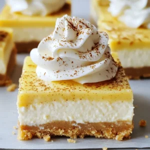 To make eggnog cheesecake bars, you will need the following items: - 1 ½ cups graham cracker crumbs - ½ cup unsalted butter, melted - 1 tablespoon brown sugar - 4 packages (8 oz each) cream cheese, softened to room temperature - 1 cup granulated sugar - 4 large eggs - 1 cup eggnog (non-alcoholic) - 1 teaspoon vanilla extract - 1 teaspoon ground nutmeg - 1 teaspoon ground cinnamon - ¼ teaspoon salt - Whipped cream (for topping) - Extra nutmeg or cinnamon (for garnish) You can adjust the recipe to meet various dietary needs: - Gluten-Free: Use gluten-free graham crackers. - Dairy-Free: Substitute cream cheese with a dairy-free cream cheese option. - Sugar-Free: Use a sugar substitute like erythritol for the filling. - Vegan: Replace eggs with a vegan egg substitute, such as flax eggs or applesauce. For the best results, consider these brands: - Graham Crackers: Honey Maid or Kinnikinnick for gluten-free. - Cream Cheese: Philadelphia for dairy or Daiya for dairy-free options. - Eggnog: Organic Valley for eggnog or So Delicious for a dairy-free version. - Spices: McCormick for fresh ground nutmeg and cinnamon. These brands ensure you get quality ingredients that enhance flavor and texture in your eggnog cheesecake bars. {{ingredient_image_2}} First, set your oven to 325°F (160°C). This is the perfect temperature for baking cheesecake bars. While the oven heats, grab a 9x13 inch baking dish. Grease it well with cooking spray or butter. This will help the bars come out easily after baking. Next, let's make the crust. In a mixing bowl, combine 1 ½ cups of graham cracker crumbs, ½ cup of melted unsalted butter, and 1 tablespoon of brown sugar. Stir until it looks like wet sand. Press this mix firmly into the bottom of the baking dish. Now for the cheesecake filling! In a large bowl, use an electric mixer to beat 4 packages of softened cream cheese. Mix until it is smooth with no lumps. Gradually add 1 cup of granulated sugar. Keep mixing until it’s fully blended. Add 4 large eggs one at a time, mixing well after each one. Scrape down the bowl as needed. Then, pour in 1 cup of eggnog, 1 teaspoon of vanilla extract, 1 teaspoon of ground nutmeg, 1 teaspoon of ground cinnamon, and ¼ teaspoon of salt. Blend until smooth, but don’t overmix. Pour the cheesecake filling over the crust in the baking dish. Use a spatula to spread it evenly. Place the dish in the oven and bake for 40 to 45 minutes. The center should look set but may jiggle slightly. After baking, take the dish out and let it cool at room temperature for about 1 hour. Then, cover it and place it in the fridge for at least 4 hours, or overnight. This chilling time helps the bars firm up nicely. Once chilled, cut the cheesecake into bars. Serve them cold with a dollop of whipped cream and a sprinkle of nutmeg or cinnamon on top. Enjoy this festive treat! To get the best texture for your eggnog cheesecake bars, make sure your cream cheese is soft. I leave it out for about an hour before mixing. This helps it blend smoothly. When adding eggs, mix each one in until just combined. Overmixing can make your bars too airy. You want them creamy and dense, not fluffy. These cheesecake bars are even better when made ahead. I recommend making them a day before your event. After cooling, refrigerate them for at least four hours. This allows the flavors to meld and the texture to firm up nicely. If you can, let them chill overnight for the best taste. For a festive touch, serve these bars on a decorative platter. Arrange them neatly and surround them with holiday decorations. Top each bar with a dollop of whipped cream. A light sprinkle of nutmeg or cinnamon adds an extra flair. You can also serve them with a warm drink, like spiced cider or hot chocolate, to complete the festive mood. Pro Tips Chill for Best Results: Allow the cheesecake bars to chill overnight for a firmer texture and enhanced flavor. The longer they sit in the refrigerator, the more the flavors will meld together. Use Room Temperature Ingredients: Ensure that all your ingredients, especially the cream cheese and eggs, are at room temperature before mixing. This helps achieve a smooth and creamy filling without lumps. Don't Overmix: When adding the eggnog and spices, mix just until combined. Overmixing can incorporate too much air, leading to cracks in the cheesecake. Garnish Thoughtfully: For an elegant presentation, top each bar with freshly whipped cream and a sprinkle of freshly grated nutmeg or cinnamon, making each serving look festive and inviting. {{image_4}} You can change the flavor of your eggnog cheesecake bars. Try adding pumpkin spice. Just mix in one tablespoon of pumpkin spice to the filling. This gives a nice fall twist. You can also add a splash of rum extract for a richer taste. If you need gluten-free bars, swap the graham cracker crumbs for gluten-free crumbs. For a dairy-free version, use vegan cream cheese and coconut milk eggnog. These changes keep the taste creamy and delicious while meeting dietary needs. Toppings can make your bars even more special. Use crushed candy canes for a minty crunch. Drizzle caramel sauce over each bar for a sweet finish. Fresh berries also add color and flavor. Get creative and make them your own! After you enjoy the eggnog cheesecake bars, store leftovers in the fridge. Place them in an airtight container. This keeps the bars fresh and prevents them from drying out. They will stay tasty for about five days in the fridge. Always let them cool fully before sealing the container. This helps avoid condensation, which can make the bars soggy. If you want to keep the cheesecake bars longer, freezing is a great option. First, cut the bars into individual pieces. Wrap each bar tightly in plastic wrap. Then, place the wrapped bars in a freezer-safe bag or container. Make sure to label the bag with the date. They can last in the freezer for up to three months. For best results, freeze them before adding whipped cream or spices. To enjoy your frozen cheesecake bars, start by transferring them to the fridge. Let them thaw overnight. If you need them sooner, you can also thaw them on the counter for about an hour. Once they are soft, serve them cold or at room temperature. If you want a warm treat, warm them in the oven for a few minutes at a low temperature. Just be careful not to overheat them. Add fresh whipped cream and a sprinkle of nutmeg or cinnamon before serving for a festive touch. Yes, you can use store-bought eggnog. Many people enjoy the convenience of it. Just make sure to choose a non-alcoholic version for this recipe. It saves time and still gives you that festive flavor. If you want a richer taste, pick a high-quality brand with real spices. This will enhance the creamy texture of your cheesecake bars. These cheesecake bars last about five days in the fridge. Make sure to store them in an airtight container. This helps keep them fresh and tasty. If you have leftovers, you can enjoy them for a few days. However, they taste best within the first couple of days after making them. You can make these bars without eggs, but the texture will change. Eggs help give the cheesecake its creamy and rich consistency. If you need an egg-free option, try using a vegan egg replacer. You can also use silken tofu blended until smooth. This will help mimic the creaminess and keep the bars together. This blog post covered how to make cheesecake bars with ease. You learned about ingredients, substitutions, and brand recommendations for quality. I provided step-by-step instructions for baking, cooling, and serving these tasty treats. Tips for perfect consistency and variations for different diets were shared, too. Plus, I included storage info and answered common questions. Now, you’re ready to bake these cheesecake bars with confidence. Enjoy every bite you make!