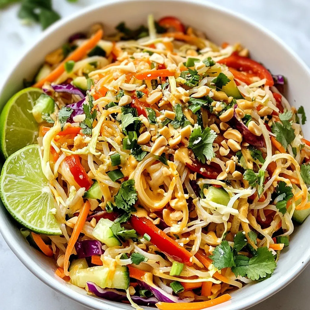 - 8 ounces rice noodles - 1 cup shredded carrots - 1 red bell pepper, thinly sliced - 1 cucumber, julienned - 1 cup red cabbage, shredded - ½ cup fresh cilantro, chopped - ¼ cup green onions, sliced - ½ cup unsalted peanuts, roughly chopped The main ingredients make this salad fresh and colorful. You have rice noodles as the base. They provide a chewy texture. Next, add shredded carrots for sweetness and crunch. The red bell pepper adds color and a sweet taste. The cucumber gives a refreshing crunch. Red cabbage adds a nice crunch and color too. Fresh cilantro brings a bright, herbal flavor. Green onions add a mild onion taste. Finally, chopped peanuts give extra crunch and a nutty flavor. - ¼ cup creamy peanut butter - 3 tablespoons soy sauce - 2 tablespoons rice vinegar - 1 tablespoon freshly squeezed lime juice - 1 tablespoon honey or maple syrup - 1 teaspoon sesame oil - 1 teaspoon fresh ginger, grated - ½ teaspoon garlic, minced - Water (for adjusting dressing consistency) For the dressing, creamy peanut butter is the star. It gives the salad a rich flavor. Soy sauce adds saltiness and depth. Rice vinegar adds tanginess. Lime juice gives a fresh, zesty note. Honey or maple syrup adds sweetness to balance flavors. Sesame oil brings a toasted flavor. Fresh ginger adds a warm spice, while garlic gives a punch. Adjust the dressing with water to get your desired thickness. This dressing will coat the salad and blend all the flavors. {{ingredient_image_2}} First, cook the rice noodles according to the package instructions. This usually takes around 5 to 7 minutes. Once they are cooked, drain them well. Rinse the noodles under cold water to stop the cooking. This step cools the noodles and helps them stay firm. Set these aside in a large bowl. Next, grab another large mixing bowl. Combine the shredded carrots, thinly sliced red bell pepper, julienned cucumber, shredded red cabbage, chopped cilantro, and sliced green onions. Toss these ingredients gently. Make sure everything mixes evenly. You want all the veggies to blend and share their flavors. Now, it’s time for the dressing. In a separate bowl, whisk together the creamy peanut butter, soy sauce, rice vinegar, lime juice, honey or maple syrup, sesame oil, grated ginger, and minced garlic. This will create a tasty, creamy mix. If the dressing is too thick, add water a tablespoon at a time. Keep whisking until it reaches a smooth and drizzle-able consistency. Add the cooled rice noodles to the vegetable mixture. Drizzle the peanut dressing over everything. Using tongs or salad forks, toss all the ingredients gently. Make sure the noodles and veggies are well coated with the dressing. This is where the magic happens, and the flavors come together! Finally, top the salad with the roughly chopped unsalted peanuts. This adds a nice crunch and extra flavor. Give the salad one last gentle toss. For serving, use a large, shallow bowl. Garnish with extra fresh cilantro and a lime wedge on the side. This not only looks great but also lets guests add a zesty lime kick if they want. Enjoy this fresh and flavorful dish! - Cook rice noodles for about 5-7 minutes. - Stir often to prevent clumping. - Drain and rinse under cold water. This stops cooking and cools the noodles. - Avoid overcooking to keep them firm. - Mix peanut butter with soy sauce and vinegar. - Add lime juice and honey for flavor. - If the dressing is too thick, add water slowly. - You can swap honey for maple syrup if needed. - Use a large, shallow bowl for serving. - Top with fresh cilantro for color. - Add a lime wedge on the side for extra flavor. - You can serve in individual bowls for a fun touch. Pro Tips Use Fresh Ingredients: Fresh vegetables will enhance the flavor and texture of your salad. Opt for organic produce when possible for the best taste. Adjust the Dressing: Feel free to tweak the dressing ingredients to suit your taste. If you prefer a spicier kick, add a dash of sriracha or chili flakes. Make Ahead: This salad can be prepared ahead of time. Just keep the dressing separate until you're ready to serve to prevent the noodles from becoming soggy. Experiment with Proteins: For added protein, consider topping your salad with grilled chicken, shrimp, or tofu to make it a more filling meal. {{image_4}} You might run out of peanut butter. No worries! You can use almond butter or sunflower seed butter instead. These options still give a rich taste and creamy texture. If you want a nut-free version, go for tahini. It adds a nice creaminess too. For vegetables, feel free to get creative. You can swap in bell peppers for some crunch or add snap peas for extra sweetness. You can even toss in some diced mango for a fruity twist. The goal is to keep it fresh and colorful. Want to make this salad a full meal? You can easily add some protein. Grilled chicken works great. Just slice it thin and mix it in. Tofu is another good choice. Use firm tofu, pan-fry it, and add it to your salad. If you like seafood, shrimp is a tasty option. Cook the shrimp with some garlic and toss it in. All these proteins make your salad filling and nutritious. Do you like it spicy? Add some chili flakes or sriracha to the dressing. Just a little can bring a nice kick. If you want more flavor, fresh herbs are key. Try adding mint or basil. They give a fresh taste and smell to your salad. You can also squeeze in more lime juice for tanginess. This salad is all about balance, so feel free to adjust flavors to fit your taste. To keep your Thai Peanut Noodle Salad fresh, store it in the fridge. Use an airtight container. This helps prevent the salad from wilting and losing flavor. Make sure to keep the salad and dressing separate if possible. This way, you can enjoy the crunch of the veggies later. You can freeze Thai Peanut Noodle Salad, but it may change texture. If you want to save some, place it in a freezer-safe container. Leave space at the top for expansion. It's best to freeze the salad without dressing. You can add the dressing when you're ready to eat it. In the fridge, this salad lasts about 3 to 5 days. Check for signs of spoilage, like a sour smell or slimy veggies. If you see any mold, throw it away. Always trust your senses. If it doesn't look or smell right, it's safer to discard it. Yes, you can make this salad in advance. Here are my tips for meal prep: - Cook the rice noodles and cool them before storing. - Store the salad dressing separately to keep it fresh. - Mix the salad just before serving. This keeps the veggies crisp. - You can store the salad in the fridge for up to three days. Yes, this recipe is perfect for vegans! Here’s a quick overview of vegan options: - Use maple syrup instead of honey for sweetness. - Ensure your soy sauce is gluten-free if needed. - All the veggies and the dressing ingredients are vegan. - This salad is colorful and full of plant-based protein. If you want to add heat to the dressing, here’s what to do: - Add red chili flakes for a mild kick. - Use sriracha sauce for a bolder flavor. - Mix in fresh chopped chili peppers for extra heat. - Start with a little and add more to taste. I love to serve this salad with these dishes: - Grilled chicken or tofu for protein. - Spring rolls for a light appetizer. - A side of coconut rice for a tropical touch. - Pair it with a light soup, like miso, for a complete meal. This blog showed how to create a tasty Thai Peanut Noodle Salad. We covered key ingredients, easy steps, and fun serving ideas. You can even twist the recipe to fit your taste. Remember to store leftovers correctly to enjoy later. With lots of options for protein and spice, you can make this salad your own. Dive in and try it! Enjoy your cooking experience and impress yourself with your skills!