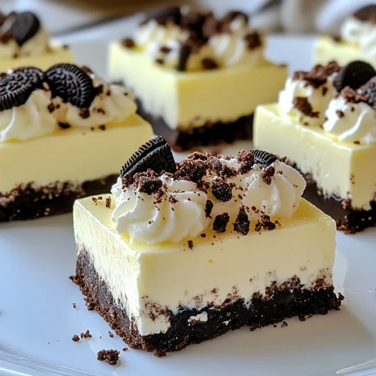 When making No-Bake Oreo Cheesecake Bars, you need simple ingredients. Here’s the list: - 20 Oreo cookies, finely crushed - 4 tablespoons unsalted butter, melted - 2 (8 oz) packages of cream cheese, softened to room temperature - 1 cup powdered sugar - 1 teaspoon vanilla extract - 1 cup heavy whipping cream - 10 Oreo cookies, coarsely chopped (for the cheesecake filling) - Extra Oreo cookies for topping Each ingredient plays an important role. The crushed Oreos and melted butter create a rich, tasty crust. Cream cheese adds creaminess and flavor. Powdered sugar provides sweetness and helps the filling set. Vanilla extract gives a hint of warmth. Whipping cream brings lightness and fluffiness to the mix. The coarsely chopped Oreos add a nice crunch in every bite. Finally, extra Oreos on top make the bars look great and taste even better. Remember, using room-temperature cream cheese is key. It mixes smoothly and helps avoid lumps. Follow these tips, and you'll have a delicious dessert that everyone will love! {{ingredient_image_2}} To start, gather your 20 Oreo cookies and crush them finely. You can use a food processor or place them in a zip-top bag and smash them with a rolling pin. Next, melt 4 tablespoons of unsalted butter in a microwave-safe bowl. Combine the crushed cookies with the melted butter in a medium-sized mixing bowl. Stir until the Oreo crumbs are fully coated with butter. Now, take the Oreo mixture and transfer it into a lined 9x9 inch baking dish. Press the mixture firmly into the bottom to form an even crust. Make sure it's packed tightly. Set it aside while you prepare the filling. In a large mixing bowl, beat 2 packages of softened cream cheese with an electric mixer on medium speed. Mix until it is smooth and creamy, free of lumps. Gradually add 1 cup of powdered sugar and 1 teaspoon of vanilla extract. Keep mixing until the mixture is velvety and all ingredients are blended well. In a separate bowl, pour in 1 cup of heavy whipping cream. Use a hand mixer or a stand mixer on high speed to whip the cream until stiff peaks form. This should take a few minutes, so be patient. Once the cream is whipped, carefully fold it into the cream cheese mixture using a spatula. Do this gently to keep the whipped cream light and fluffy. Next, fold in 10 coarsely chopped Oreo cookies into the cream cheese mixture. This adds cookie bits and extra flavor. Pour the cheesecake filling over the prepared crust in the baking dish. Use a spatula to spread it evenly to the edges. To finish, crumble some extra Oreo cookies on top of the cheesecake layer for a nice crunch and decoration. Cover the dish with plastic wrap and refrigerate for at least 4 hours, or until the cheesecake is set. You will know it’s ready when it feels firm to the touch. When it's time to serve, take a sharp knife and cut the cheesecake into even bars. For a nice touch, serve each slice on individual dessert plates. You can garnish with chocolate shavings or a drizzle of chocolate sauce for a little extra flair. To get a smooth cheesecake, always start with softened cream cheese. Cold cream cheese will not blend well. Let it sit at room temperature for at least 30 minutes. This makes mixing easy and gives you a creamy filling. When whipping heavy cream, the technique matters. Use a clean bowl and beaters for best results. Start on low speed, then increase to high. Whip until stiff peaks form. This means the cream holds its shape well. Be patient; it takes a few minutes. For a fun garnish, top each slice with crushed Oreo cookies. A drizzle of chocolate sauce adds a nice touch, too. Serve the bars on dessert plates for a fancy look. They look great paired with coffee or a glass of milk. One common mistake is overmixing the whipped cream. This can make your cheesecake dense. Mix gently when adding it to the cream cheese. Just fold it in until combined. Another mistake is not chilling long enough. The bars need at least four hours in the fridge. This helps them set properly. If you cut them too soon, they may fall apart. Pro Tips Chill Your Tools: For best results, chill your mixing bowl and beaters before whipping the cream. This helps achieve stiffer peaks more quickly. Use Room Temperature Cream Cheese: Ensure that your cream cheese is softened to room temperature for a smoother filling. Cold cream cheese can lead to lumps in your cheesecake. Don't Overmix: When folding the whipped cream into the cream cheese mixture, be gentle. Overmixing can deflate the whipped cream and result in a denser cheesecake. Let It Set: For the best texture and flavor, allow the cheesecake bars to chill for at least 4 hours, or even overnight if possible. This helps the flavors meld beautifully. {{image_4}} You can change the flavor of your Oreo cheesecake bars. Try using Golden Oreos instead of regular ones. They add a nice twist with their vanilla taste. You can also mix in other flavors. For a minty touch, add mint extract to the filling. If you love peanut butter, stir in some peanut butter for a rich flavor. If you have dietary needs, there are easy swaps. For a gluten-free crust, use gluten-free cookies instead of Oreos. Many brands offer great options. If you want a vegan version, use dairy-free cream cheese and whipped cream. These options allow everyone to enjoy this sweet treat. You can make your bars even more fun by adding extras. Consider mixing in fruits like strawberries or blueberries for a fresh taste. Chocolate chips also work great if you want some extra sweetness. For more flavor, try drizzling chocolate or caramel sauce on top. These little touches can make your cheesecake bars even more special. To keep your no-bake Oreo cheesecake bars fresh, store them in the refrigerator. Use an airtight container to protect them from air and moisture. This helps maintain their creamy texture and flavor. - Place bars in a single layer in the container. - If you stack them, add parchment paper between layers to avoid sticking. You can freeze these cheesecake bars for longer storage. To freeze, wrap the bars tightly in plastic wrap. Then, put them in an airtight container or a freezer bag. This shields them from freezer burn. - Thawing tips: When you're ready to eat them, remove the container from the freezer. Let it sit in the fridge overnight. This slow thawing keeps the texture nice. In the refrigerator, your no-bake Oreo cheesecake bars stay fresh for about 5 days. If you freeze them, they can last for up to 3 months. For the best taste and texture, enjoy them within a month of freezing. Yes, you can make these bars ahead of time. I recommend chilling them for at least 4 hours. If you want to prepare them a day early, that works too! Just cover the dish with plastic wrap to keep it fresh in the fridge. The cheesecake is set when it feels firm to the touch. If it jiggles a bit in the center, it needs more time. A well-chilled cheesecake should hold its shape when you cut it. Look for a smooth, creamy surface, free of cracks. You can, but it may change the texture. Low-fat cream cheese may not whip as well. This can lead to a denser filling. If you want a lighter texture, full-fat cream cheese is the best option. Use heavy whipping cream with at least 36% fat content. This will give you the best whipped cream. Look for labels that say “heavy cream” or “heavy whipping cream.” This ensures it whips well and stays fluffy in your cheesecake. You learned how to make easy Oreo cheesecake bars. We covered all the key steps. From the crust to the creamy filling, each part plays an important role. Remember to chill the bars well for the best texture. You can also try fun variations to suit your tastes. Store any leftovers properly to keep them fresh. Enjoy sharing these treats with friends and family. They will love them as much as you do! Make these bars, and you will impress anyone who tries them.