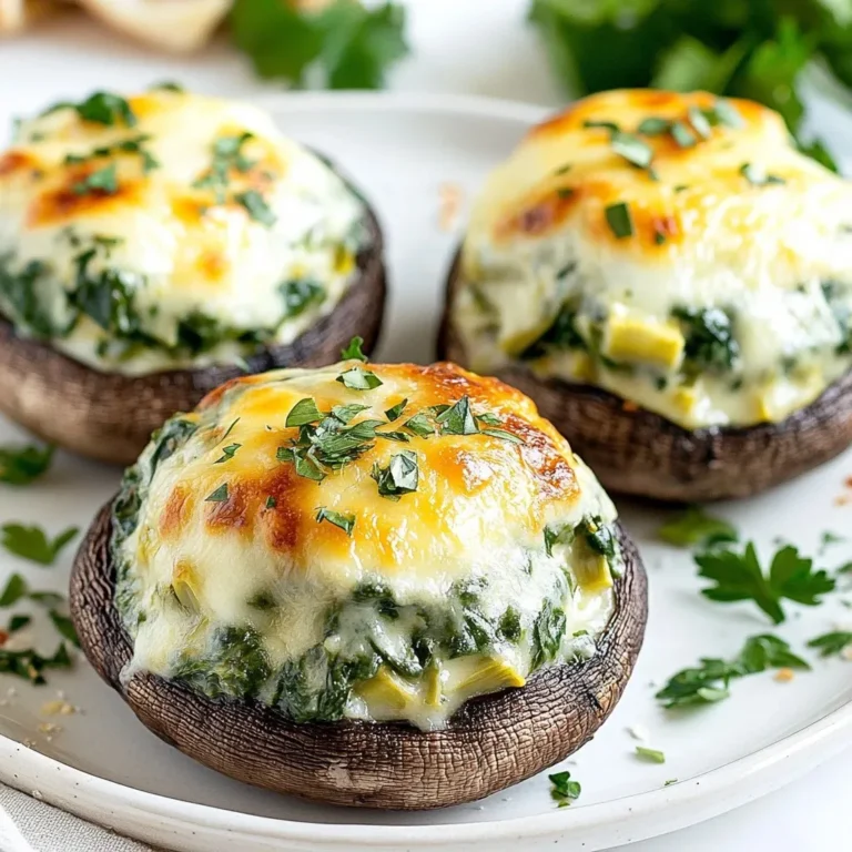 - 12 large portobello mushrooms - 1 cup fresh spinach, finely chopped - 1 cup canned artichoke hearts, thoroughly drained and coarsely chopped - 1 cup cream cheese, softened - 1/2 cup grated Parmesan cheese - 1/2 cup shredded mozzarella cheese - 2 cloves garlic, minced - 1 tablespoon fresh lemon juice - 1/4 teaspoon red pepper flakes (optional) - Salt and freshly ground black pepper, to taste - 2 tablespoons extra virgin olive oil - Fresh parsley, chopped, for garnishing When making spinach artichoke stuffed mushrooms, choose fresh and high-quality ingredients. The portobello mushrooms serve as a great base. Their large size holds the filling well. Fresh spinach adds a nice green color and nutrients. Use canned artichoke hearts for convenience. They blend perfectly with the cheese. For the cheese, cream cheese is key. It gives a rich and creamy texture. Parmesan adds a sharp flavor, while mozzarella makes it gooey. Minced garlic gives aroma and depth. A squeeze of fresh lemon juice brightens the dish. If you like heat, add red pepper flakes. Don't forget seasoning. Salt and pepper enhance all the flavors. Olive oil helps sauté the filling and adds richness. Fresh parsley not only looks nice but also adds a fresh taste. Enjoy gathering these ingredients. They will combine to create a delightful treat! {{ingredient_image_2}} - Preheat the oven to 375°F (190°C). - Clean the portobello mushrooms with a damp cloth. Remove the stems and scoop out the dark gills inside. - Heat olive oil in a skillet over medium heat. - Add minced garlic and sauté for about 1 minute until fragrant. - Toss in the chopped spinach and artichokes. Cook for 2-3 minutes until the spinach wilts. - In a large bowl, mix the softened cream cheese, grated Parmesan, and shredded mozzarella. - Add lemon juice and optional red pepper flakes. Season with salt and black pepper. Mix until smooth. - Fold in the sautéed spinach and artichoke mixture. - Generously fill each mushroom cap with the cheese and veggie mixture. Press it down lightly. - Arrange the stuffed mushrooms on a baking tray lined with parchment paper. - Place the tray in the oven and bake for 25-30 minutes. Look for tender mushrooms and golden tops. - Once baked, let them cool for a few minutes. Garnish with fresh parsley before serving. To make the best stuffing, mix the cheeses and veggies well. I like to use cream cheese, Parmesan, and mozzarella. This blend gives a rich and creamy texture. Don’t forget the spinach and artichokes! They add flavor and color. Make sure you chop everything finely. This helps the filling fit well in the mushroom caps. To keep your mushrooms from getting soggy, first, dry them off. Use a damp cloth for cleaning. Next, scoop out the gills carefully. This creates space for the stuffing and helps them cook better. Place the stuffed mushrooms on parchment paper. This prevents sticking and makes cleanup easy. Bake them at 375°F for 25-30 minutes. This time helps them cook evenly and get nice and golden on top. For a beautiful display, serve the stuffed mushrooms on a rustic platter. Neatly arrange them and sprinkle extra parsley for color. Pair them with a light salad or some crusty bread. This makes a great meal. You can also serve them with a simple dipping sauce. A tangy sauce can add a nice contrast to the rich filling. Pro Tips Choose the Right Mushrooms: Opt for large portobello mushrooms as they can hold more stuffing and provide a hearty base for your dish. Fresh Ingredients Matter: Using fresh spinach and high-quality cheeses will enhance the flavor and texture of your stuffed mushrooms. Don’t Overstuff: While it’s tempting to pile on the filling, overstuffing can cause the mushrooms to overflow and become messy during baking. Let Them Rest: Allow the mushrooms to cool for a few minutes after baking. This helps the filling set slightly and makes them easier to serve. {{image_4}} You can swap out cream cheese and mozzarella for other cheeses. Try ricotta for a lighter feel. Goat cheese adds a tangy taste. For a bolder flavor, use cheddar or gouda. Each cheese gives a unique twist to the dish. To make these stuffed mushrooms heartier, add cooked chicken or sausage. Chop them finely and mix them into the cheese filling. This adds flavor and texture. For a savory kick, try spicy sausage. It balances well with the creamy cheese. If you want a vegan version, use plant-based cream cheese. Nutritional yeast can replace Parmesan for a cheesy flavor. Also, try using cashew cream for a rich texture. These swaps keep the dish tasty without animal products. To keep your stuffed mushrooms fresh, place them in an airtight container. You want to refrigerate them within two hours of cooking. This helps prevent any food safety issues. Store them in the fridge for up to three days. Make sure to separate layers with parchment paper if stacking. This helps avoid squishing the mushrooms. When you want to enjoy your leftovers, preheat your oven to 350°F (175°C). Place the stuffed mushrooms on a baking tray. Cover them with foil to keep moisture in. Heat for about 15-20 minutes. This method helps maintain the texture and flavor. Avoid reheating in the microwave. It can make the mushrooms soggy and less tasty. If you want to save stuffed mushrooms for later, freezing is a great option. First, let them cool completely. Then, place each mushroom in a single layer on a baking sheet. Freeze them for about two hours until firm. After that, transfer them to a freezer-safe bag or container. They can last for up to three months. When ready to eat, thaw them in the fridge overnight before reheating. This ensures they stay flavorful and delicious. Stuffed mushrooms last about 3 to 4 days in the fridge. Store them in an airtight container. This keeps them fresh and tasty. If they smell off or look strange, toss them. Yes! You can prepare stuffed mushrooms a day ahead. Just fill the mushrooms and cover them. Store in the fridge until you are ready to bake. This saves time and makes hosting easier. These mushrooms pair well with many dishes. You can serve them with a crisp salad. A light pasta dish also works nicely. For drinks, try a chilled white wine or sparkling water. This recipe for stuffed mushrooms combines fresh ingredients, flavorful cheeses, and simple steps. You learned how to prepare, bake, and best store these treats. Plus, I shared tips for perfecting and customizing your dish. Now, you can easily impress guests with delicious stuffed mushrooms. With the right choices, you can adjust the recipe to fit your taste. Enjoy creating this meal and sharing it with friends and family!