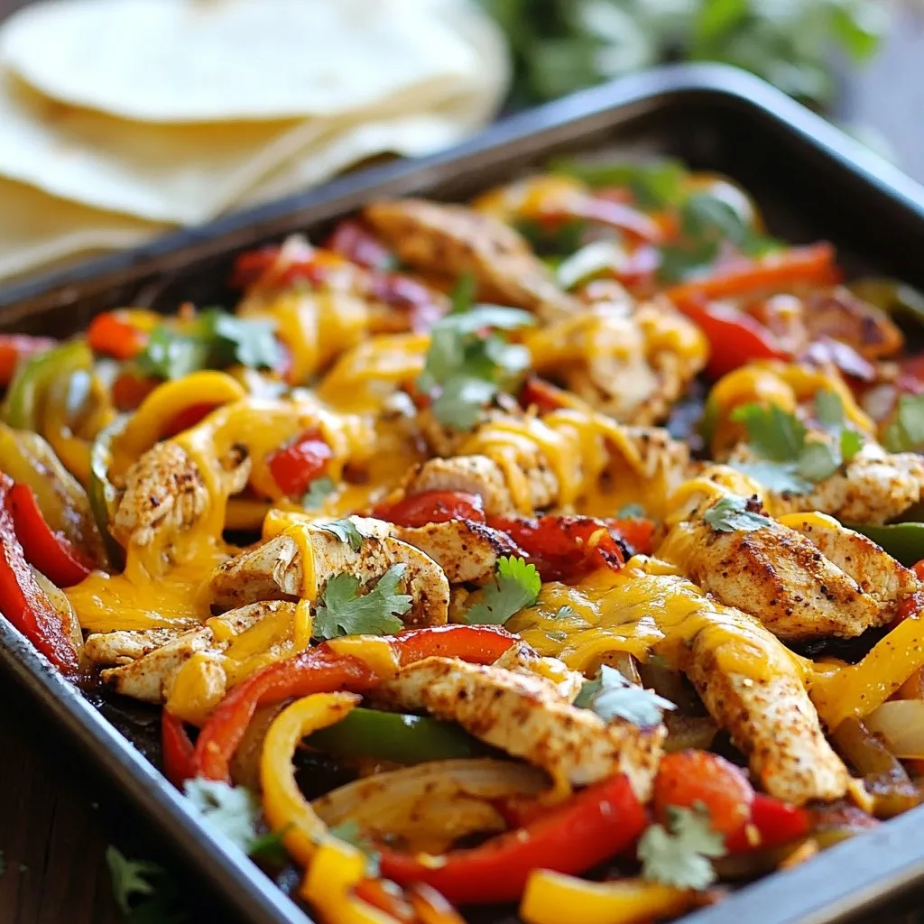 - 1 pound boneless, skinless chicken breasts, sliced into thin strips - 1 bell pepper (choose from red, yellow, or green), sliced into thin strips - 1 medium onion, sliced into rings The chicken is your main protein. It gives the dish a hearty base. The bell pepper adds color and crunch, while the onion brings sweetness. Together, they create a tasty mix. - 2 tablespoons olive oil - 1 tablespoon chili powder - 1 teaspoon ground cumin - 1 teaspoon garlic powder - 1 teaspoon paprika - 1/2 teaspoon salt - 1/4 teaspoon freshly ground black pepper - 1 cup shredded cheddar cheese - 1 cup salsa (mild, medium, or hot, based on preference) The olive oil helps the spices stick. Chili powder and cumin give warmth. Garlic powder and paprika add depth. The cheese brings creaminess, and salsa adds zest. This mix makes each bite burst with flavor. - 8 medium flour tortillas - Alternative tortilla options (corn tortillas, lettuce wraps) Flour tortillas are soft and chewy. They hold the filling well. You can also use corn tortillas for a gluten-free option. For a lighter dish, lettuce wraps work great too. {{ingredient_image_2}} 1. First, preheat your oven to 400°F (200°C). This will help cook the chicken and veggies evenly. 2. Next, grab a large bowl. Add the sliced chicken, bell pepper, and onion. This mix gives your dish great flavor. 3. Drizzle the olive oil over the chicken and veggies. Then, sprinkle in chili powder, cumin, garlic powder, paprika, salt, and black pepper. Toss everything with your hands. This step ensures each piece is well-coated with spices. 1. Spread the seasoned chicken and vegetable mix evenly on a baking sheet. Using parchment paper helps with easy cleanup. 2. Place the baking sheet in your preheated oven. Bake for 20 minutes. Check that the chicken is cooked through. It should reach an internal temperature of 165°F. 3. Carefully take the baking sheet out of the oven. Pour salsa over the baked chicken and veggies. Make sure to cover everything with that zesty flavor. 4. Now, sprinkle shredded cheddar cheese over the top. This cheese melts beautifully and adds richness. 5. Return the baking sheet to the oven. Bake for an additional 5-7 minutes. Watch for the cheese to melt and bubble nicely. 1. While the fajita bake is finishing up, warm the flour tortillas. You can heat them in a pan or microwave for a few seconds until soft. 2. Once the fajita bake is out of the oven, let it cool for a couple of minutes. This helps prevent burns when serving. To ensure your chicken is fully cooked, check the internal temperature. It should reach 165°F. Use a meat thermometer for accuracy. This step keeps the chicken juicy and safe to eat. For perfectly caramelized vegetables, cut them into even pieces. Thin strips work best. Spread them out on the baking sheet. Avoid overcrowding to allow steam to escape. This gives them a nice char and sweet flavor. For a fun presentation, serve the fajita bake right on the baking sheet. This invites everyone to dig in. Garnish with fresh cilantro or sliced jalapeños for a pop of color. Encourage guests to customize their fajitas. Offer toppings like sour cream, guacamole, or diced tomatoes. These add great flavor and texture to each bite. Prepare ingredients in advance to save time. Slice the chicken, bell pepper, and onion the night before. Store them in the fridge to make cooking easier. Using kitchen gadgets can speed things up. A sharp knife helps with quick chopping. A meat thermometer ensures the chicken cooks correctly. These tools can make your cooking experience smoother and more efficient. Pro Tips Use Fresh Ingredients: Opt for fresh bell peppers and onions to enhance the flavor and texture of your fajita bake. Fresh vegetables will add a crispness that frozen or canned alternatives cannot match. Customize Spice Levels: Adjust the amount of chili powder and salsa according to your taste preference. If you're serving guests with varying spice tolerances, consider offering mild and hot salsa on the side. Experiment with Cheese: While cheddar cheese is a classic choice, feel free to mix in other cheeses like pepper jack or Monterey Jack for added flavor variations and creaminess. Serve with Toppings: Elevate your fajita bake by providing a variety of toppings such as diced avocados, sour cream, and fresh cilantro, allowing everyone to create their perfect fajita. {{image_4}} You can easily change the protein in this dish. Try beef or tofu if you like. Chicken works great, but beef adds a rich taste. Tofu gives a nice texture and is perfect for vegetarians. You can also swap out the veggies. If you love mushrooms, add them in. Zucchini or even corn can work well too. The goal is to use what you enjoy. Want more heat? Add jalapeños or a dash of hot sauce. These simple tweaks can really kick up the flavor. Fresh herbs like cilantro or parsley can also brighten the dish. A squeeze of lime juice adds a zesty touch that brightens every bite. If you prefer a slower method, use a slow cooker. Just set it on low for 6-8 hours. It’s perfect for busy days. You can also use an Instant Pot for a quick meal. Set it to cook for about 10 minutes. This way, you enjoy tender chicken in no time. To keep your Easy Chicken Fajita Bake fresh, store leftovers right away. Allow the dish to cool for about 30 minutes. Then, place it in an airtight container. This helps keep the flavors intact. Make sure to refrigerate it within two hours of cooking. - Use glass or plastic containers. - Avoid metal containers to prevent flavor changes. - Label the container with the date for quick reference. When it's time to enjoy leftovers, reheating is key. I recommend using the oven for the best results. The oven helps keep the dish crispy. Preheat it to 350°F (175°C) and place the fajita bake in for about 15 minutes. - If using a microwave, cover the dish with a damp paper towel. - This helps keep the dish moist as it heats. - Microwave on medium power for 2-3 minutes, checking often. Want to save some for later? Freezing is a great option. To freeze, let the fajita bake cool completely. Then, portion it into freezer-safe containers. Seal them tightly to prevent freezer burn. - For best results, consume within three months. - When you're ready to eat, thaw it in the fridge overnight. - Reheat it in the oven or microwave as mentioned above. Following these steps will keep your Easy Chicken Fajita Bake delicious and ready for any meal! How can I make it spicier? To add spice, mix in diced jalapeños or use hot salsa. You can also sprinkle in some cayenne pepper or crushed red pepper flakes. Adjust the amount to suit your taste. This way, you can control the heat level. Can I use corn tortillas instead of flour? Yes, corn tortillas work great! They add a nice flavor and texture. Just warm them before serving to make them soft and easy to roll. Enjoy the crunchy bite they bring to your fajitas. What side dishes pair well with chicken fajita bake? For sides, try serving it with Mexican rice or refried beans. A fresh salad with lime dressing also adds a nice touch. You can even include some guacamole and chips for a complete meal. These sides complement the fajita bake well. This blog post provided a complete guide to making an Easy Chicken Fajita Bake. We covered the main ingredients like chicken, peppers, and cheese. You learned how to prepare, bake, and serve this dish. I shared tips for cooking and serving, along with variations and storage advice. Try these steps for tasty results. With simple swaps and tips, you can make it fit your taste. Experiment and enjoy this fun meal with family or friends. Your effort will surely make mealtime special!