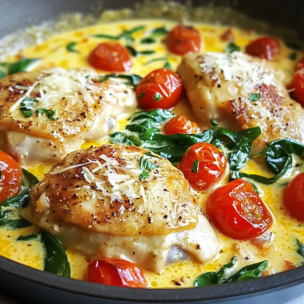 - 4 boneless, skinless chicken thighs - 2 tablespoons olive oil - Salt and pepper, to taste - 3 cloves garlic, minced - 1 cup cherry tomatoes, halved - 1 cup fresh spinach - 1 cup heavy cream (or coconut cream for a dairy-free option) - 1 teaspoon Italian seasoning - ½ cup grated Parmesan cheese (or nutritional yeast for a dairy-free alternative) - Fresh basil leaves for garnish The main ingredients of this dish are simple yet full of flavor. Chicken thighs provide juicy meat that stays tender during cooking. Olive oil coats the chicken and helps it brown nicely. Seasonings like salt and pepper enhance the chicken’s taste. Minced garlic adds a lovely aroma, while cherry tomatoes and fresh spinach bring color and nutrients. The cream creates a rich sauce that makes this dish special. - Coconut cream for dairy-free version - Nutritional yeast as a Parmesan substitute If you want a dairy-free meal, use coconut cream instead of heavy cream. It gives a nice taste and creamy texture. Nutritional yeast is a great swap for Parmesan cheese. It has a cheesy flavor and is packed with nutrients. Both options keep this recipe delicious while meeting dietary needs. - Fresh basil leaves Fresh basil leaves are perfect for garnishing. They add a burst of color and a hint of freshness. Just sprinkle them on top before serving. This small touch makes the dish look beautiful and adds a lovely aroma. It truly elevates your one-pot creamy Tuscan chicken! {{ingredient_image_2}} First, season the chicken thighs. I like to use salt and pepper. Make sure you cover both sides well. Next, heat the olive oil in a large skillet over medium-high heat. You want the oil to shimmer, showing it’s ready. Once the oil is hot, add the chicken thighs. Sear them for about 5 minutes on each side. You want a nice golden-brown crust. After cooking, take the chicken out and set it on a plate. In the same skillet, lower the heat and add minced garlic. Sauté it for about 30 seconds. Stir constantly until the garlic smells great but does not burn. Now, toss in the halved cherry tomatoes. Cook them for about 3-4 minutes. This helps them soften and release their juices. Next, fold in the fresh spinach. Cook this for another 2 minutes until it wilts down nicely. Reduce the heat to low. Slowly pour in the heavy cream or coconut cream. Stir gently to mix all the ingredients. Then, sprinkle in the Italian seasoning and add the grated Parmesan cheese. Let the sauce simmer. This thickens as the cheese melts into the cream. Finally, return the seared chicken thighs to the pot. Nestle them in the creamy sauce. Spoon some sauce over each piece. Let everything simmer together for 5 more minutes. This helps all the flavors blend beautifully. To get that golden-brown crust, heat your olive oil until it's shimmering. This takes just a few minutes. When you add the chicken, don’t crowd the pan. Give each thigh space to cook evenly. Sear them for about five minutes on each side. This will lock in flavor and moisture. If they stick, wait a bit longer before flipping. If you want a dairy-free option, use coconut cream instead of heavy cream. It gives a nice richness. For cheese, nutritional yeast works well. You can also customize the seasonings based on your taste. Add more Italian herbs or even a pinch of red pepper flakes for some heat. This dish pairs great with garlic bread or over fluffy rice. You can also serve it with pasta to soak up the creamy sauce. For a nice touch, garnish with fresh basil leaves. It adds color and freshness. Serve it on a colorful plate to make the meal more inviting. Pro Tips Perfectly Sear the Chicken: Make sure your skillet is hot enough before adding the chicken. A hot pan helps to achieve a nice golden crust, sealing in the juices. Use Fresh Ingredients: Fresh garlic, spinach, and tomatoes will enhance the flavor of the dish significantly. Opt for fresh over dried whenever possible. Adjust Creaminess: If you prefer a lighter sauce, add a bit of chicken broth along with the cream to thin it out while maintaining flavor. Experiment with Herbs: Don't be afraid to mix up the herbs! Fresh thyme or oregano can add a delightful twist to the traditional Italian seasoning. {{image_4}} You can easily swap chicken thighs for chicken breasts. Chicken breasts cook faster, so check for doneness at 4-5 minutes per side. You can also use shrimp. Just add them when you add the cream. Shrimp cooks quickly and will absorb the sauce's flavor. For a plant-based option, try tofu. Press the tofu first, then cut it into cubes. Sauté it until golden before adding the sauce. Feel free to add more vegetables to boost flavor and nutrition. Bell peppers add sweetness and color. Zucchini or mushrooms work well too. You can also use seasonal veggies like asparagus in spring or butternut squash in fall. Just remember to chop them small for even cooking. If you like heat, add red pepper flakes when you sauté the garlic. This will add a nice kick to the dish. For more depth, throw in fresh herbs like thyme or oregano. You can add them when you stir in the cream for extra flavor. Fresh herbs can really brighten up the dish. To store your creamy Tuscan chicken, first let it cool. Place it in an airtight container. Keep it in the fridge for up to four days. If you want to save it longer, freeze it. For freezing, use a freezer-safe container. Make sure to leave some space, as the sauce may expand when frozen. You can freeze it for up to three months. When you want to eat your leftovers, reheating is key. You can use the microwave or stovetop. If using the microwave, heat it on medium for a minute or two. Stir it halfway through to heat evenly. On the stovetop, use low heat and stir often. This helps keep the creaminess of the sauce. If it seems too thick, add a splash of broth or water. In the fridge, your One-Pot Creamy Tuscan Chicken lasts about four days. If it develops an off smell or changes color, it is best to throw it away. Always trust your senses. If anything seems off, don’t eat it. To make this dish dairy-free, you can use coconut cream instead of heavy cream. It gives a similar rich texture without dairy. For cheese, swap Parmesan with nutritional yeast. Nutritional yeast adds a cheesy flavor without any dairy. This way, you keep the taste while avoiding dairy. Yes, you can use chicken breasts. They cook faster than thighs. Chicken breasts will take about 4-5 minutes per side. They may also be a bit drier than thighs. Adjust your cooking time to keep them juicy. One-Pot Creamy Tuscan Chicken pairs well with garlic bread or fluffy rice. You can also serve it over pasta for a hearty meal. Fresh salad or steamed veggies are great sides too. They add color and balance to your plate. This blog post covered how to make a delicious One-Pot Creamy Tuscan Chicken. We discussed main and optional ingredients, like chicken thighs and coconut cream. I shared step-by-step cooking instructions, tips for perfecting the sear, and sauce variations. You can even customize the recipe with different proteins and veggies. For the best results, store leftovers properly and reheat carefully. Enjoy experimenting and making this dish your own! Happy cooking!