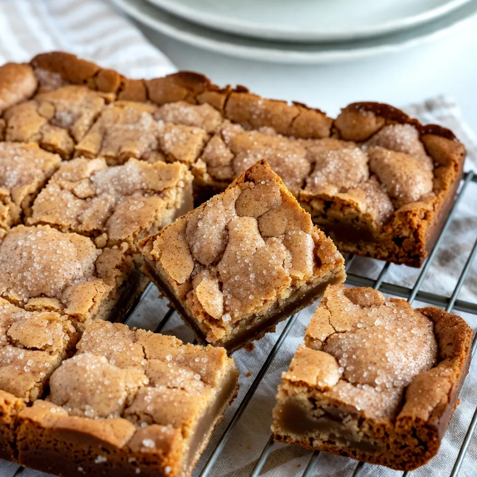 To make snickerdoodle blondies, you need a few key items. Here’s what you’ll need: - 1 cup unsalted butter, melted - 1 ½ cups packed brown sugar - 2 large eggs, at room temperature - 1 tablespoon pure vanilla extract - 2 cups all-purpose flour - 1 teaspoon baking powder - ½ teaspoon baking soda - ½ teaspoon fine salt - 1 tablespoon ground cinnamon - ½ cup granulated sugar (for topping) Each ingredient plays an important role in the flavor and texture of the blondies. The melted butter gives them a rich taste. The brown sugar adds moisture and a slight caramel flavor. Eggs help bind everything while providing a soft texture. Sometimes you may not have all the ingredients. Here are some easy swaps: - Unsalted butter: You can use salted butter. Just skip the added salt in the recipe. - Brown sugar: White sugar works too, but the blondies will be less soft and chewy. - Eggs: For a vegan option, use flax eggs. Mix 1 tablespoon of ground flaxseed with 2.5 tablespoons of water per egg. - All-purpose flour: You can try oat flour or gluten-free flour mixes for a different texture. Using good-quality ingredients can make a big difference. Here’s what I recommend: - Butter: Use fresh, high-quality unsalted butter for a rich flavor. - Brown sugar: Look for the freshest brown sugar you can find. It should be soft and moist. - Vanilla extract: Pure vanilla extract gives a deeper flavor than imitation. When you choose quality ingredients, you enhance the taste of your snickerdoodle blondies. This attention to detail helps create a treat that is truly irresistible! {{ingredient_image_2}} 1. Start by preheating your oven to 350°F (175°C). This helps the blondies bake evenly. 2. Get a 9x13 inch baking pan. Line it with parchment paper. Leave some overhang. This will help you lift the blondies out easily later. 3. In a large bowl, add 1 cup of melted unsalted butter. Pour in 1 ½ cups of packed brown sugar. Stir these together until smooth. 4. Next, add 2 large eggs, one at a time. Mix well after each egg. This ensures they blend well. Now, pour in 1 tablespoon of pure vanilla extract. Mix until combined. 5. In another bowl, whisk together 2 cups of all-purpose flour, 1 teaspoon of baking powder, ½ teaspoon of baking soda, ½ teaspoon of fine salt, and 1 tablespoon of ground cinnamon. Make sure all the dry ingredients are well mixed. 6. Gradually add the dry mix to the wet mix. Stir gently until just combined. Avoid over-mixing to keep a nice texture. 7. Pour the batter into the prepared baking pan. Use a spatula to spread it evenly. 8. In a small bowl, mix ½ cup of granulated sugar with 1 tablespoon of ground cinnamon. Sprinkle this mixture over the batter evenly. 9. Place the pan in the oven. Bake for 25-30 minutes. To check if the blondies are done, look for golden brown edges. Insert a toothpick into the center. If it comes out clean, they are ready. After baking, let the blondies cool in the pan for about 10 minutes. Use the parchment overhang to lift them out. Transfer to a wire rack to cool completely. Now you can cut them into squares! To get that ideal soft and chewy texture, mix the batter carefully. Over-mixing can lead to tough blondies. When you add the dry ingredients, stir until you see no more flour. This will help keep the blondies tender. Always use room temperature eggs; they mix better and create a nice rise. To keep your snickerdoodle blondies fresh, store them in an airtight container. This locks in moisture and flavor. If you stack them, place parchment paper between layers to avoid sticking. They stay fresh for up to a week on the counter. For longer storage, refrigerate them. Just remember to let them warm up a bit before serving. You can easily make these blondies ahead of time. Bake them a day or two before you plan to serve. Just store them properly as mentioned above. You can also freeze them. Wrap the cooled blondies well in plastic wrap and place them in a freezer bag. They keep well for up to three months. When you’re ready to enjoy, just thaw them at room temperature. Pro Tips Use Room Temperature Eggs: For better incorporation into your batter, make sure your eggs are at room temperature before adding them to the mix. Don’t Overmix: Mix the batter until just combined to keep your blondies soft and chewy, avoiding a dense texture. Check for Doneness: Use a toothpick to test the center of the blondies; they are done when it comes out clean or with a few moist crumbs. Cool Completely: Allow the blondies to cool completely on a wire rack before cutting to ensure clean, perfect squares. {{image_4}} You can easily change the flavor of your snickerdoodle blondies. Add nuts for crunch. Chopped walnuts or pecans work well. You can also stir in chocolate chips. Use semi-sweet or dark chocolate for a rich taste. Mix and match these additions to find what you love. If you want a gluten-free version, replace all-purpose flour. Use a gluten-free flour blend instead. Make sure it has a one-to-one ratio for best results. This swap keeps the blondies soft and chewy. Check that all other ingredients are gluten-free too. Seasonal flavors can add fun twists to this recipe. For fall, try pumpkin spice. Add a teaspoon of pumpkin pie spice to the batter. In winter, consider peppermint extract. Just replace the vanilla extract with peppermint for a fresh taste. Each season brings new ways to enjoy these blondies! To keep your snickerdoodle blondies fresh, store them in an airtight container. This helps maintain their soft and chewy texture. Place a piece of parchment paper between layers to prevent sticking. Keep the container in a cool, dry place for up to five days. If you want to keep them longer, freezing is a great option. You can freeze blondies for up to three months. First, let them cool completely. Then, slice them into squares. Wrap each piece tightly in plastic wrap. Place the wrapped blondies in a freezer-safe bag or container. Label the bag with the date. When you want to enjoy them, simply take out the desired amount and thaw at room temperature. To reheat your blondies, preheat the oven to 350°F (175°C). Place the blondies on a baking sheet. Cover with foil to prevent drying out. Heat for about 10 minutes or until warm. You can also use the microwave. Heat each piece for 10-15 seconds. Enjoy them warm for the best taste! Snickerdoodle blondies are sweet bars with a soft and chewy texture. They mix the flavors of snickerdoodle cookies with the rich taste of blondies. You get a buttery base, cinnamon, and a sweet topping. They are perfect for any occasion or just a sweet snack. To make your blondies chewier, use more brown sugar instead of white sugar. Brown sugar adds moisture and a nice chew. Also, try to underbake them slightly. Remove them from the oven when a toothpick has moist crumbs. This helps keep the inside soft and chewy. Yes, you can easily alter this recipe to be vegan. Swap the eggs for flax eggs or applesauce. Use vegan butter instead of regular butter. Ensure your vanilla extract is alcohol-free. With these changes, you can enjoy delicious vegan snickerdoodle blondies! We explored the essentials of making perfect snickerdoodle blondies. You learned about key ingredients, substitutions, and quality choices. I shared step-by-step instructions and helpful tips to check for doneness. We discussed variations for flavor and how to store them best. Remember, baking is all about joy and creativity. You can modify the recipe to suit your taste. Enjoy your baking, and savor every delicious bite!