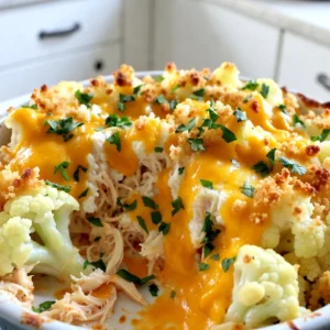- 1 medium head of cauliflower, cut into small florets - 2 cups cooked chicken, shredded (preferably rotisserie for added flavor) - 1/2 cup buffalo sauce (adjust according to your desired spice level) - 1 cup cream cheese, softened at room temperature - 1 cup shredded sharp cheddar cheese, divided - 1/2 cup ranch dressing - 1 cup celery, diced into small pieces - 1/2 cup green onions, sliced (both white and green parts) - Salt and pepper to taste - 1/4 cup breadcrumbs (optional, for a crunchy topping) - Fresh parsley, finely chopped, for garnish When making Buffalo Chicken Cauliflower Casserole, the ingredients are key. I love using fresh produce and quality proteins. The cauliflower is the star of this dish. It provides a great base. You want to cut it into small florets for even cooking. Cooked chicken is next. I prefer rotisserie chicken for flavor. It saves time and adds richness. The buffalo sauce brings the heat. Adjust it to your liking. For creaminess, I use softened cream cheese. It blends well with the other ingredients. Shredded sharp cheddar cheese is essential. It adds a strong, cheesy flavor. Ranch dressing gives a nice coolness to balance the spice. Celery adds a nice crunch. Green onions lend a fresh taste. Salt and pepper are necessary for seasoning. If you want extra crunch, breadcrumbs are optional. Fresh parsley adds color and freshness as a garnish. Each ingredient plays a role in making this dish tasty and satisfying. {{ingredient_image_2}} - Preheat your oven to 350°F (175°C) and grease a baking dish. - In a large pot, bring water to a boil. Add the cauliflower florets and cook for 5-7 minutes until tender. Drain and set aside to cool. - In a large bowl, mix shredded chicken, buffalo sauce, cream cheese, half the cheddar cheese, ranch dressing, diced celery, and sliced green onions. Stir until smooth. - Gently fold the drained cauliflower into the chicken mixture. Make sure the florets are well coated. Taste and add salt and pepper to your liking. - Pour the mix into the greased baking dish. Spread it out evenly. Top with the remaining cheddar cheese. For extra crunch, sprinkle breadcrumbs on top if you want. - Place the dish in the oven and bake for 25-30 minutes until bubbly and golden brown. Once done, let it cool for a few minutes before serving. Garnish with chopped parsley for freshness. - Adjusting spice levels with buffalo sauce: Buffalo sauce can be spicy. Start with a little. Taste the mix. If it’s not hot enough, add more sauce a bit at a time. This way, you can control the heat to suit your taste. - Importance of using rotisserie chicken: Rotisserie chicken adds great flavor. It’s already cooked, which saves time. The seasoning from the chicken also enhances the whole dish. If you don’t have rotisserie, cook your chicken with spices for extra taste. - Presentation ideas with ranch dressing: Serve the casserole hot from the baking dish. Drizzle ranch dressing on top for a creamy touch. You can also place a small bowl of ranch next to the casserole for dipping. Arrange some celery sticks on the side for crunch. - Sides that pair well with the casserole: This casserole goes well with a fresh salad. A simple green salad with lemon dressing works great. You can also serve it with crispy tortilla chips. They add a fun crunch and balance the creamy casserole. Pro Tips Choose the Right Chicken: Using rotisserie chicken not only saves time but also adds a depth of flavor that will enhance the overall taste of the casserole. Adjusting Spice Levels: Feel free to modify the amount of buffalo sauce based on your spice preference. Start with less if you're unsure, and add more to taste. Homemade Ranch Dressing: For a fresher taste, consider making your own ranch dressing. It’s easy and can enhance the flavor profile of your casserole. Make Ahead: This casserole can be prepared in advance and stored in the refrigerator. Just bake it when you're ready to serve for an easy meal. {{image_4}} You can switch out some ingredients to fit your taste or needs. - Alternative proteins: If you want a different protein, use cooked turkey or tofu. Both options work well in this dish and keep it tasty. - Dairy-free options: For a dairy-free meal, swap cream cheese and cheddar with vegan versions. You can find plenty of plant-based cheeses that melt nicely. Adding extra flavors can make this casserole even better. - Additional spices: Try adding paprika, garlic powder, or onion powder to boost the taste. These spices add a nice kick and depth. - Adding vegetables: You can mix in bell peppers or spinach for more color and nutrition. Both veggies pair well with the buffalo flavor and add crunch. Feel free to get creative! Each change can make your Buffalo Chicken Cauliflower Casserole unique and delightful. To store your Buffalo Chicken Cauliflower Casserole, let it cool first. This step helps keep the texture right. Place the leftovers in an airtight container. You can use plastic containers or glass ones. Make sure they seal well to keep the flavors in. You can keep the casserole in the fridge for about 3 to 4 days. If you want to enjoy it later, check for any signs of spoilage. If it smells funny or looks off, it’s best to toss it. Freezing is a great option if you want to save some for later. First, let the casserole cool completely. Then, cut it into servings for easier thawing. Wrap each piece tightly in plastic wrap. After that, place them in a freezer-safe bag or container. This keeps the casserole fresh for about 2 to 3 months. When you're ready to eat, thaw the casserole in the fridge overnight. You can reheat it in the oven or microwave. Just make sure it's heated all the way through before serving. Can I make this casserole ahead of time? Yes, you can prepare this casserole in advance. Just follow all the steps, but instead of baking it, cover it and store it in the fridge. When you're ready to enjoy it, bake it straight from the fridge. You may need to add a few extra minutes to the baking time. What can I use instead of ranch dressing? If you want a different flavor, you can use blue cheese dressing, Greek yogurt, or even a homemade dressing. Just make sure it has a creamy texture to blend well with the other ingredients. Is it possible to make this dish spicy? Absolutely! You can add more buffalo sauce to increase the heat. If you like extra spice, try adding some diced jalapeños or crushed red pepper flakes to the mix. How can I reheat leftovers effectively? To reheat, use an oven set to 350°F (175°C). Cover the casserole with foil to keep it moist. Heat for about 15-20 minutes or until hot. You can also microwave individual portions for a quick meal. Caloric content per serving Each serving of this casserole has around 350-400 calories. This can change based on the type of chicken and cheese you use. Healthier ingredient options To make it lighter, try using low-fat cream cheese and dressing. You can also swap in grilled chicken or add more veggies like spinach or zucchini for extra nutrients. This blog post shared a simple and tasty buffalo chicken casserole recipe. We covered the main ingredients, preparation steps, and helpful tips for the best results. You learned about variations for flavor and dietary needs, plus how to store leftovers. In the end, this dish is easy to make and fun to share. Try it for your next meal! You’ll love how delicious and adaptable it can be. Enjoy cooking and eating this great recipe!