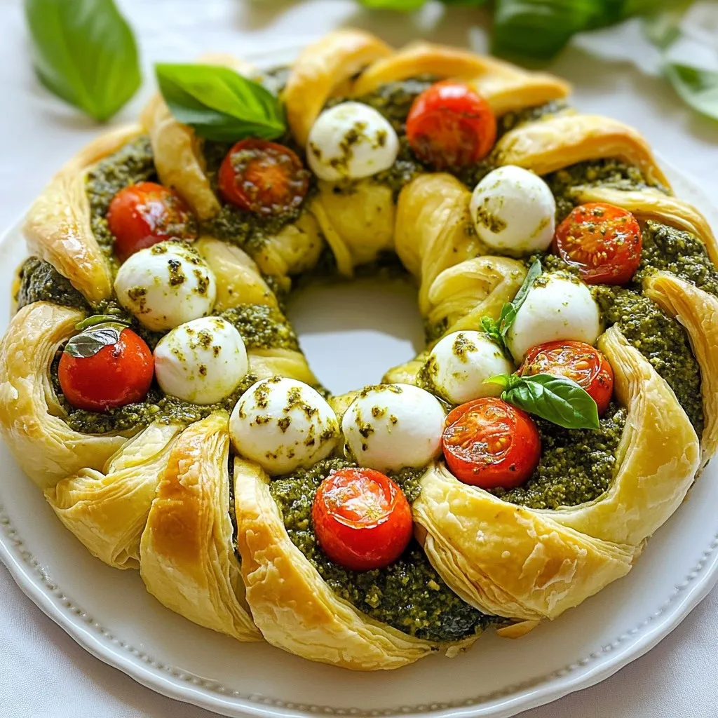 To create a delicious Pesto Mozzarella Christmas Wreath, you need key ingredients. Here’s what you will need: - 1 cup fresh basil leaves - ½ cup extra-virgin olive oil - 2 cloves garlic, finely minced - ⅓ cup pine nuts, lightly toasted - ½ cup grated Parmesan cheese - Salt and pepper, to taste - 1 sheet puff pastry, thawed - 8 oz fresh mozzarella balls (bocconcini) - Cherry tomatoes, halved (for garnish) - 1 egg, beaten (for egg wash) - Extra fresh basil leaves (for garnish) - Fresh basil leaves: Use 1 cup. This adds a fragrant flavor. - Extra-virgin olive oil: Use ½ cup. It helps blend the pesto. - Garlic: Use 2 cloves. Mince them finely for a strong taste. - Pine nuts: Use ⅓ cup, lightly toasted. They add a nutty crunch. - Parmesan cheese: Use ½ cup, grated. This gives a salty kick. - Salt and pepper: Add to taste. These enhance the overall flavor. - Puff pastry: Use 1 sheet, thawed. It forms the base of the wreath. - Fresh mozzarella balls: Use 8 oz. They melt beautifully in the oven. - Cherry tomatoes: Halve them for garnish. They add color and freshness. - Beaten egg: Use 1 for the egg wash. It helps achieve a golden crust. - Extra basil leaves: Use for garnish. They add a festive touch. To make the wreath unique, consider adding: - Spinach or arugula: Mix in for extra greens. - Sun-dried tomatoes: Add for a sweet, tangy flavor. - Olives: Chopped olives can add a briny taste. - Different cheeses: Try goat cheese or feta for a twist. These variations can make your wreath special and cater to different tastes. {{ingredient_image_2}} To make the pesto, grab your food processor. Add one cup of fresh basil leaves. Then, pour in half a cup of extra-virgin olive oil. Next, add two cloves of minced garlic. Toss in a third cup of lightly toasted pine nuts. Finally, include half a cup of grated Parmesan cheese. Pulse the mixture until it becomes smooth. It should blend well without chunks. After blending, taste the pesto. Adjust with salt and pepper as needed. Set the pesto aside. Letting it rest helps the flavors come together. First, preheat your oven to 400°F (200°C). This ensures even baking. Next, take your thawed puff pastry sheet. Place it on a lightly floured surface. Roll it out gently to remove creases. A smooth sheet makes for a better wreath. Now, it’s time to cut the pastry. Use a pizza cutter or sharp knife. Slice the pastry into strips that are 1-2 inches wide. This size works well for pinwheels. Let’s assemble the pinwheels! Take a strip of puff pastry. Spread a thin layer of pesto over it. Place a mozzarella ball at one end. Roll the strip tightly to form a pinwheel. Repeat this for all the strips. Now, it’s time to form the wreath. On a baking sheet lined with parchment paper, arrange the pinwheels. Overlap them slightly to create a circular shape. Next, brush the wreath with beaten egg. This gives it a nice golden color. Finally, bake the wreath in the oven for 20-25 minutes. It should puff up and turn golden brown. Once it’s done, let it cool slightly on a wire rack. Garnish with halved cherry tomatoes and fresh basil leaves. Serve with any leftover pesto for dipping. Enjoy your festive creation! To make great pesto, fresh basil is key. Use one cup of fresh basil leaves for the best taste. Mixing in the right amount of extra-virgin olive oil helps create a smooth texture. I use a half cup, but you can adjust it to your liking. The garlic adds a nice kick. Two cloves, minced finely, will do the trick. Don't forget the pine nuts! Lightly toasting a third cup adds richness. Finally, stir in half a cup of grated Parmesan cheese for that salty depth. Season with salt and pepper to taste. For puff pastry, start with a thawed sheet. Roll it out on a floured surface to make it even. This step helps it bake better. Cut the pastry into strips about 1-2 inches wide. A pizza cutter works well here! When you bake, the pastry needs space to puff up. Arrange your pinwheels in a circular shape but don’t squish them together. Finally, brush with a beaten egg. This gives a lovely golden color. To serve, place the wreath on a big, decorative platter. I love to add a small bowl of leftover pesto in the center for dipping. It looks festive and inviting! Scatter a few whole basil leaves on the platter for a pop of color. Halved cherry tomatoes also add a nice touch. This wreath is perfect for parties or family gatherings. It’s a fun, tasty way to impress your guests! Pro Tips Use Fresh Ingredients: Always opt for fresh basil and high-quality olive oil for the pesto to ensure vibrant flavors. Toast the Pine Nuts: Lightly toasting the pine nuts enhances their flavor and adds a lovely nuttiness to the pesto. Preheat the Oven: Make sure your oven is fully preheated before baking to achieve a perfectly puffed and golden wreath. Experiment with Add-Ins: Feel free to add other ingredients like sun-dried tomatoes or olives to the pinwheels for extra flavor variations. {{image_4}} You can easily adjust this recipe for different diets. To make it vegan, swap the mozzarella and Parmesan with vegan cheese. Use nutritional yeast for a cheesy flavor. For a gluten-free option, choose a gluten-free puff pastry. Many stores sell good alternatives. Always check the label to ensure it fits your diet. Feel free to mix up the fillings. Instead of pesto, try sun-dried tomato spread or olive tapenade. You can also use goat cheese or ricotta for a creamy twist. For garnishes, consider using sliced olives or roasted red peppers. Fresh herbs like thyme or parsley also add a nice touch. Make this dish even more festive! Add seasonal ingredients like cranberries or walnuts for crunch. You can also sprinkle in some spices, like nutmeg or cinnamon, for warmth. For a holiday twist, use red and green bell peppers for color. The wreath becomes a centerpiece for your holiday table. After enjoying your Pesto Mozzarella Christmas Wreath, store leftovers right away. Place them in an airtight container. If you do not have one, wrap them tightly with plastic wrap. Keep them in the fridge for up to three days. This helps keep the flavors fresh and the pastry crisp. To reheat your wreath, preheat your oven to 350°F (175°C). Place the wreath on a baking sheet. Cover it loosely with aluminum foil to avoid burning. Heat for about 10-15 minutes or until warm. This method keeps the pastry flaky and delicious. You may also use a microwave, but it can make the puff pastry soft. If you want to save some for later, freezing is a great option. Wrap the cooled wreath tightly in plastic wrap. Then, place it in a freezer-safe bag. This will keep it fresh for up to two months. When ready to eat, thaw it in the fridge overnight. Reheat it in the oven for the best taste. I love serving the Pesto Mozzarella Christmas Wreath on a big, festive platter. It looks great and adds joy to any table. Place the wreath in the center. Serve extra pesto in a small bowl nearby for dipping. You can add fresh basil leaves around the wreath for a pop of color. This makes it more festive and appealing. Yes, you can make the pesto ahead of time! I suggest making it a day or two before. Just store it in an airtight container in the fridge. This allows the flavors to blend nicely. If you see some darkening on top, just stir it before you use it. You can also freeze the pesto for up to three months. Just thaw it in the fridge when you’re ready. To keep the puff pastry crisp, avoid overfilling the pinwheels. Use just enough pesto to flavor without soaking the pastry. When baking, make sure your oven is preheated to 400°F (200°C). Bake until the wreath is golden and puffed. If you want extra crispiness, place the wreath on a baking stone if you have one. Enjoy that yummy crunch! This blog post covered all you need for a Pesto Mozzarella Christmas Wreath. We explored essential ingredients, detailed measurements, and fun variations. I shared step-by-step instructions for making the wreath, plus helpful tips to elevate your dish. Remember, you can adjust the recipe for different diets and enjoy various flavors. Store leftovers safely, and don’t hesitate to freeze them for later. Now, you’re ready to impress at your next gathering with this festive treat!