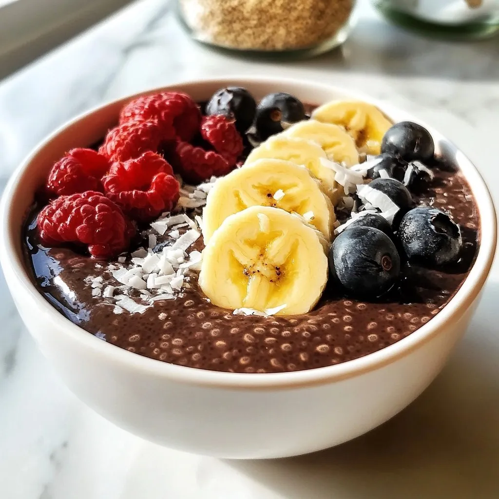 - Chia seeds: 1/2 cup - Almond milk: 2 1/2 cups (or any plant-based milk of choice) - Maple syrup: 1/4 cup (or agave syrup) - Unsweetened cocoa powder: 1/4 cup - Pure vanilla extract: 1 teaspoon - Fine sea salt: a pinch - Optional toppings: Fresh berries, sliced bananas, chopped nuts, unsweetened coconut flakes Gathering the right ingredients is key to a perfect vegan chocolate chia pudding. Start with chia seeds. They are tiny but mighty. These seeds soak up liquid and create a creamy texture. You will need half a cup. Next, grab two and a half cups of almond milk. You can use any plant-based milk. This choice helps make the pudding rich and smooth. Maple syrup adds sweetness. You can also use agave syrup if preferred. A quarter cup will do. For that deep chocolate flavor, use a quarter cup of unsweetened cocoa powder. Pure chocolate is the star. One teaspoon of pure vanilla extract gives this pudding a lovely aroma. Lastly, a pinch of fine sea salt enhances all the flavors. Feel free to add toppings! Fresh berries, sliced bananas, chopped nuts, or unsweetened coconut flakes add extra texture. Enjoy mixing and matching! {{ingredient_image_2}} 1. Combine almond milk, maple syrup, cocoa powder, vanilla extract, and sea salt. In a large bowl, add 2 1/2 cups of almond milk, 1/4 cup of maple syrup, 1/4 cup of unsweetened cocoa powder, 1 teaspoon of pure vanilla extract, and a pinch of fine sea salt. This mix creates a sweet and rich base. 2. Whisk until smooth and free of lumps. Use a whisk to mix the ingredients. Stir until the cocoa powder blends in completely. You want a smooth and creamy liquid. 3. Gradually add chia seeds while whisking. Slowly sprinkle in 1/2 cup of chia seeds. Keep whisking as you add them. This helps spread the seeds evenly. It also stops them from clumping together. 4. Cover and refrigerate for at least 4 hours or overnight. Cover the bowl with a lid or plastic wrap. Place it in the fridge. Let the chia seeds soak up the liquid. This step is key for a pudding-like texture. 5. Stir before serving and portion into cups or bowls. When you’re ready to enjoy, take the bowl out of the fridge. Stir the pudding well to mix it up. Then, scoop it into cups or bowls. This simple process gives you a delicious vegan chocolate chia pudding. Don't forget to add your favorite toppings! To get the perfect texture, whisking is key. Mix the almond milk, maple syrup, cocoa powder, vanilla, and salt well. This step keeps the cocoa smooth. If you skip this, you may end up with lumps. Next, add chia seeds slowly while you whisk. This helps them spread out evenly. If you dump them all at once, they clump up. Chilling time is important too. Aim for at least 4 hours. Overnight works even better. This gives the chia seeds time to soak up the liquid. The longer they sit, the creamier the pudding becomes. For a beautiful presentation, use clear dessert glasses. Start with a layer of pudding. Then, add your toppings like fresh berries or sliced bananas. This creates a lovely look. You can see the rich chocolate and vibrant fruits. Try different toppings for added flavor. Chopped nuts add crunch. Unsweetened coconut flakes give a tropical twist. You can mix and match to find your favorite combo. A mint leaf on top adds a fresh touch too. Pro Tips Storage Tip: Keep the chia pudding stored in an airtight container in the refrigerator for up to 5 days for optimal freshness. Sweetness Adjustment: Feel free to adjust the sweetness by adding more or less maple syrup according to your taste preference. Flavor Variations: Experiment with different flavorings such as almond extract or a dash of espresso powder for a unique twist on the classic recipe. Serving Suggestion: For a delightful contrast in texture, serve the pudding with crunchy granola or toasted nuts on top. {{image_4}} You can change the taste of your chocolate chia pudding easily. Try adding different flavor extracts. Almond extract gives a nutty touch. Mint extract adds a refreshing twist. Both can really change the dessert. If you want a different flavor, consider using carob powder instead of cocoa. Carob has a sweet, earthy taste. It also has less caffeine, making it a great choice for kids or those avoiding caffeine. Toppings can make your pudding even more fun. For a healthy twist, add seeds like pumpkin or sunflower. You can also sprinkle dark chocolate shavings on top. They add a rich taste and look great. Seasonal fruits are a perfect way to add fresh flavor. In summer, use berries like strawberries or blueberries. In fall, sliced bananas or apples work well. These toppings not only taste amazing but also make your dish colorful and appealing. To keep your vegan chocolate chia pudding fresh, place it in an airtight container. Make sure the lid fits tightly. Store it in the fridge for the best taste. It will stay good for up to five days. If you notice any change in smell or texture, it's best to toss it. You can use leftover pudding in different ways. Blend it into smoothies for added creaminess. It works well as a topping for oatmeal or pancakes. You can even mix it into yogurt for a tasty snack. The options are endless, so get creative! Chia seeds are small but powerful. They pack a lot of nutrition. Here are some key benefits: - High in Fiber: They help keep you full and aid digestion. - Rich in Omega-3s: Good for your heart and brain health. - Protein Source: They provide plant-based protein, which is great for vegans. - Antioxidants: They help fight free radicals in your body. Chia seeds also absorb liquid and swell, which helps create a creamy texture in your pudding. Yes, you can! Here are some alternatives: - Agave Syrup: It has a mild flavor and dissolves easily. - Coconut Sugar: This adds a caramel-like taste. - Stevia: If you want it sweeter without calories, this is a good choice. Each sweetener can change the flavor a bit. Try them out to find your favorite! Your vegan chocolate chia pudding will stay fresh for about 5 days in the fridge. Here are some tips to keep it fresh: - Use an airtight container: This prevents the pudding from absorbing smells. - Stir before serving: This keeps the texture smooth after storage. Enjoy your pudding within the week for the best taste! This recipe gives you a simple way to make chia seed pudding. You learned how to combine key ingredients, like almond milk and cocoa powder, for a creamy treat. Chilling is key for the best texture, so be patient. You can get creative with toppings to make it unique. Keep leftovers in the fridge and reuse them in smoothies. Enjoy your tasty pudding, packed with healthy chia seeds!