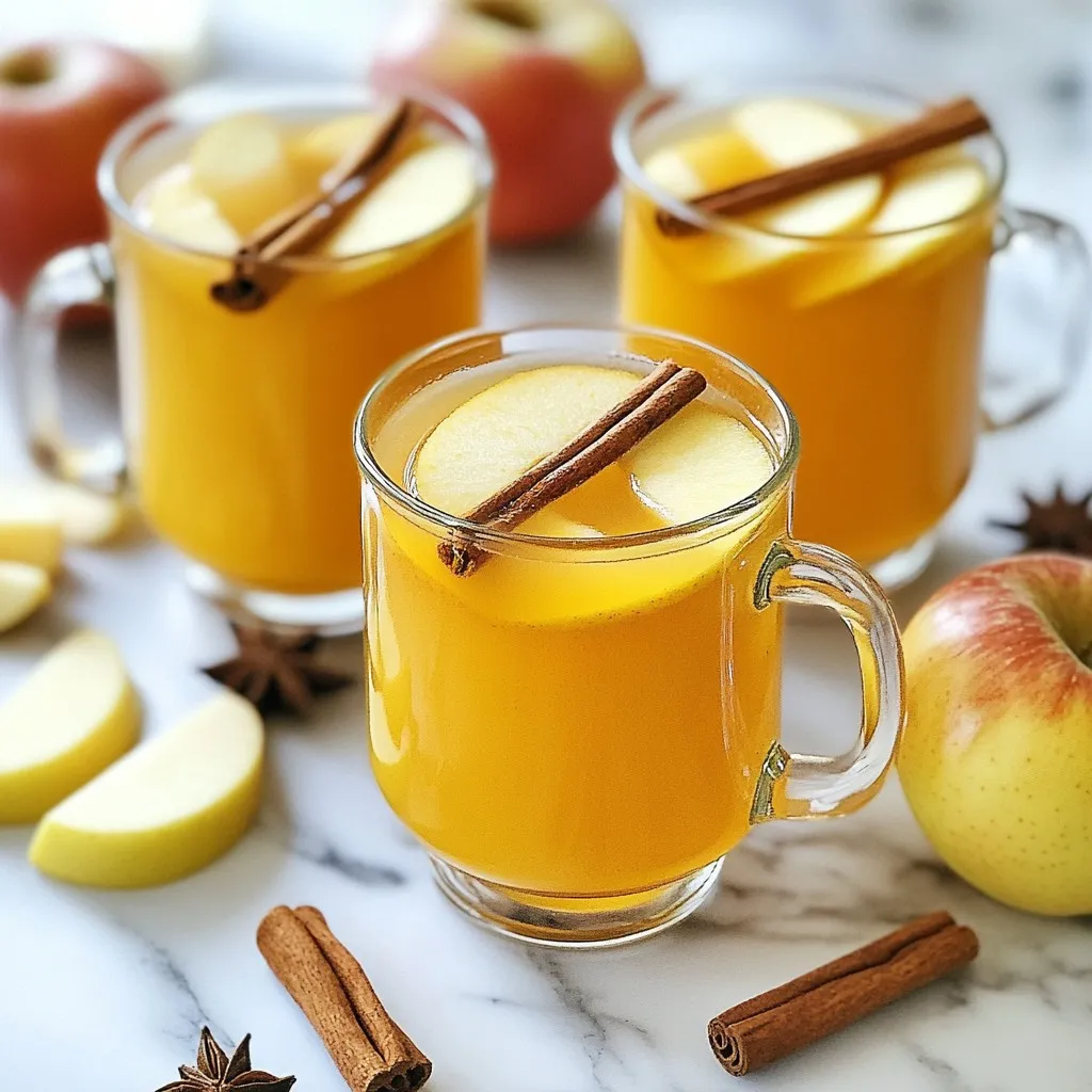- 10 medium apples (Honeycrisp and Granny Smith) - 1 medium orange - 3 whole cinnamon sticks - 1 tablespoon whole cloves - 1 tablespoon allspice berries - 1/2 cup packed brown sugar (adjust to taste for desired sweetness) - 10 cups water - 1 teaspoon pure vanilla extract To make Instant Pot apple cider, you need to gather fresh, ripe ingredients. Start with ten medium apples. I love using a mix of Honeycrisp and Granny Smith apples. The Honeycrisp apples add sweetness, while the Granny Smith ones bring tartness. This mix creates a wonderful balance. Next, grab one medium orange. Its zest and juice brighten the cider. You will also need spices to give your cider warmth. Use three whole cinnamon sticks, one tablespoon of whole cloves, and one tablespoon of allspice berries. These spices make your cider smell and taste amazing. For sweetness, measure out half a cup of packed brown sugar. You can adjust the amount to match your taste. Lastly, you will need ten cups of water and one teaspoon of pure vanilla extract. The vanilla adds a lovely depth to the flavor. With these ingredients ready, you are set to create a drink that warms your heart and home. {{ingredient_image_2}} - Start by coring and quartering 10 medium apples. I like using a mix of Honeycrisp and Granny Smith for a nice balance of sweet and tart. - Next, quarter 1 medium orange. This adds a fresh citrus note to your cider. - Measure out your spices: grab 3 whole cinnamon sticks, 1 tablespoon of whole cloves, and 1 tablespoon of allspice berries. - Lastly, pack 1/2 cup of brown sugar. You can adjust this later based on your taste. - Layer the quartered apples and orange evenly in the Instant Pot. This helps with even cooking. - Sprinkle the cinnamon sticks, cloves, allspice, and brown sugar on top of the fruit. - Carefully pour in 10 cups of water. Make sure it fully covers the fruit and spices. This step is key for extracting all those lovely flavors. - Secure the lid on the Instant Pot. Set it to Manual mode and select high pressure. Cook for 15 minutes. - After cooking, let the pressure release naturally for about 10 minutes. Then, switch to quick release for any remaining steam. - Remove the lid and grab a potato masher or an immersion blender. Mash the fruit and spices into a pulpy mixture. This releases all the flavors. - Next, strain the mixture into a large bowl using a fine-mesh sieve or cheesecloth. Discard the solids for a smooth cider. - Stir in 1 teaspoon of pure vanilla extract. Taste it, and if you want it sweeter, add a bit more brown sugar. - If you want to serve it hot, return the cider to the Instant Pot and use the Sauté function for a few minutes until warm. To make your cider sweeter, add more brown sugar. Start with an extra tablespoon. Stir well and taste. If you want less sweetness, reduce the sugar. You can also use honey or maple syrup for a different flavor. Each option brings a unique twist to your cider. Try adding more spices for richer flavors. A pinch of nutmeg adds warmth. You can also mix in ginger for a spicy kick. Another great idea is to toss in a few star anise. These spices can elevate your cider from good to great. Serve your warm cider in heatproof mugs. Add a cinnamon stick to each mug for a lovely touch. Thin apple slices on the rim make it look festive. For extra charm, garnish with a sprig of fresh rosemary. This simple addition makes your cider stand out. Pro Tips Choose Your Apples Wisely: A combination of sweet and tart apples, like Honeycrisp and Granny Smith, balances flavor perfectly. Adjust Sweetness to Taste: Start with the recommended amount of brown sugar, then add more if you prefer a sweeter cider. Enhance the Aroma: Add a few extra cinnamon sticks during the cooking process for an even more aromatic cider. Keep it Warm: If serving for a gathering, use the Sauté function after straining to keep the cider warm for guests. {{image_4}} You can make your apple cider even better with seasonal add-ins. Cranberries add a tart twist. Just toss in a cup of fresh or frozen cranberries with the apples. They brighten the flavor and give a nice color too. Pears also work well. They add sweetness and a smooth texture. Slice up one or two ripe pears and mix them in. These fruits complement the spices and make your cider unique. If you want a kick in your cider, consider adding spirits. Rum pairs well with apple cider. Add a shot of spiced rum for warmth. Vodka is another choice. It keeps the flavors bright without altering them much. For a fun twist, add bourbon. Just a splash makes the cider rich and cozy. Remember to mix in the alcohol after cooking for the best taste. The type of apples you use changes the flavor of your cider. Honeycrisp apples give a sweet, crisp taste. They are great for a smooth base. Granny Smith apples add a nice tartness, balancing the sweetness. Try mixing different types for depth. Fuji apples are sweet and juicy, while Braeburn apples bring a spicy note. Experiment with combinations to find your favorite blend. To store your apple cider in the fridge, allow it to cool completely. Pour the cider into a clean glass container or bottle. Make sure to seal it tightly with a lid. This helps keep your cider fresh. It will last for about five to seven days in the refrigerator. Always check for any signs of spoilage before drinking. If you want to save your apple cider for later, freezing is a great option. Use freezer-safe containers or bags to store the cider. Leave some space at the top of the container, as liquid expands when frozen. Your cider can last up to three months in the freezer. When you're ready to enjoy it again, simply thaw it in the fridge overnight. To reheat your cider without losing flavor, use your stove or Instant Pot. Pour the cider into a pot and heat it over low to medium heat. Stir occasionally to prevent burning. If you're using the Instant Pot, select the Sauté function and heat for a few minutes. Always taste your cider after reheating. You may want to add a bit more sugar or spices to refresh the flavor. Instant Pot apple cider lasts about one week in the fridge. Store it in an airtight container. If you see any changes in color or smell, it’s best to toss it. You can also freeze cider for up to six months. Just use freezer-safe bags or containers. When ready to drink, thaw it in the fridge overnight. Yes, you can make apple cider on the stove or in a slow cooker. For the stove, put the apples, spices, and water in a large pot. Simmer on low for about two hours. Stir often and mash the apples as they cook. In a slow cooker, combine the same ingredients and cook on low for six to eight hours. You’ll still get great flavors! The best apples for cider are a mix of sweet and tart. I love using Honeycrisp for sweetness and Granny Smith for tartness. Other great choices include Fuji, Gala, and Braeburn. Mixing apples gives your cider depth and balance. Experiment with different types to find your favorite blend! This blog post covered making delicious Instant Pot apple cider. You need simple ingredients, like apples, oranges, and spices. I walked you through each step, from preparation to cooking and final touches. Remember, you can adjust sweetness and explore variations for different flavors. Final thoughts: Making cider at home is fun and rewarding. Enjoy experimenting with seasonal fruits and spices for a unique drink. Your homemade cider will impress friends and family!