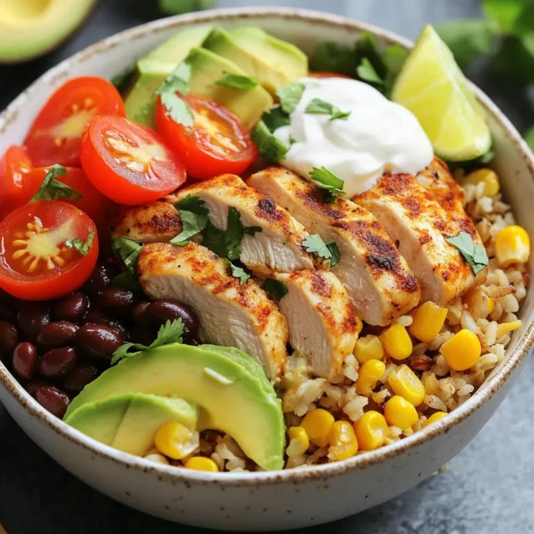 - 2 boneless, skinless chicken breasts - 1 cup brown rice or quinoa (uncooked) - 1 can (15 oz) black beans, rinsed and drained - 1 cup corn (fresh, frozen, or canned) - 1 red bell pepper, diced - 1 ripe avocado, sliced - 1/2 cup cherry tomatoes, halved - 1 tablespoon olive oil - 1 teaspoon chili powder - 1 teaspoon ground cumin - 1 teaspoon smoked paprika - 1/2 teaspoon garlic powder - Salt and freshly ground black pepper to taste - Sour cream or Greek yogurt for serving - Fresh cilantro, chopped - Lime, cut into wedges The main ingredients create a hearty base for your burrito bowls. The chicken gives protein. Rice or quinoa adds grains. Black beans and corn bring fiber and flavor. Fresh vegetables make the dish colorful and bright. You can choose to add the optional ingredients for extra taste. Sour cream or Greek yogurt adds creaminess. Fresh cilantro gives a burst of freshness. Lime wedges add a zesty kick when squeezed over the top. Enjoy customizing your bowls! {{ingredient_image_2}} - Rinse 1 cup of brown rice or quinoa in cold water. - Cook according to package instructions. - Mix 1 teaspoon chili powder, 1 teaspoon ground cumin, 1 teaspoon smoked paprika, and 1/2 teaspoon garlic powder in a bowl. - Add salt and pepper to taste. - Heat 1 tablespoon olive oil in a skillet over medium heat. - Season both sides of 2 chicken breasts with the spice mix. - Cook the chicken for 6-7 minutes on each side until it reaches 165°F (75°C). - Remove the chicken and let it rest before slicing. - In the same skillet, add 1 diced red bell pepper and 1 cup of corn. - Sauté for 3-4 minutes until the bell pepper is tender. - Start with a scoop of cooked brown rice or quinoa in each bowl. - Add sliced chicken on top of the rice. - Layer with rinsed black beans, sautéed corn, and bell pepper. - Top with fresh avocado slices and halved cherry tomatoes. - Garnish with chopped cilantro and add lime wedges. - Optionally, serve with a dollop of sour cream or Greek yogurt. Presentation Tips: Use deep bowls to show off the layers. Arrange lime wedges and cilantro for a fresh look. To ensure your chicken is cooked through, use a meat thermometer. Cook the chicken until it hits 165°F (75°C) inside. This means it is safe to eat. Avoid cutting the chicken too early. Let it rest for a few minutes after cooking. This keeps it juicy and tender. When choosing rice or quinoa, consider your tastes. Brown rice gives a hearty flavor. Quinoa is lighter and full of protein. Both options work great. Rinse them well before cooking. This removes excess starch and improves texture. For serving burrito bowls, use deep, wide dishes. This helps show off the colorful layers. You can also use clear glass bowls for a fun look. Garnishing adds a nice touch. Use fresh cilantro and lime wedges to brighten the dish. You could also add sliced radishes or a sprinkle of cheese. This makes the bowl more appealing and tasty. For extra toppings, think about adding sliced jalapeños or pico de gallo. These add spice and fresh flavor. You could also add a sprinkle of feta cheese or black olives. If you want to change up the seasoning, try taco seasoning or smoked salt. These can add depth to your dish. Fresh herbs like cilantro or parsley can also boost the flavor. Pro Tips Use Fresh Ingredients: Always opt for fresh vegetables and herbs to enhance the flavor of your burrito bowls, making them more vibrant and delicious. Marinate the Chicken: For extra flavor, marinate the chicken breasts in the spice mix and olive oil for at least 30 minutes before cooking. Customize Your Bowls: Feel free to swap out ingredients based on your preferences, such as using grilled shrimp or tofu instead of chicken. Meal Prep Friendly: This recipe is great for meal prep! Prepare extra servings and store them in airtight containers for quick lunches or dinners throughout the week. {{image_4}} You can switch up the meat in your burrito bowls. Try turkey for a leaner option. Ground beef also works well and adds great flavor. For a meatless meal, use tofu or tempeh. Both options soak up flavors nicely, making them tasty choices for veggie lovers. Brown rice is a classic base, but quinoa is a great swap. It adds protein and cooks quickly. If you want a low-carb option, try cauliflower rice. This veggie alternative is light and fluffy, perfect for soaking up all those delicious flavors. Changing the spices can give your bowls a new twist. Try adding cayenne for heat or oregano for a fresh taste. You can also experiment with different salsas or sauces. A mango salsa adds sweetness, while a tangy chipotle sauce brings a smoky kick. To keep your Southwest Chicken Burrito Bowls fresh, store leftovers in airtight containers. This helps prevent leaks and keeps flavors intact. Place the bowls in the fridge. They stay good for up to three days. If you want to save them longer, consider freezing. For freezing, let the bowls cool first. Then, use freezer-safe bags or containers. Make sure to remove as much air as possible. Label each bag with the date. You can freeze them for up to three months. To reheat, the best method is using the microwave. Place a serving in a bowl and cover it with a damp paper towel. This keeps moisture in. Heat in short bursts, stirring in between. Aim for about 1-2 minutes until hot. If you prefer the oven, preheat it to 350°F (175°C). Place the bowl in an oven-safe dish and cover it with foil. Heat for about 15-20 minutes. Stir halfway through to heat evenly. When reheating, mix ingredients gently. This helps everything warm up together. Add a splash of water if needed to keep it moist. To make these bowls vegetarian, swap the chicken for tofu or tempeh. Use the same spices to flavor them. Cook the tofu or tempeh like you would the chicken. This keeps the taste bold and yummy. You can also add more veggies, like zucchini or mushrooms, for extra flavor. Yes, you can prepare many ingredients ahead of time. Cook the rice or quinoa a day early and store it in the fridge. Chop the veggies and store them in airtight bags. You can also season and marinate the chicken or tofu ahead of time. Just remember to keep everything fresh until you're ready to cook. Some great sides include tortilla chips with salsa or guacamole. You can also serve a fresh salad or corn on the cob. A side of black bean soup complements the flavors well. These sides add variety and make your meal feel complete. To kick up the heat, add jalapeños or diced green chilies to the bowls. You can mix in more chili powder or add a dash of hot sauce to the chicken. For a smoky flavor, try smoked chili powder. Adjust the heat to match your taste! In this blog post, we covered how to make delicious Southwest Chicken Burrito Bowls. We started with the main and optional ingredients. Then, I shared step-by-step cooking instructions. Finally, we explored tips for flavor and presentation, along with storage advice. These bowls are versatile, tasty, and easy to customize. Remember, you can change proteins and grains to suit your taste. Enjoy making these bowls and have fun with toppings!