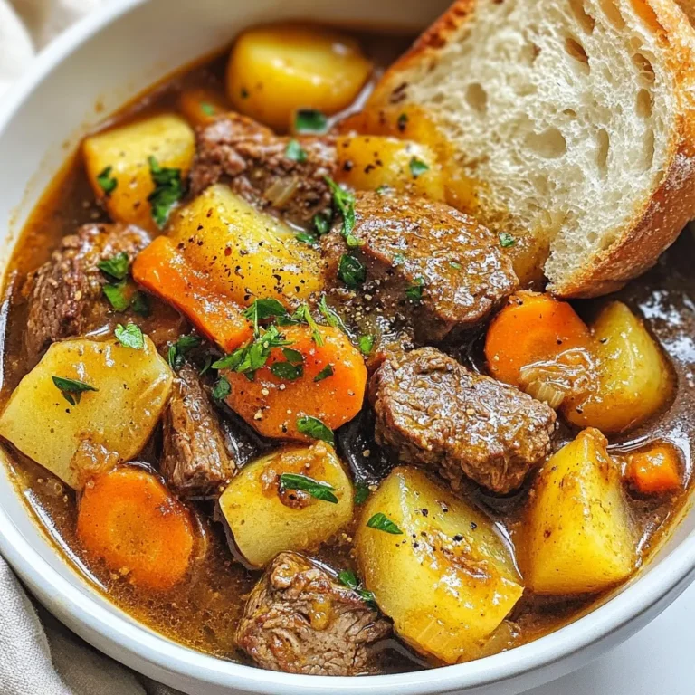 - 2 pounds beef chuck, cut into 1-inch cubes - 2 tablespoons olive oil - 1 large onion, chopped - 3 cloves garlic, minced - 4 medium carrots, sliced - 3 medium potatoes, chopped into bite-sized pieces - 3 cups beef broth - 1 tablespoon tomato paste - 1 teaspoon dried thyme - 1 teaspoon dried rosemary - 2 bay leaves - Salt and pepper to taste To make a great beef stew, you need a mix of tender beef, fresh veggies, and rich broth. The beef chuck gives a nice flavor and stays juicy. The carrots and potatoes add texture and sweetness. Onions and garlic bring warmth and depth to the dish. Seasonings like thyme and rosemary are key for that classic taste. - 2 tablespoons cornstarch (optional, for thickening) - 2 tablespoons water (optional, for cornstarch slurry) If you want a thicker stew, cornstarch is your friend. Mix it with water to create a slurry. This helps to give your stew a nice, hearty feel. Fresh parsley on top adds a pop of color and a hint of freshness. It makes the dish looking and tasting even better! {{ingredient_image_2}} Start by setting the Instant Pot to Sauté mode. Add 2 tablespoons of olive oil. Let it heat until it shimmers. Carefully add the beef cubes in batches. Do not overcrowd the pot. Sear the beef for about 4-5 minutes until it's browned on all sides. Use a slotted spoon to remove the beef. Set it aside on a plate. In the same pot, add the chopped onion and minced garlic. Sauté them for about 2-3 minutes. Stir occasionally until the onions turn soft and translucent. This step builds a rich base for your stew. Now, add the seared beef back into the pot. Mix in the sliced carrots and chopped potatoes. Pour in 3 cups of beef broth to cover everything. Add a tablespoon of tomato paste, dried thyme, dried rosemary, salt, and pepper. Stir all the ingredients until they are well combined. Don't forget to add 2 bay leaves for extra flavor. Secure the lid on the Instant Pot. Make sure it is sealed correctly. Set the Instant Pot to Manual or Pressure Cook for 35 minutes. Once the cooking cycle ends, let the pressure release naturally for about 10-15 minutes. After that, carefully turn the valve to release any remaining pressure. If you like your stew thicker, mix 2 tablespoons of cornstarch with 2 tablespoons of water in a small bowl. This will create a slurry. Stir this mixture into the stew. Switch the Instant Pot back to Sauté mode for 5-10 minutes. This will help thicken the stew to your liking. Before serving, remember to remove the bay leaves. To get a good sear, avoid overcrowding the pot. If you add too much beef at once, it stews instead of browns. This makes your meat less tasty. Sear in batches. This way, each piece gets a nice crust. A good crust adds flavor to your stew. You can boost the flavor with a few extra spices. Try adding a pinch of smoked paprika for a smoky taste. A splash of Worcestershire sauce can deepen the flavor too. Fresh herbs, like parsley or chives, can add brightness. Experiment to find what you love! If you want a thicker stew, use cornstarch. Mix it with water to make a slurry. Stir this into your stew near the end of cooking. Let it cook on Sauté mode for a few minutes. This will help your stew reach the right thickness. Adjust until it feels just right! Pro Tips Choose the Right Cut: Opt for beef chuck as it has the right amount of fat and connective tissue that breaks down during cooking, resulting in a tender and flavorful stew. Layering Flavors: Searing the beef first and then sautéing the aromatics enhances the overall flavor profile of the stew, making it rich and delicious. Natural Pressure Release: Allowing the pressure to release naturally for a while helps the flavors meld together and keeps the meat tender. Thickening Options: If you prefer a thicker stew, use a cornstarch slurry. Mix cornstarch with water and stir it into the stew while sautéing to achieve your desired thickness. {{image_4}} You can switch up the veggies in your stew. Instead of carrots and potatoes, try these options: - Parsnips: They add a sweet, earthy flavor. - Sweet potatoes: They give a nice sweetness and color. - Butternut squash: This adds creaminess when cooked. - Mushrooms: These bring a meaty texture and umami taste. Using these vegetables will change the stew but keep it hearty. If you want to change the meat, consider these options: - Beef brisket: It is rich and tender. - Pork shoulder: This gives a different flavor. - Chicken thighs: They cook quickly and stay moist. - Tofu: For a plant-based option, it absorbs flavors well. Each choice will create a unique dish while keeping it comforting. Many folks need to follow special diets. Here’s how to adjust the stew: - Gluten-free: Use gluten-free broth and skip the cornstarch, or use a gluten-free thickener. - Low-carb: Replace potatoes with cauliflower or turnips for fewer carbs. These adaptations let everyone enjoy the stew without worry. To store leftover stew, let it cool first. Place it in an airtight container. Make sure to cover it well. It can last for 3-4 days in the fridge. When you reheat, stir well to mix flavors. To freeze beef stew, use freezer-safe bags or containers. Leave some space for expansion. Label your containers with the date. The stew can stay fresh in the freezer for up to 3 months. Thaw it in the fridge overnight before reheating. The best way to reheat stew is on the stove. Use low heat and stir often. You can also use the microwave. Heat it in short bursts, stirring in between. Add a splash of broth if it seems too thick. Enjoy your warm and hearty meal! Beef stew lasts about 3 to 4 days in the fridge. Store it in an airtight container to keep it fresh. To ensure the best taste, eat it within this time. If you notice any off smell or unusual changes, it’s best to discard it. Yes, you can make beef stew in advance. It actually tastes better the next day. To do this, let it cool completely before storing. Divide it into portions for easy reheating. This makes meal prep easier and saves time on busy days. Beef stew pairs well with several side dishes. Here are some great options: - Crusty bread for dipping - Mashed potatoes for a creamy touch - Green salad for freshness - Steamed vegetables for color and nutrients These sides complement the rich stew flavors nicely. You learned how to make a delicious beef stew. We covered key ingredients and preparation steps. I shared tips for flavor and texture. You have ideas for variations and storage. My final thought: enjoy this warm, hearty meal with family or friends. It’s simple, tasty, and perfect for any occasion. Dive in and create your own version of this classic dish!