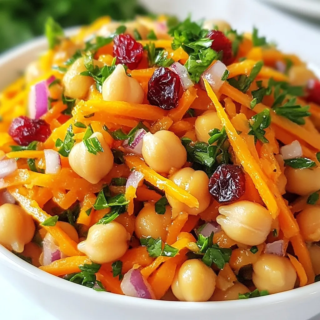 - 2 large carrots, finely grated - 1 can (15 oz.) chickpeas, well-drained and rinsed - 1/4 cup red onion, minced - 1/4 cup fresh parsley, coarsely chopped - 1/4 cup dried cranberries or raisins - 1/4 teaspoon ground cumin - 1/4 teaspoon ground cinnamon - 1/2 teaspoon smoked paprika - 2 tablespoons extra virgin olive oil - 1 tablespoon freshly squeezed lemon juice - Salt and freshly cracked pepper to taste I love using fresh ingredients for this salad. The large carrots add a sweet crunch. Canned chickpeas bring protein and heartiness. Red onion gives a nice bite. Fresh parsley adds a pop of green and flavor. Dried cranberries or raisins lend a hint of sweetness. Spices and seasonings are key to this dish. Ground cumin adds warmth, while ground cinnamon gives a touch of sweetness. Smoked paprika deepens the flavor, making it rich and savory. When it comes to dressings, I use extra virgin olive oil for a fruity note. Freshly squeezed lemon juice brightens the whole dish. Salt and pepper are essential for balancing all the flavors. Enjoy mixing these ingredients together! {{ingredient_image_2}} - Grate the carrots. - Rinse and drain the chickpeas. - Mince the red onion. Start by grating two large carrots. This gives the salad a nice crunch and bright color. Next, grab a can of chickpeas. Rinse them well under cold water and drain. This step removes extra salt and improves taste. Then, finely mince a quarter cup of red onion. Chop it small to mix well in the salad. - Combine grated carrots, chickpeas, and red onion in a bowl. - Fold in parsley and dried cranberries or raisins. In a large bowl, mix the grated carrots, drained chickpeas, and minced onion. Stir gently to combine. Now, chop a quarter cup of fresh parsley. Add the parsley to the bowl. For a sweet touch, fold in some dried cranberries or raisins. This adds a lovely contrast to the earthy flavors. - Whisk together spices, olive oil, lemon juice, salt, and pepper. In a small bowl, whisk together the spices. You need ground cumin, ground cinnamon, and smoked paprika. Add two tablespoons of extra virgin olive oil and one tablespoon of lemon juice. Season with salt and freshly cracked pepper. Whisk until the dressing is smooth and well blended. - Drizzle dressing over the salad mixture. - Toss until well coated. - Adjust seasoning to taste. Now, drizzle the dressing over your salad mix. Use a spatula to toss everything carefully. Make sure all ingredients are coated in the dressing. Taste the salad and adjust with more salt, pepper, or lemon juice if needed. - Allow salad to sit for flavor melding. Let the salad rest for at least 15 minutes. This time helps the flavors blend beautifully. You can serve it chilled or at room temperature. Enjoy this vibrant dish at your next meal! - Adjust seasonings for your taste. Add more cumin or lemon juice if you like. - Fresh herbs make a big difference. Try using mint or cilantro for a zestier flavor. - Serve this salad in a colorful bowl to brighten your table. - Garnish with fresh herbs or sprinkle some seeds on top for a nice look. - Prepare the carrots, chickpeas, and onions ahead of time for quick meals. - Store the dressing in a separate jar until you are ready to serve. Pro Tips Grate Carrots Fresh: For the best texture and flavor, grate the carrots just before mixing them into the salad. This keeps them crisp and vibrant. Chill the Salad: Allow the salad to chill in the refrigerator for 30 minutes to 1 hour after preparing. This enhances the flavors and makes for a refreshing dish. Add Nuts for Crunch: Consider adding toasted nuts like almonds or pistachios to the salad right before serving for an extra crunch and nutty flavor. Experiment with Spices: Feel free to adjust the spices according to your taste. A pinch of cayenne pepper or a dash of coriander can add an exciting twist! {{image_4}} You can change the legumes in this salad. Try using black beans instead of chickpeas. They add a different taste and texture. You can also play with dried fruits. Swap cranberries for raisins or apricots for a new flavor twist. For a creamier dressing, add tahini. It brings a nice richness to the salad. You can also switch up the vinegar. Try apple cider vinegar or balsamic for a fresh tang. Each option offers a unique flavor profile. Looking for more creaminess? Add avocado. It pairs well with the other ingredients. If you want crunch, throw in some nuts. Almonds or walnuts add a lovely texture. These small changes can elevate your salad experience. Store your Moroccan carrot chickpea salad in an airtight container. This helps keep it fresh. Place the container in the fridge for optimal freshness. The cool temperature helps the flavors stay bright and tasty. You can keep this salad in the fridge for up to 3 days. After that, it may lose its crunch and flavor. Always check for any signs of spoilage before eating. You can serve this salad chilled or at room temperature. I love it alongside grilled meats for a balanced meal. It also works well as a light meal on its own. Enjoy the colorful mix of flavors! Yes, you can make this salad in advance. When you let it sit, the flavors blend well. This resting time enhances the taste. I recommend letting it chill in the fridge for a few hours. This way, the salad becomes even more delicious. Yes, this salad is gluten-free. It uses simple ingredients like carrots and chickpeas. Chickpeas are a great source of protein and do not contain gluten. You can enjoy this salad without worries if you follow a gluten-free diet. This salad is already vegan. All the ingredients are plant-based. The chickpeas, carrots, and spices work together to create a tasty dish. If you want to add more texture, consider including nuts or seeds. This salad offers many health benefits. Carrots are high in vitamins A and C. They help keep your eyes healthy and boost your immune system. Chickpeas are full of protein and fiber, which support digestion. Fresh parsley adds vitamins and minerals, making this salad a nutritious choice. Plus, the olive oil contains healthy fats. This salad blends fresh carrots, chickpeas, and a vibrant dressing. You learned how to prepare it step by step, with tips for flavor and presentation. Remember to adjust seasonings to suit your taste. Explore ingredient swaps for variety and enjoy its health benefits. This salad stays fresh for three days in the fridge. It’s easy to make and perfect for any meal. With this guide, you can create a colorful, nutritious dish anytime. Enjoy your culinary adventure!