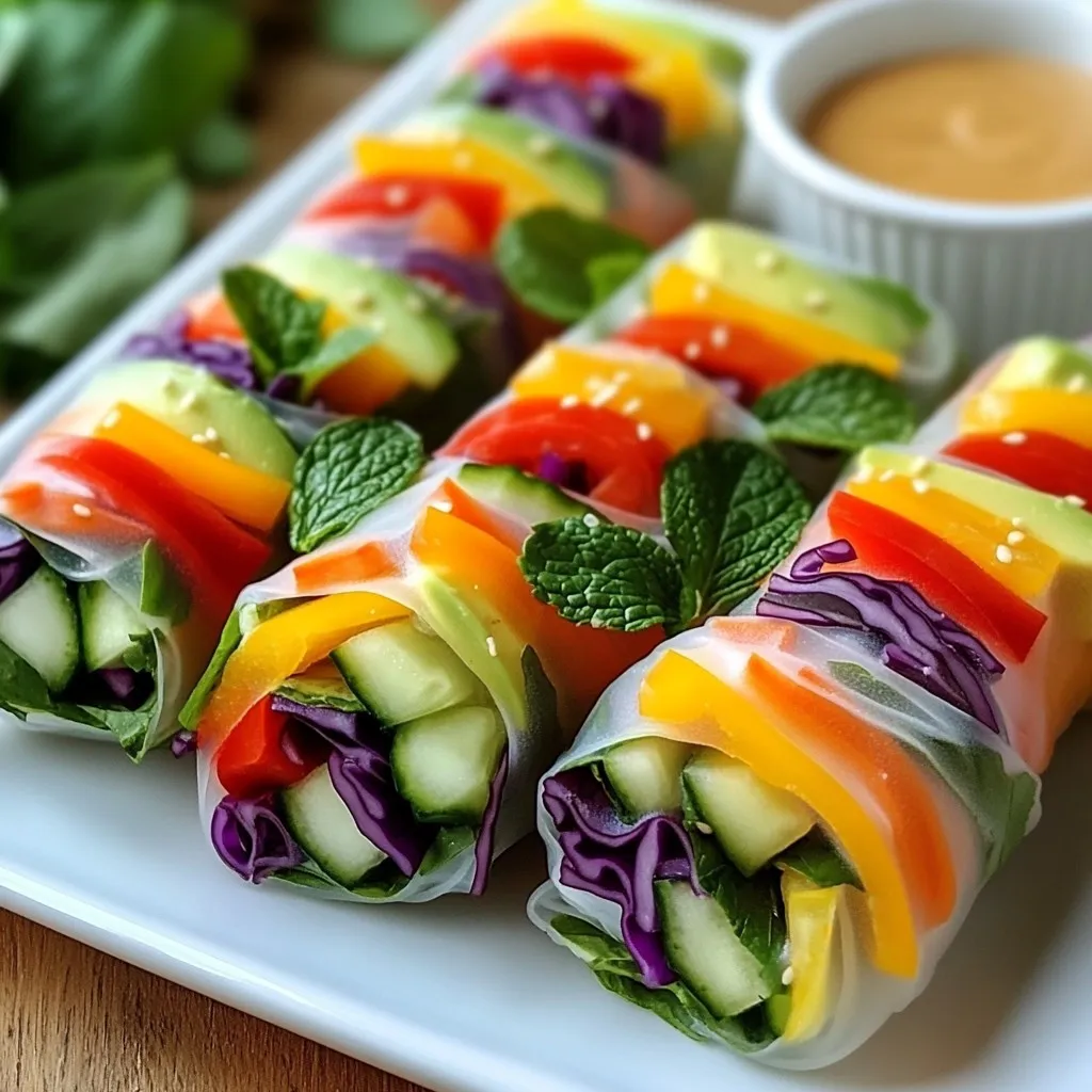 - Rice paper wrappers - Vegetables for filling: - 1 cup red cabbage, finely sliced - 1 cup carrots, julienned - 1 bell pepper, finely sliced - 1 cucumber, julienned - 1 avocado, thinly sliced - Fresh herbs: - 1 cup fresh mint leaves - 1 cup fresh basil leaves - 1/4 cup cilantro leaves - 1/4 cup creamy peanut butter - 2 tablespoons soy sauce - 1 tablespoon sesame oil - 1 tablespoon freshly squeezed lime juice - 1 tablespoon honey or agave syrup - Salt and pepper to taste - 1 cup vermicelli noodles, cooked and cooled - Additional vegetables or proteins When I make Rainbow Veggie Spring Rolls, I choose fresh, colorful veggies. The red cabbage adds crunch, while carrots give a sweet taste. The bell pepper, cucumber, and avocado bring a creamy texture. Fresh herbs like mint, basil, and cilantro give a bright flavor. For the dipping sauce, I mix peanut butter with soy sauce. A splash of sesame oil adds depth. Lime juice brightens the sauce, and honey or agave syrup balances the taste. A pinch of salt and pepper rounds it all out. I also love adding vermicelli noodles for extra filling. You can swap in other veggies or proteins to suit your taste. This recipe gives you room to be creative and enjoy fun flavors! {{ingredient_image_2}} - Boil water and cook 1 cup of vermicelli noodles for 3-4 minutes. - Drain the noodles and rinse them under cold water. This helps stop cooking and cools them down. - In a bowl, combine: - 1/4 cup creamy peanut butter - 2 tablespoons soy sauce - 1 tablespoon sesame oil - 1 tablespoon freshly squeezed lime juice - 1 tablespoon honey or agave syrup - A pinch of salt and pepper - Whisk until smooth. If it’s too thick, add a splash of warm water to reach a dippable consistency. - Slice your vegetables and herbs into thin strips. Use: - 1 cup red cabbage - 1 cup carrots - 1 bell pepper - 1 cucumber - 1 avocado - 1 cup fresh mint leaves - 1 cup fresh basil leaves - 1/4 cup cilantro leaves - Thin strips make rolling easier and look great in the rolls. - Fill a shallow dish with warm water. - Soak one rice paper wrapper for about 10-15 seconds until it softens. - Lay the wrapper flat on a clean surface. - In the center of the rice paper, place: - A small portion of noodles - A few slices of each vegetable - A sprinkle of fresh herbs - Fold the sides of the rice paper over the filling. - Starting from the bottom, roll it upward, tucking in the filling as you go. - Arrange the spring rolls on a platter to show off their colors. - Place a small bowl of the dipping sauce in the center for easy access. - For a beautiful look, serve in a bright dish and garnish with leftover herbs or sesame seeds. To make a tight roll, start with soft rice paper. Soak it in warm water for 10-15 seconds. Keep it flat on your surface. Place the filling in the center. Fold in the sides gently. Then, roll from the bottom. Tuck the filling in as you go. This keeps the spring rolls tight and neat. If you tear the paper, don’t worry! Just use a new piece. You can swap veggies based on what you like. Try using bell peppers, spinach, or radishes. For a vegan option, replace honey with agave syrup. You can also add proteins like tofu or chickpeas. This adds more flavor and nutrition. Feel free to mix and match to create your own versions. Store leftover veggies in an airtight container. Keep them in the fridge for up to three days. For sauce, place it in a jar. It will stay fresh for about a week. If the sauce thickens, just add a splash of water. This way, you can enjoy your spring rolls later! Pro Tips Use Fresh Ingredients: The quality of your vegetables and herbs greatly influences the taste of your spring rolls. Opt for the freshest produce available for the best flavor and texture. Prep Ahead: To save time, you can prepare the vegetables and dipping sauce a few hours in advance. Just keep them covered in the fridge until you're ready to assemble the spring rolls. Don’t Overstuff: While it may be tempting to fill your spring rolls to the brim, overstuffing can make them difficult to roll and may lead to tearing. Keep the filling moderate for easier handling. Experiment with Dipping Sauces: While the peanut sauce is delicious, try different dipping sauces such as hoisin, sweet chili, or even a citrus vinaigrette to find your perfect pairing! {{image_4}} You can change the filling to suit your taste. Try adding proteins like shrimp or tofu. Shrimp adds a sweet and savory touch. Tofu is a great plant-based option that absorbs flavors well. You can grill or sauté them before adding to the rolls. The dipping sauce can also vary. While peanut sauce is a classic, you can try hoisin sauce for a sweeter kick. Spicy chili sauce can add heat if you enjoy spice. Feel free to mix sauces to find your favorite combination. Using seasonal vegetables enhances the freshness of your rolls. In spring, add asparagus or radishes for crunch. Summer is perfect for zucchini or fresh peas. In fall, consider roasted sweet potatoes or butternut squash. Each season brings new flavors and colors to your spring rolls. To keep your spring rolls fresh, store them in an airtight container. Place a damp paper towel in the container to help maintain moisture. This prevents the rice paper from drying out. Keep the container in the fridge. Use the rolls within 1-2 days for the best taste and texture. You can freeze spring rolls for later. To freeze, lay them flat on a baking sheet. Make sure they don't touch. Freeze them for about 1-2 hours until solid. Then, transfer them to a freezer bag. Squeeze out the air and seal. They can last up to three months in the freezer. To reheat, simply thaw in the fridge overnight. Then, heat in a pan or the oven until warm. The dipping sauce can last in the fridge for about a week. Store it in a sealed container. If you see any changes in color or smell, discard it. For optimal flavor, use it within a few days. To know if the rice paper is ready, watch for these signs: - It should feel soft and pliable. - The color will change from white to slightly translucent. - It should bend easily without tearing. Soak the rice paper for about 10-15 seconds in warm water. This will help it soften just right. Yes, you can prepare these spring rolls ahead of time. Here are some tips: - Prepare the veggies and noodles in advance. - Store them in airtight containers in the fridge. - Roll the spring rolls just before serving. If you roll them too early, they may become soggy. These spring rolls pair well with many sides. Consider these ideas: - A fresh salad with lime dressing. - Crispy vegetable chips for crunch. - A light soup like miso or vegetable broth. - Serve with the dipping sauce for added flavor. These options enhance the meal and offer a balance of taste. Yes, spring rolls can be gluten-free. Here are some points to consider: - Use rice paper wrappers, which are typically gluten-free. - Check the soy sauce; opt for tamari as a gluten-free option. - Ensure that any added sauces or ingredients are also gluten-free. By making these choices, you can enjoy a tasty gluten-free treat. In this post, we explored how to make delicious rainbow veggie spring rolls. You learned about the key ingredients, from fresh veggies to the perfect dipping sauce. We walked through each step of preparing, assembling, and serving these tasty rolls. Remember, you can mix and match ingredients to fit your taste. Try different sauces or add proteins. Whether you’re a novice or a pro in the kitchen, these spring rolls are a fun, healthy treat. Enjoy sharing them with family and friends!