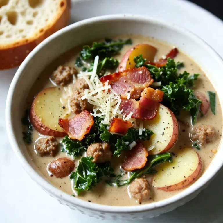 - 1 pound Italian sausage - 4 slices of bacon - 1 large onion - 3 cloves garlic - 6 cups chicken broth - 3 large russet potatoes - 2 cups kale - 1 cup heavy cream - 1 teaspoon red pepper flakes - Salt and pepper to taste - Olive oil - Grated Parmesan cheese To create the perfect copycat Olive Garden Zuppa Toscana, you need fresh and tasty ingredients. Start with one pound of Italian sausage, either mild or spicy, depending on how much heat you like. Next, add four slices of bacon, finely chopped, to give the soup a rich flavor. For the base, you will need one large onion, diced, and three cloves of garlic, minced. These two ingredients add depth to the soup. Next, grab six cups of chicken broth to create a flavorful liquid base. Then, three large russet potatoes should be washed and thinly sliced. Their creaminess enhances the texture of the soup. Finally, add two cups of kale, which adds a nice color and nutrition. For the finishing touch, use one cup of heavy cream for a rich, velvety texture. A teaspoon of red pepper flakes will give the soup a little kick. Don’t forget to season with salt and pepper to taste, and drizzle in some olive oil for cooking. Grated Parmesan cheese will top off the dish, adding extra flavor. With these ingredients, you are set to make a delicious bowl of comfort soup that rivals the restaurant version! {{ingredient_image_2}} - Cook bacon until crispy. - Brown the Italian sausage. To start, heat a drizzle of olive oil in a large pot over medium heat. Add the finely chopped bacon. Cook it until crispy and golden brown, about 5-7 minutes. Use a slotted spoon to transfer the crispy bacon to a paper towel-lined plate. Keep the tasty drippings in the pot. Next, add the Italian sausage in the same pot. Break it into smaller pieces as it cooks. Cook for about 5-7 minutes until browned and fully cooked. Set the sausage aside with the bacon. - Sauté onions and garlic. - Add chicken broth and potatoes. Now, add the diced onion to the pot. Sauté it for about 3-4 minutes until it turns translucent. Stir in the minced garlic and cook for an additional minute. This will make the garlic fragrant. Carefully pour in the chicken broth. Use a wooden spoon to scrape up any browned bits at the bottom of the pot. This adds great flavor to your soup. Next, add the thinly sliced potatoes to the broth. Bring it to a rolling boil. Once boiling, reduce the heat to medium-low and let it simmer for about 15-20 minutes. The potatoes should be tender when pierced with a fork. - Incorporate sausage and bacon. - Add kale and heavy cream. Now, stir in the cooked sausage, crispy bacon, and red pepper flakes. Let the soup simmer for another 5 minutes. This helps meld all the flavors together. Next, add the chopped kale and heavy cream to the pot. Stir well and allow the soup to heat through for another 5 minutes. Taste the soup and add salt and pepper if needed. Once it’s heated, turn off the heat. Let the soup rest for a few minutes for the flavors to blend even more. Your comforting Zuppa Toscana is now ready to enjoy! To get the best flavor in your Zuppa Toscana, start by adjusting the seasoning. You can add more salt or red pepper flakes if you like heat. Taste often as you cook. This helps you find your ideal balance. Sautéing ingredients adds depth to our soup. The bacon and sausage create a rich base. Cook these until they are golden and crispy. This step makes every spoonful delicious. Cooking the potatoes just right is key. Slice them thin and let them simmer until tender. They should break apart easily but not turn mushy. For a creamy finish, add the heavy cream at the end. This gives your soup that smooth, velvety texture we all love. Stir gently to mix everything well, but don’t overdo it. When serving, use warm bowls to keep the soup hot. Top each bowl with grated Parmesan cheese. A sprinkle of black pepper also adds a nice touch. Pair your soup with crusty bread for dipping. This makes for a comforting and filling meal. You can also add a fresh salad on the side for a complete dinner. Pro Tips Choose the Right Sausage: Use mild Italian sausage for a subtle flavor or spicy for an extra kick. You can also mix both for a balanced taste. Perfect Potato Texture: Make sure to slice the potatoes evenly to ensure they cook uniformly. Thinner slices will cook faster and create a creamier texture. Enhance Flavor with Fresh Herbs: Consider adding a sprinkle of fresh thyme or rosemary towards the end of cooking for an aromatic boost. Let it Rest: Allow the soup to sit for a few minutes after cooking before serving. This helps the flavors meld together beautifully. {{image_4}} You can switch out the Italian sausage for turkey sausage. This change offers a lighter flavor. If you want a twist, try chicken sausage. For greens, kale is classic, but you can use spinach or Swiss chard. Both will add a fresh taste. To make this soup gluten-free, choose gluten-free broth and check the sausage label. Many brands offer gluten-free options. For a vegan version, skip the meat and use plant-based sausage. Substitute coconut cream for the heavy cream. This adds richness without dairy. Feel free to play with spices. Add thyme or oregano for extra depth. A squeeze of lemon can brighten the soup. You can also toss in veggies like carrots or celery. These will bring more color and nutrients. Experimenting makes this soup your own. To store leftovers of your Zuppa Toscana, let it cool first. Use an airtight container. Place it in the fridge. It will stay fresh for about three to four days. When you're ready to eat, just scoop out what you need. For freezing, pour the cooled soup into freezer-safe bags or containers. Leave some space at the top for expansion. You can freeze it for up to three months. To reheat, thaw it overnight in the fridge. Heat it slowly on the stove. This keeps the flavors intact. In the fridge, your soup lasts about four days. Look for signs of spoilage, like an off smell or mold. If you see either, it’s best to toss it out. Always trust your senses when it comes to food safety. To add more heat, you can adjust the red pepper flakes. Start with one teaspoon and add more to taste. If you want more spice, try using hot Italian sausage instead of mild. This change brings a rich flavor and a kick to the soup. Yes, you can use other potatoes. Yukon Gold or red potatoes work well. Just remember, these types may cook differently. Cut them into thin slices for even cooking. This keeps the texture soft but not mushy. You can reheat leftovers in two ways. For the microwave, use a microwave-safe bowl. Heat in short bursts, stirring often. If using the stove, warm on low heat. Stir frequently to keep the soup creamy. This prevents sticking and burning. This blog post covered how to make a delicious Zuppa Toscana. We discussed key ingredients, including Italian sausage, bacon, and cream. The step-by-step instructions made it easy to follow along. I shared tips to boost flavor and perfect texture. You can adjust ingredients to fit your needs, whether gluten-free or vegan. Finally, I detailed storage tips for leftovers and answers to common questions. Enjoy your cooking, and don’t hesitate to experiment with this hearty dish!