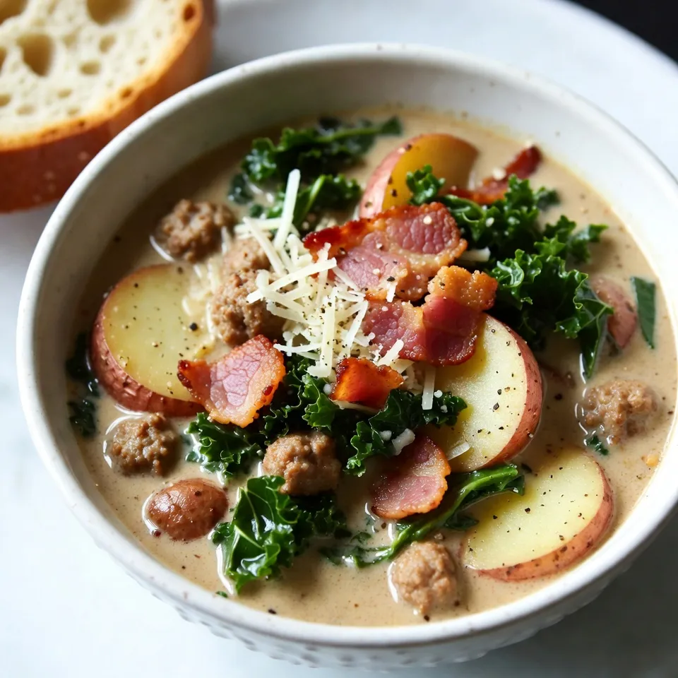 - 1 pound Italian sausage - 4 slices of bacon - 1 large onion - 3 cloves garlic - 6 cups chicken broth - 3 large russet potatoes - 2 cups kale - 1 cup heavy cream - 1 teaspoon red pepper flakes - Salt and pepper to taste - Olive oil - Grated Parmesan cheese To create the perfect copycat Olive Garden Zuppa Toscana, you need fresh and tasty ingredients. Start with one pound of Italian sausage, either mild or spicy, depending on how much heat you like. Next, add four slices of bacon, finely chopped, to give the soup a rich flavor. For the base, you will need one large onion, diced, and three cloves of garlic, minced. These two ingredients add depth to the soup. Next, grab six cups of chicken broth to create a flavorful liquid base. Then, three large russet potatoes should be washed and thinly sliced. Their creaminess enhances the texture of the soup. Finally, add two cups of kale, which adds a nice color and nutrition. For the finishing touch, use one cup of heavy cream for a rich, velvety texture. A teaspoon of red pepper flakes will give the soup a little kick. Don’t forget to season with salt and pepper to taste, and drizzle in some olive oil for cooking. Grated Parmesan cheese will top off the dish, adding extra flavor. With these ingredients, you are set to make a delicious bowl of comfort soup that rivals the restaurant version! {{ingredient_image_2}} - Cook bacon until crispy. - Brown the Italian sausage. To start, heat a drizzle of olive oil in a large pot over medium heat. Add the finely chopped bacon. Cook it until crispy and golden brown, about 5-7 minutes. Use a slotted spoon to transfer the crispy bacon to a paper towel-lined plate. Keep the tasty drippings in the pot. Next, add the Italian sausage in the same pot. Break it into smaller pieces as it cooks. Cook for about 5-7 minutes until browned and fully cooked. Set the sausage aside with the bacon. - Sauté onions and garlic. - Add chicken broth and potatoes. Now, add the diced onion to the pot. Sauté it for about 3-4 minutes until it turns translucent. Stir in the minced garlic and cook for an additional minute. This will make the garlic fragrant. Carefully pour in the chicken broth. Use a wooden spoon to scrape up any browned bits at the bottom of the pot. This adds great flavor to your soup. Next, add the thinly sliced potatoes to the broth. Bring it to a rolling boil. Once boiling, reduce the heat to medium-low and let it simmer for about 15-20 minutes. The potatoes should be tender when pierced with a fork. - Incorporate sausage and bacon. - Add kale and heavy cream. Now, stir in the cooked sausage, crispy bacon, and red pepper flakes. Let the soup simmer for another 5 minutes. This helps meld all the flavors together. Next, add the chopped kale and heavy cream to the pot. Stir well and allow the soup to heat through for another 5 minutes. Taste the soup and add salt and pepper if needed. Once it’s heated, turn off the heat. Let the soup rest for a few minutes for the flavors to blend even more. Your comforting Zuppa Toscana is now ready to enjoy! To get the best flavor in your Zuppa Toscana, start by adjusting the seasoning. You can add more salt or red pepper flakes if you like heat. Taste often as you cook. This helps you find your ideal balance. Sautéing ingredients adds depth to our soup. The bacon and sausage create a rich base. Cook these until they are golden and crispy. This step makes every spoonful delicious. Cooking the potatoes just right is key. Slice them thin and let them simmer until tender. They should break apart easily but not turn mushy. For a creamy finish, add the heavy cream at the end. This gives your soup that smooth, velvety texture we all love. Stir gently to mix everything well, but don’t overdo it. When serving, use warm bowls to keep the soup hot. Top each bowl with grated Parmesan cheese. A sprinkle of black pepper also adds a nice touch. Pair your soup with crusty bread for dipping. This makes for a comforting and filling meal. You can also add a fresh salad on the side for a complete dinner. Pro Tips Choose the Right Sausage: Use mild Italian sausage for a subtle flavor or spicy for an extra kick. You can also mix both for a balanced taste. Perfect Potato Texture: Make sure to slice the potatoes evenly to ensure they cook uniformly. Thinner slices will cook faster and create a creamier texture. Enhance Flavor with Fresh Herbs: Consider adding a sprinkle of fresh thyme or rosemary towards the end of cooking for an aromatic boost. Let it Rest: Allow the soup to sit for a few minutes after cooking before serving. This helps the flavors meld together beautifully. {{image_4}} You can switch out the Italian sausage for turkey sausage. This change offers a lighter flavor. If you want a twist, try chicken sausage. For greens, kale is classic, but you can use spinach or Swiss chard. Both will add a fresh taste. To make this soup gluten-free, choose gluten-free broth and check the sausage label. Many brands offer gluten-free options. For a vegan version, skip the meat and use plant-based sausage. Substitute coconut cream for the heavy cream. This adds richness without dairy. Feel free to play with spices. Add thyme or oregano for extra depth. A squeeze of lemon can brighten the soup. You can also toss in veggies like carrots or celery. These will bring more color and nutrients. Experimenting makes this soup your own. To store leftovers of your Zuppa Toscana, let it cool first. Use an airtight container. Place it in the fridge. It will stay fresh for about three to four days. When you're ready to eat, just scoop out what you need. For freezing, pour the cooled soup into freezer-safe bags or containers. Leave some space at the top for expansion. You can freeze it for up to three months. To reheat, thaw it overnight in the fridge. Heat it slowly on the stove. This keeps the flavors intact. In the fridge, your soup lasts about four days. Look for signs of spoilage, like an off smell or mold. If you see either, it’s best to toss it out. Always trust your senses when it comes to food safety. To add more heat, you can adjust the red pepper flakes. Start with one teaspoon and add more to taste. If you want more spice, try using hot Italian sausage instead of mild. This change brings a rich flavor and a kick to the soup. Yes, you can use other potatoes. Yukon Gold or red potatoes work well. Just remember, these types may cook differently. Cut them into thin slices for even cooking. This keeps the texture soft but not mushy. You can reheat leftovers in two ways. For the microwave, use a microwave-safe bowl. Heat in short bursts, stirring often. If using the stove, warm on low heat. Stir frequently to keep the soup creamy. This prevents sticking and burning. This blog post covered how to make a delicious Zuppa Toscana. We discussed key ingredients, including Italian sausage, bacon, and cream. The step-by-step instructions made it easy to follow along. I shared tips to boost flavor and perfect texture. You can adjust ingredients to fit your needs, whether gluten-free or vegan. Finally, I detailed storage tips for leftovers and answers to common questions. Enjoy your cooking, and don’t hesitate to experiment with this hearty dish!