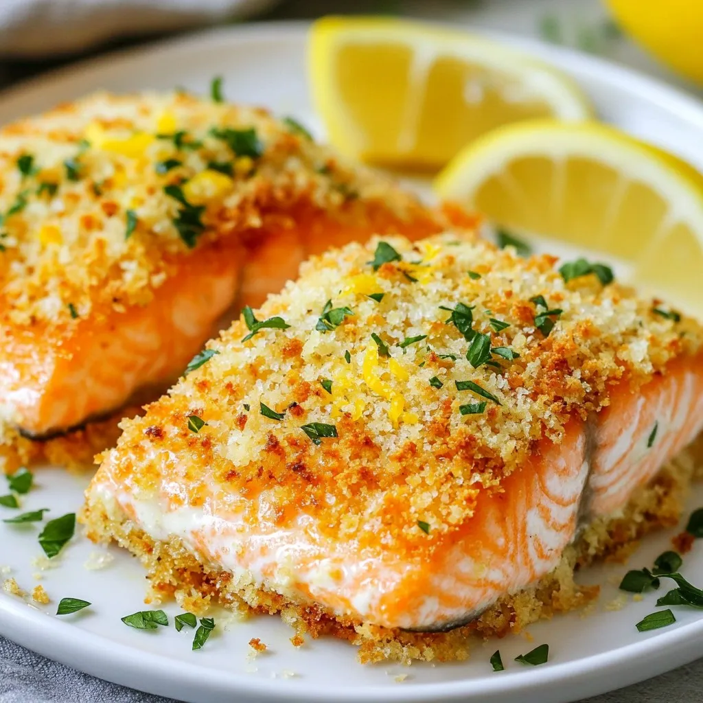 - 4 salmon fillets (approximately 6 oz each) - 1/2 cup finely grated Parmesan cheese - 1/2 cup crispy panko breadcrumbs - 2 tablespoons fresh parsley, finely chopped - 2 cloves garlic, minced - 1 teaspoon fresh lemon zest - 1 teaspoon smoked paprika - Sea salt and freshly ground black pepper to taste - 2 tablespoons extra virgin olive oil Salmon is rich in omega-3 fatty acids. These fats help your heart and brain. It also provides high-quality protein, keeping you full and strong. Parmesan cheese adds calcium for bones and teeth. Panko breadcrumbs give crunch without too many extra calories. Garlic boosts your immune system and adds flavor. Fresh parsley is full of vitamins A and C, which support your skin. Lemon zest gives a fresh taste and adds vitamin C. Smoked paprika brings antioxidants to your dish, too. If you don't have salmon, try using tilapia or trout. These fish work well with the crust. For a dairy-free option, use nutritional yeast instead of Parmesan. You can swap panko with regular breadcrumbs if needed. If you want a different herb, basil or dill can replace parsley. Use onion powder instead of garlic if you prefer. A sprinkle of cayenne pepper adds heat if you like spice. {{ingredient_image_2}} First, preheat your air fryer to 400°F (200°C). This makes sure the salmon cooks evenly. While it heats, you can prepare the other ingredients. Make sure to check that your air fryer basket is clean. A clean basket helps your food taste great. In a medium bowl, mix the following: - 1/2 cup finely grated Parmesan cheese - 1/2 cup crispy panko breadcrumbs - 2 tablespoons fresh parsley, finely chopped - 2 cloves garlic, minced - 1 teaspoon fresh lemon zest - 1 teaspoon smoked paprika - Sea salt and freshly ground black pepper to taste Stir these ingredients well. You want a nice blend of flavors. The cheese gives a rich taste, while the panko adds crunch. Take your salmon fillets and brush each side lightly with 2 tablespoons of extra virgin olive oil. This helps the crust stick better. Next, press the Parmesan mixture on top of each fillet. Make sure to cover them fully for a great flavor. Place the salmon in the air fryer basket in a single layer. Leave space between each piece. This helps the hot air circulate for even cooking. Air fry the salmon for 10-12 minutes. The exact time may change based on the thickness of the fillets. Check that the salmon flakes easily and reaches 145°F (63°C). The crust should look golden and crispy. When done, take the salmon out and let it rest for a minute. This keeps the juices in and makes it moist. To get that perfect crunch on your salmon, use panko breadcrumbs. They are light and crisp. Mix them with Parmesan cheese for a great texture. Press the topping down firmly on the fish. This helps it stick better while cooking. Also, make sure your air fryer is preheated. This step gives a nice golden color quickly. Keep an eye on the cooking time. Every air fryer is a bit different. One mistake is overcrowding the air fryer. Leave space between each fillet. This allows hot air to circulate. Don't skip the olive oil. It helps the crust crisp up and golden. Another common error is cooking salmon too long. Always check for an internal temperature of 145°F. If the salmon flakes easily with a fork, it is done. Serve the salmon with a lemon wedge for a fresh burst of flavor. A sprinkle of parsley adds color and taste. Pair the salmon with steamed vegetables or a green salad. This keeps the meal light and healthy. You can also serve it with rice for a heartier option. Enjoy your meal and share it with friends! Pro Tips Use Fresh Ingredients: Fresh salmon and herbs will enhance the flavor of the dish significantly. Always opt for the freshest ingredients available for the best results. Adjust Cooking Time: Cooking times may vary based on the thickness of the salmon fillets. Keep an eye on the fillets to avoid overcooking and ensure they remain moist. Let It Rest: Allow the salmon to rest for a minute after cooking. This helps the juices redistribute throughout the fish, resulting in a more flavorful and tender bite. Experiment with Flavors: Feel free to add your favorite herbs and spices to the crust mixture. Options like dill or oregano can bring new flavors to this classic dish. {{image_4}} You can switch up the cheese for fun. Try using Asiago or Pecorino Romano instead of Parmesan. Both bring a sharp flavor that pairs well with salmon. If you prefer a milder taste, mozzarella works too. It melts nicely and gives a creamy texture. Feel free to adjust the herbs and spices to fit your taste. You can use dill for a fresh twist. Basil adds a sweet note. If you like heat, add some cayenne pepper or red pepper flakes. Just a pinch will add a nice kick. If you want to try something new, substitute salmon with other fish. Trout or cod are good choices. They cook well and take on flavors nicely. You can apply the same crust to these fish and enjoy a different experience. To store leftover salmon, let it cool first. Place it in an airtight container. You can also wrap it tightly in plastic wrap. Keep it in the fridge for up to three days. If you want to enjoy it later, freezing is a great option. To reheat salmon, use the air fryer for best results. Preheat the air fryer to 350°F (175°C). Place the salmon in the basket for about five minutes. This method keeps the crust crispy and the fish moist. You can also use a microwave, but the texture may change. For freezing, wrap each salmon fillet in plastic wrap. Then, place them in a freezer bag. Remove as much air as you can before sealing. Label the bag with the date. You can freeze salmon for up to three months. When ready to eat, thaw in the fridge overnight before reheating. You should cook salmon for 10 to 12 minutes at 400°F (200°C). The time may change based on the thickness of your fillets. You want the salmon to flake easily and reach an internal temperature of 145°F (63°C). The crust should look golden and crispy. Yes, you can use frozen salmon fillets. Just add a few extra minutes to the cooking time. Make sure to check the internal temperature. This way, you ensure it cooks through properly. I love serving this salmon with steamed vegetables or a fresh garden salad. You can also add a lemon wedge for extra zest. For a heartier meal, try pairing it with quinoa or brown rice. These sides balance the rich, cheesy flavor of the salmon. In this article, we explored how to make air fryer Parmesan crusted salmon. We covered ingredients, nutritional benefits, substitutions, and step-by-step cooking instructions. I shared tips for a perfect crunch and common mistakes to avoid. We also discussed variations, storage info, and answered frequently asked questions. Cooking salmon this way is easy and delicious. Now you can impress your family and friends with a tasty dish. Enjoy your cooking adventure!
