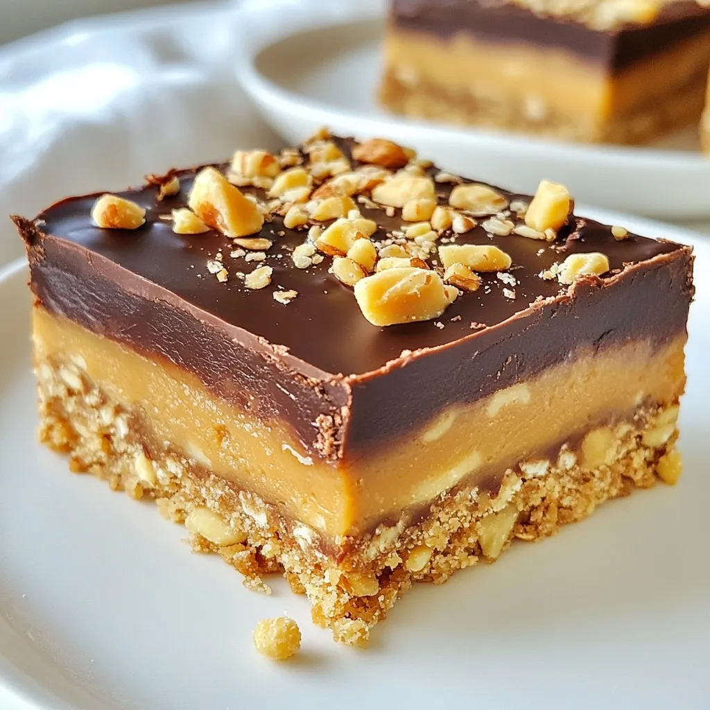 - 1 cup creamy peanut butter - 1 cup rolled oats - 1/2 cup honey or maple syrup - 1/4 cup coconut oil, melted - 1/2 cup dark chocolate chips - 1/4 teaspoon sea salt - 1 teaspoon vanilla extract - Optional toppings like crushed nuts or colorful sprinkles To make no-bake peanut butter bars, you need simple and tasty ingredients. Each one adds flavor and texture. The creamy peanut butter creates a rich base. Rolled oats give the bars a chewy feel. Honey or maple syrup adds sweetness and binds everything together. The melted coconut oil helps the mixture stay moist. Dark chocolate chips on top give a sweet finish. Sea salt balances the sweetness. Vanilla extract adds a warm flavor. You can also use crushed nuts or colorful sprinkles as fun toppings. They make the bars look great and add crunch. Gather these ingredients, and you are ready to create a delicious treat. The recipe is easy and quick, perfect for any skill level. {{ingredient_image_2}} - Step 1: In a large bowl, combine 1 cup of creamy peanut butter, 1/2 cup of honey, 1/4 cup of melted coconut oil, and 1 teaspoon of vanilla extract. Mix until smooth. This mixture is the base for your bars. - Step 2: Gradually mix in 1 cup of rolled oats and 1/4 teaspoon of sea salt. Stir well until the oats are fully mixed in. The mixture should feel sticky and cohesive. - Step 3: Prepare an 8x8 inch square baking dish. Line it with parchment paper, letting some paper hang over the sides. This helps you lift the bars out later. - Step 4: Press the peanut butter and oat mixture firmly into the bottom of the lined baking dish. Use a spatula to make sure it is even and smooth. - Step 5: In a microwave-safe bowl, add 1/2 cup of dark chocolate chips. Melt them in the microwave in 30-second intervals. Stir well between each interval until the chocolate is smooth. - Step 6: Carefully pour the melted chocolate over the pressed peanut butter layer. Use a spatula to spread it evenly across the surface. This will create a delicious topping. - Step 7: If you want, sprinkle crushed nuts or colorful sprinkles over the melted chocolate. Gently press down on the toppings. This helps them stick to the chocolate layer. - Step 8: Place the baking dish in the refrigerator for at least 2 hours. Once the bars are set, lift them out using the parchment paper. Cut into squares or rectangles. Follow these steps, and you will have tasty no-bake peanut butter bars ready to enjoy! - Ensure smooth mixing of the peanut butter mixture. This keeps the bars creamy and tasty. - Press the peanut butter oat mixture firmly for a dense bar. It helps them hold together well. - Use high-quality chocolate for the best flavor. Good chocolate makes a big difference. - Overheating chocolate when melting can ruin its texture. Heat it slowly in short bursts. - Not letting the bars set long enough in the refrigerator leads to a soft texture. Give them at least two hours to firm up. Pro Tips Use Natural Peanut Butter: Opt for a natural peanut butter without added sugars or oils for a healthier option and a more authentic peanut flavor. Chill for Better Texture: Allow the bars to chill longer than the minimum time suggested for a firmer texture that holds together better when cut. Experiment with Toppings: Try using different toppings like shredded coconut, chia seeds, or various nut butters for added flavor and texture. Storage Tips: Store the bars in an airtight container in the refrigerator for up to two weeks to maintain freshness and prevent them from getting too soft. {{image_4}} You can easily change the flavors of these bars. Here are some ideas: - Add protein powder: Mixing in a scoop of protein powder boosts nutrition. It adds protein without changing taste much. - Use almond or cashew butter: Swap peanut butter for almond or cashew butter. This gives a new taste and feel. - Incorporate dried fruits or seeds: Adding dried fruits like cranberries or seeds like sunflower seeds adds great texture. It also gives a chewy bite. Toppings can make your bars more fun. Here are some options to try: - Experiment with chocolate or nut butter: Use white chocolate, milk chocolate, or different nut butters. Each option adds its own flavor twist. - Use shredded coconut or mini marshmallows: Sprinkling shredded coconut adds a tropical feel. Mini marshmallows give a sweet, fluffy bite. Feel free to mix and match these suggestions. Each change brings a new twist to your no-bake peanut butter bars! To keep your no-bake peanut butter bars fresh, store them in an airtight container. Place them in the refrigerator. This method helps maintain their texture and flavor. These bars last about one week in the fridge. You can serve them straight from the fridge or let them sit out for a few minutes to soften slightly. If you want to enjoy these bars later, freezing is a great option. Start by cutting the bars into squares. Wrap each square tightly in plastic wrap. Then, place the wrapped bars in a freezer-safe bag or container. They can stay frozen for up to three months. When you're ready to eat, simply take out a bar. Let it thaw in the fridge for about an hour. Enjoy your tasty treat just like fresh! Can I substitute ingredients for allergies? Yes, you can swap ingredients based on your needs. If you have a peanut allergy, use almond butter or sun butter instead. For sweeteners, maple syrup works great if honey is a problem. Just keep in mind that texture may change slightly. How long do these bars last? These bars stay fresh for about one week in the fridge. If you want to keep them longer, consider freezing them. They can last up to three months in the freezer. Just wrap them well in plastic wrap or foil to avoid freezer burn. Can I make these without coconut oil? You can replace coconut oil with another fat. Unsalted butter or even a neutral oil like canola oil works well. The bars may taste a bit different, but they will still hold together nicely. What's the best way to cut these bars? To cut the bars cleanly, use a sharp knife. First, let them chill for at least two hours. Lift them out of the dish using the parchment paper. Cut them into squares or rectangles. For neat edges, wipe the knife after each cut. These no-bake peanut butter bars are easy to make and taste great. You need simple ingredients, like peanut butter and oats, and a few steps to prepare. By following the tips provided, you can avoid common mistakes and create delicious bars. Feel free to explore different flavors and toppings to make them your own. Store them easily in the fridge or freezer for later. With this guide, making snacks is simple and fun. Enjoy your tasty treats!