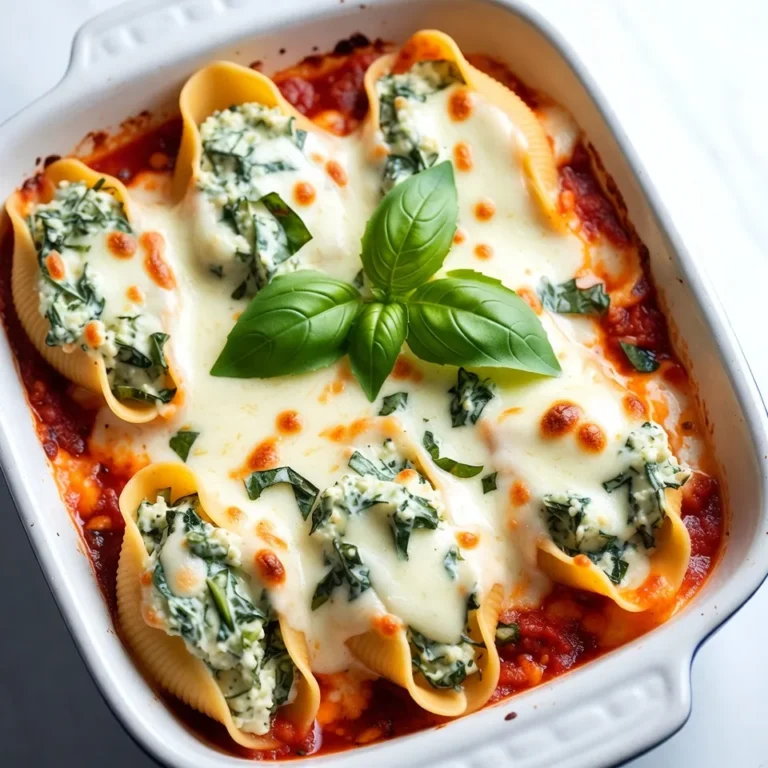 Here’s what you need to make Spinach Ricotta Stuffed Shells. Gather these simple items: - 20 jumbo pasta shells - 2 cups ricotta cheese - 1 cup fresh spinach, chopped - 1 cup shredded mozzarella cheese (plus more for topping) - 1/2 cup grated Parmesan cheese - 1 large egg, beaten - 2 cloves garlic, minced - 1 teaspoon dried oregano - 1 teaspoon salt - 1/2 teaspoon black pepper - 2 cups marinara sauce - Fresh basil leaves for garnish Each ingredient plays a key role. The jumbo shells hold the creamy filling. Ricotta cheese gives a smooth texture. Fresh spinach adds a healthy touch. Mozzarella and Parmesan bring rich flavors. The egg helps bind everything together. Garlic, oregano, salt, and pepper add tasty notes. Marinara sauce ties the dish together with its tangy goodness. Finally, fresh basil gives a bright finish. Make sure to have all these ingredients ready. This will help you cook smoothly and enjoy the process! {{ingredient_image_2}} - Cooking the jumbo shells: Start by boiling water in a large pot. Add the jumbo pasta shells and cook according to the package. Aim for al dente. This keeps them firm when you fill them. - Draining and cooling: Once the shells are cooked, drain them carefully. Rinse them under cold water to stop the cooking. Set them aside to cool for easier handling. - Combining ricotta, spinach, and cheeses: In a big bowl, mix the ricotta cheese with chopped spinach. Add half of the shredded mozzarella and grated Parmesan cheese. - Adding seasonings and egg: Now, add the beaten egg, minced garlic, oregano, salt, and black pepper. Stir well until the mixture is creamy and smooth. - Techniques for filling the shells: Take a cooked shell and fill it with the spinach and ricotta mix. Use a spoon or your fingers to pack it in. - Tips for using a piping bag: For cleaner filling, use a piping bag. Scoop the filling inside the bag and snip the end. This makes it easy to fill the shells without making a mess. - Spreading marinara sauce: Grab a 9x13 inch baking dish. Spread a thin layer of marinara sauce on the bottom. This keeps the shells moist while baking. - Arranging shells in the baking dish: Place each filled shell seam side up in the dish. Make sure they fit snugly but aren’t overcrowded. - Adding remaining sauce and cheese: Pour the rest of the marinara sauce over the shells. Then, sprinkle the remaining mozzarella cheese on top. This gives a nice cheesy crust. - Preheating the oven: Preheat your oven to 375°F (190°C). This step is key for even baking. - Covering and baking details: Cover the dish with aluminum foil. Bake for 25 minutes. After that, remove the foil and bake for another 10-15 minutes. Look for bubbling and a golden top. - Cooling before serving: Let the dish cool for a few minutes after baking. This makes it easier to serve. - Garnishing with basil: Top each serving with fresh basil leaves. This adds a lovely aroma and a burst of flavor. Enjoy your delicious Spinach Ricotta Stuffed Shells! To make the filling shine, start with fresh ingredients. Use good ricotta cheese. It adds creaminess and flavor. Adjust flavors by tasting as you mix. Want it zestier? Add more garlic or some lemon zest. If you enjoy a bit of heat, a pinch of red pepper flakes works well. For a smoother texture, blend the filling briefly. This method helps mix the cheese and spinach evenly. For the best pasta texture, cook the jumbo shells until al dente. This means they should be firm to the bite. Drain them carefully, avoiding any tears. Rinse the shells under cold water to stop the cooking. This step also makes them easier to handle. When baking, cover the dish with foil for the first 25 minutes. This traps steam and keeps the shells moist. Remove the foil to let the cheese bubble and brown nicely. Pair the stuffed shells with a fresh salad. A simple green salad with a light vinaigrette works great. Garlic bread also complements this dish well. For a bit of color, add roasted vegetables on the side. If you're feeling adventurous, sprinkle some crushed nuts on top for crunch. Enjoy your meal with a glass of crisp white wine for a lovely touch! Pro Tips Use Fresh Spinach: Fresh spinach adds a vibrant flavor and better texture compared to frozen spinach. Make sure to rinse and chop it just before using for the best results. Customize Your Cheese: Feel free to mix in different cheeses like feta or goat cheese for a unique flavor twist. Just keep the overall quantity the same. Prepare Ahead: You can prepare the stuffed shells a day in advance and keep them in the refrigerator. Just cover them with foil and bake them when you're ready to serve. Experiment with Sauces: While marinara is classic, try using pesto or Alfredo sauce for a different flavor profile. Each will give your dish a unique spin! {{image_4}} You can change the cheese in stuffed shells. Try using goat cheese or feta for a tangy taste. For a richer flavor, you could use cream cheese. Adding protein can boost nutrition. Cooked chicken, turkey, or sausage mix well with the filling. You can also add veggies like mushrooms, zucchini, or bell peppers for extra color and taste. While marinara sauce is a classic choice, you can explore other options. A roasted red pepper sauce adds a nice twist. You might also enjoy a pesto sauce for a fresh flavor. For a creamy option, consider a white sauce made from butter, flour, and milk. This adds a rich texture and delicious taste to your dish. If you need gluten-free options, look for gluten-free pasta shells. Many brands offer great alternatives that hold up well. For vegan substitutions, use plant-based ricotta made from nuts or tofu. Replace the egg with flaxseed meal or applesauce to help bind the filling. These swaps keep your stuffed shells tasty and inclusive for all diets. Store your leftover spinach ricotta stuffed shells in an airtight container. Place a layer of plastic wrap on the surface to keep moisture in. They will stay fresh for 3 to 5 days in the fridge. When you want to eat them, check for any signs of spoilage before heating. To freeze, let the stuffed shells cool completely. Arrange them in a single layer on a baking sheet, then freeze until solid. Once frozen, transfer them into freezer bags or a container. You can store them for up to 3 months. Label the bags with the date for easy tracking. The best way to reheat stuffed shells is in the oven. Preheat your oven to 350°F (175°C). Place the shells in a baking dish and cover with foil. Bake for 20-25 minutes. You can also microwave them if you’re short on time. Just place them in a microwave-safe dish, cover it, and heat for 2-3 minutes. Check the temperature to ensure they are hot throughout. Spinach Ricotta Stuffed Shells last about 3 to 5 days in the fridge. Make sure to store them in an airtight container. The shells may become softer over time, but they still taste great! Yes, you can use different cheeses. Try using feta for a tangy twist or cheddar for a richer flavor. Mixing cheeses can add depth to your dish. Just keep the balance of creamy and salty in mind. Absolutely! You can prepare the shells a day ahead. Just fill them and store them in the fridge. When you're ready, pour sauce over them and bake. This makes meal prep a breeze! These stuffed shells pair well with a fresh salad or garlic bread. A crisp green salad adds a nice crunch. Garlic bread brings a warm, buttery touch to the meal. Both choices complement the creamy filling. To make it healthier, try these tips: - Use whole wheat pasta shells for more fiber. - Add extra veggies like mushrooms or zucchini to the filling. - Use low-fat ricotta and mozzarella to cut calories. These changes keep the dish tasty while boosting nutrition! You now have a simple guide for making Spinach Ricotta Stuffed Shells. You learned about the key ingredients and step-by-step instructions to create this dish. We discussed tips for filling and baking, along with serving suggestions. Variations let you customize flavors as you like. Plus, remember the storage advice for leftovers. This dish is not only tasty but also flexible for your needs. Enjoy making it your own and sharing it with others!