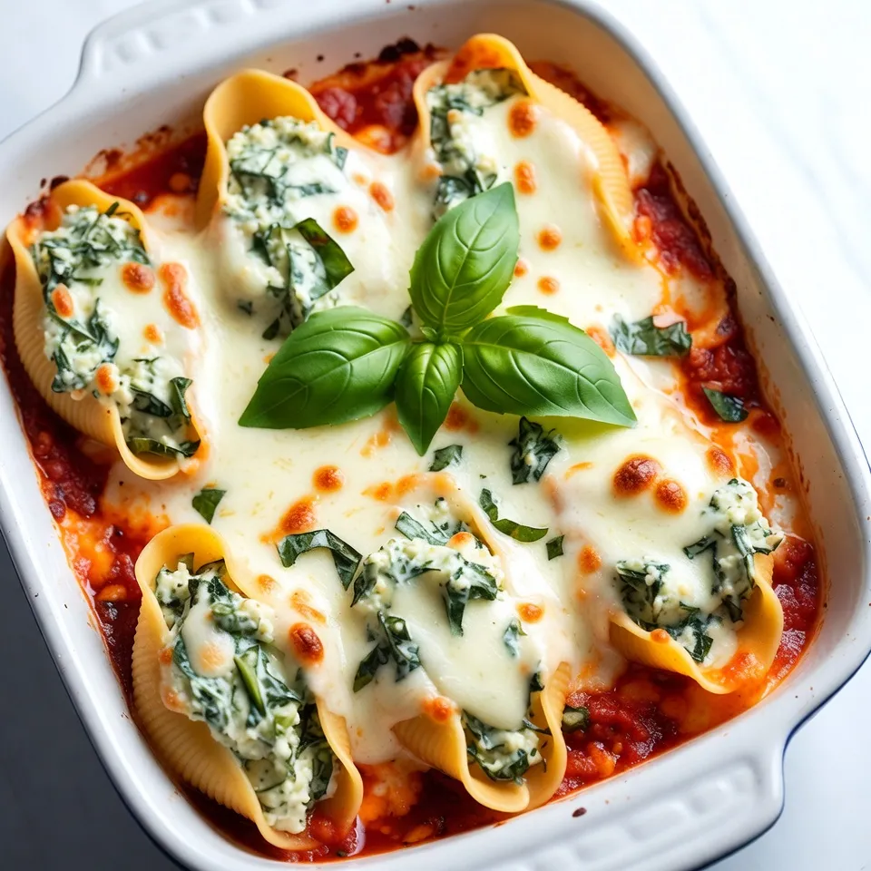Here’s what you need to make Spinach Ricotta Stuffed Shells. Gather these simple items: - 20 jumbo pasta shells - 2 cups ricotta cheese - 1 cup fresh spinach, chopped - 1 cup shredded mozzarella cheese (plus more for topping) - 1/2 cup grated Parmesan cheese - 1 large egg, beaten - 2 cloves garlic, minced - 1 teaspoon dried oregano - 1 teaspoon salt - 1/2 teaspoon black pepper - 2 cups marinara sauce - Fresh basil leaves for garnish Each ingredient plays a key role. The jumbo shells hold the creamy filling. Ricotta cheese gives a smooth texture. Fresh spinach adds a healthy touch. Mozzarella and Parmesan bring rich flavors. The egg helps bind everything together. Garlic, oregano, salt, and pepper add tasty notes. Marinara sauce ties the dish together with its tangy goodness. Finally, fresh basil gives a bright finish. Make sure to have all these ingredients ready. This will help you cook smoothly and enjoy the process! {{ingredient_image_2}} - Cooking the jumbo shells: Start by boiling water in a large pot. Add the jumbo pasta shells and cook according to the package. Aim for al dente. This keeps them firm when you fill them. - Draining and cooling: Once the shells are cooked, drain them carefully. Rinse them under cold water to stop the cooking. Set them aside to cool for easier handling. - Combining ricotta, spinach, and cheeses: In a big bowl, mix the ricotta cheese with chopped spinach. Add half of the shredded mozzarella and grated Parmesan cheese. - Adding seasonings and egg: Now, add the beaten egg, minced garlic, oregano, salt, and black pepper. Stir well until the mixture is creamy and smooth. - Techniques for filling the shells: Take a cooked shell and fill it with the spinach and ricotta mix. Use a spoon or your fingers to pack it in. - Tips for using a piping bag: For cleaner filling, use a piping bag. Scoop the filling inside the bag and snip the end. This makes it easy to fill the shells without making a mess. - Spreading marinara sauce: Grab a 9x13 inch baking dish. Spread a thin layer of marinara sauce on the bottom. This keeps the shells moist while baking. - Arranging shells in the baking dish: Place each filled shell seam side up in the dish. Make sure they fit snugly but aren’t overcrowded. - Adding remaining sauce and cheese: Pour the rest of the marinara sauce over the shells. Then, sprinkle the remaining mozzarella cheese on top. This gives a nice cheesy crust. - Preheating the oven: Preheat your oven to 375°F (190°C). This step is key for even baking. - Covering and baking details: Cover the dish with aluminum foil. Bake for 25 minutes. After that, remove the foil and bake for another 10-15 minutes. Look for bubbling and a golden top. - Cooling before serving: Let the dish cool for a few minutes after baking. This makes it easier to serve. - Garnishing with basil: Top each serving with fresh basil leaves. This adds a lovely aroma and a burst of flavor. Enjoy your delicious Spinach Ricotta Stuffed Shells! To make the filling shine, start with fresh ingredients. Use good ricotta cheese. It adds creaminess and flavor. Adjust flavors by tasting as you mix. Want it zestier? Add more garlic or some lemon zest. If you enjoy a bit of heat, a pinch of red pepper flakes works well. For a smoother texture, blend the filling briefly. This method helps mix the cheese and spinach evenly. For the best pasta texture, cook the jumbo shells until al dente. This means they should be firm to the bite. Drain them carefully, avoiding any tears. Rinse the shells under cold water to stop the cooking. This step also makes them easier to handle. When baking, cover the dish with foil for the first 25 minutes. This traps steam and keeps the shells moist. Remove the foil to let the cheese bubble and brown nicely. Pair the stuffed shells with a fresh salad. A simple green salad with a light vinaigrette works great. Garlic bread also complements this dish well. For a bit of color, add roasted vegetables on the side. If you're feeling adventurous, sprinkle some crushed nuts on top for crunch. Enjoy your meal with a glass of crisp white wine for a lovely touch! Pro Tips Use Fresh Spinach: Fresh spinach adds a vibrant flavor and better texture compared to frozen spinach. Make sure to rinse and chop it just before using for the best results. Customize Your Cheese: Feel free to mix in different cheeses like feta or goat cheese for a unique flavor twist. Just keep the overall quantity the same. Prepare Ahead: You can prepare the stuffed shells a day in advance and keep them in the refrigerator. Just cover them with foil and bake them when you're ready to serve. Experiment with Sauces: While marinara is classic, try using pesto or Alfredo sauce for a different flavor profile. Each will give your dish a unique spin! {{image_4}} You can change the cheese in stuffed shells. Try using goat cheese or feta for a tangy taste. For a richer flavor, you could use cream cheese. Adding protein can boost nutrition. Cooked chicken, turkey, or sausage mix well with the filling. You can also add veggies like mushrooms, zucchini, or bell peppers for extra color and taste. While marinara sauce is a classic choice, you can explore other options. A roasted red pepper sauce adds a nice twist. You might also enjoy a pesto sauce for a fresh flavor. For a creamy option, consider a white sauce made from butter, flour, and milk. This adds a rich texture and delicious taste to your dish. If you need gluten-free options, look for gluten-free pasta shells. Many brands offer great alternatives that hold up well. For vegan substitutions, use plant-based ricotta made from nuts or tofu. Replace the egg with flaxseed meal or applesauce to help bind the filling. These swaps keep your stuffed shells tasty and inclusive for all diets. Store your leftover spinach ricotta stuffed shells in an airtight container. Place a layer of plastic wrap on the surface to keep moisture in. They will stay fresh for 3 to 5 days in the fridge. When you want to eat them, check for any signs of spoilage before heating. To freeze, let the stuffed shells cool completely. Arrange them in a single layer on a baking sheet, then freeze until solid. Once frozen, transfer them into freezer bags or a container. You can store them for up to 3 months. Label the bags with the date for easy tracking. The best way to reheat stuffed shells is in the oven. Preheat your oven to 350°F (175°C). Place the shells in a baking dish and cover with foil. Bake for 20-25 minutes. You can also microwave them if you’re short on time. Just place them in a microwave-safe dish, cover it, and heat for 2-3 minutes. Check the temperature to ensure they are hot throughout. Spinach Ricotta Stuffed Shells last about 3 to 5 days in the fridge. Make sure to store them in an airtight container. The shells may become softer over time, but they still taste great! Yes, you can use different cheeses. Try using feta for a tangy twist or cheddar for a richer flavor. Mixing cheeses can add depth to your dish. Just keep the balance of creamy and salty in mind. Absolutely! You can prepare the shells a day ahead. Just fill them and store them in the fridge. When you're ready, pour sauce over them and bake. This makes meal prep a breeze! These stuffed shells pair well with a fresh salad or garlic bread. A crisp green salad adds a nice crunch. Garlic bread brings a warm, buttery touch to the meal. Both choices complement the creamy filling. To make it healthier, try these tips: - Use whole wheat pasta shells for more fiber. - Add extra veggies like mushrooms or zucchini to the filling. - Use low-fat ricotta and mozzarella to cut calories. These changes keep the dish tasty while boosting nutrition! You now have a simple guide for making Spinach Ricotta Stuffed Shells. You learned about the key ingredients and step-by-step instructions to create this dish. We discussed tips for filling and baking, along with serving suggestions. Variations let you customize flavors as you like. Plus, remember the storage advice for leftovers. This dish is not only tasty but also flexible for your needs. Enjoy making it your own and sharing it with others!