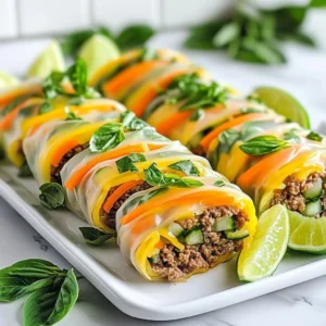 To make delicious Thai basil beef rolls, you need the following main ingredients: - 1 lb ground beef - 1 cup fresh Thai basil leaves, packed - 2 cloves garlic, minced - 1 tablespoon soy sauce - 1 tablespoon fish sauce - 1 tablespoon brown sugar - 1 teaspoon red pepper flakes - 8 rice paper wrappers - 1 cup cooked vermicelli noodles - 1 large carrot, julienned - 1 cucumber, julienned - Fresh lime wedges for serving These ingredients create a tasty mix of flavors. The ground beef gives a hearty base. The Thai basil adds a fresh and bright touch. Garlic brings a warm aroma. Soy and fish sauces add depth, while brown sugar balances the saltiness. If you want to boost the flavor even more, consider these optional ingredients: - Fresh mint leaves - Chopped peanuts for crunch - Sriracha for extra heat Adding fresh mint gives a nice twist. Chopped peanuts will add a satisfying crunch. Sriracha can bring more spice if you like it hot. You can swap some ingredients based on what you have. Here are some ideas: - Use ground turkey or chicken instead of beef. - Try rice noodles instead of vermicelli. - Use lettuce leaves for a low-carb option. These swaps keep the fun while changing the taste. Feel free to experiment! {{ingredient_image_2}} First, grab a large skillet and heat it over medium heat. Add 1 pound of ground beef to the skillet. Cook the beef for about 5 to 7 minutes. Stir it often and break it up with a wooden spoon. You want it browned and cooked through. Next, add 2 cloves of minced garlic to the meat. Sauté this for 1 to 2 minutes. You want the garlic fragrant but not burned. Now, stir in 1 tablespoon of soy sauce, 1 tablespoon of fish sauce, 1 tablespoon of brown sugar, and 1 teaspoon of red pepper flakes. Let it cook for another 2 minutes. Finally, fold in 1 cup of fresh Thai basil leaves. The heat will wilt the basil. Remove the skillet from the heat and let the mixture cool slightly. Next, find a large shallow dish or skillet. Fill it with warm water. Take one rice paper wrapper and dip it into the water. Hold it in for about 15 to 20 seconds. You want the wrapper to soften and become easy to handle. Once it's ready, take it out and place it on a clean, flat surface. Make sure it doesn’t stick to anything. Now it’s time to assemble your rolls! On the softened rice paper, add a few tablespoons of your beef mixture in the center. Then, add a small handful of cooked vermicelli noodles. Next, include some of the julienned carrots and cucumbers. Now, fold the sides of the rice paper over the filling. Roll it away from you to keep everything secure inside. Repeat this with the rest of the wrappers and filling. Once you finish, arrange the rolls on a platter. Serve them with fresh lime wedges for a zesty touch. To make the best Thai basil beef rolls, start with good beef. Use fresh ground beef. Cook it on medium heat. This keeps the beef juicy. Stir it often. This helps it brown nicely. Add garlic after the beef is cooked. Garlic adds so much flavor. Mix in soy sauce, fish sauce, and brown sugar next. These seasonings create a rich taste. Lastly, fold in the Thai basil gently. Let the heat wilt the leaves. This keeps their fresh taste. One mistake is overcooking the beef. This can make it tough. Cook just until brown and no longer pink. Another mistake is not soaking the rice paper long enough. It should be soft but not falling apart. If it tears, it won’t hold the filling well. Don’t skip the fresh lime. It adds brightness to the dish. A common error is using too much filling. This makes it hard to roll. Keep it balanced for easier wrapping. Arrange the rolls neatly on a platter. This makes them look nice. Add fresh basil sprigs on top for color. Serve with lime wedges for squeezing. It helps enhance the flavors. A small bowl of sweet chili sauce is a great dip. You can also offer hoisin or peanut sauce. These add more flavor options. Enjoy these delicious rolls with friends at your next meal! Pro Tips Use Fresh Ingredients: Always opt for fresh Thai basil and vegetables to enhance the flavor and texture of your rolls. Customize Your Spice Level: Adjust the amount of red pepper flakes based on your heat preference; you can also add sliced fresh chili for extra kick. Make Ahead: Prepare the beef filling in advance and store it in the refrigerator for up to 2 days, making assembly quicker when you're ready to serve. Perfectly Soften Rice Paper: Ensure you don't over-soak the rice paper; it should be pliable but not mushy to maintain a good structure for rolling. {{image_4}} If you want a meat-free option, try using tofu or tempeh. Both can soak up flavors well. You can sauté them just like the beef. For a burst of taste, add more garlic and soy sauce. Use the same fresh Thai basil and veggies to keep it vibrant. You will still enjoy that great flavor! Ground chicken or turkey works great in this recipe. These meats have a lighter taste, and they absorb the spices well. You can also try shrimp for a seafood twist. Just make sure to cook it until it's opaque. Each protein brings its own flavor to the rolls. Pair these rolls with sweet chili sauce for dipping. This adds a nice kick to each bite. You could also serve them with a side of peanut sauce. It adds creaminess and depth. For a fresh touch, lime juice is perfect. Just squeeze it over the rolls before you eat. This brightens all the flavors! To keep your Thai Basil Beef Rolls fresh, place them in an airtight container. Make sure to separate layers with parchment paper. This helps prevent sticking. Store them in the fridge for up to three days. If you see any moisture, dry the rolls with a paper towel before storing. When you're ready to eat the leftover rolls, you have a few options. You can microwave them for about 30 seconds. Check if they are warm. If not, heat for another 15 seconds. You can also reheat them in a skillet. Just place them over low heat for a few minutes. This keeps the wrapper crispy. If you want to freeze the rolls, wrap each one in plastic wrap. Place the wrapped rolls in a freezer bag. They can last up to two months in the freezer. When you’re ready to eat, thaw them in the fridge overnight. Reheat them as mentioned above before serving. Enjoy your tasty rolls anytime! To wrap rice paper, start with warm water. Dip one rice paper wrapper for 15-20 seconds. It should feel soft and bendy. Lay the wrapper flat on a clean surface. Add your filling in the center. Fold the sides in, then roll from the bottom up. Tuck tight for a good seal. Practice makes perfect! Yes, you can prepare these rolls ahead of time. Just wrap them and store them in the fridge. Use a damp cloth to keep them fresh. For the best taste, eat them within a day. If you wait too long, the wrappers may dry out. To adjust spice levels, change the red pepper flakes. Use less for milder rolls. You can also add more if you like heat. For a different flavor, try fresh sliced chili peppers. Taste your filling before wrapping. This way, you can find your perfect spice level! In this blog post, we explored making Thai Basil Beef Rolls. We covered main and optional ingredients, cooking methods, and common mistakes. You learned how to prepare, assemble, and store your rolls. Variations allow you to adapt this dish to your taste. Always remember, practice makes perfect! Enjoy creating and sharing these rolls with friends and family. Try different flavors to find the mix you love best.