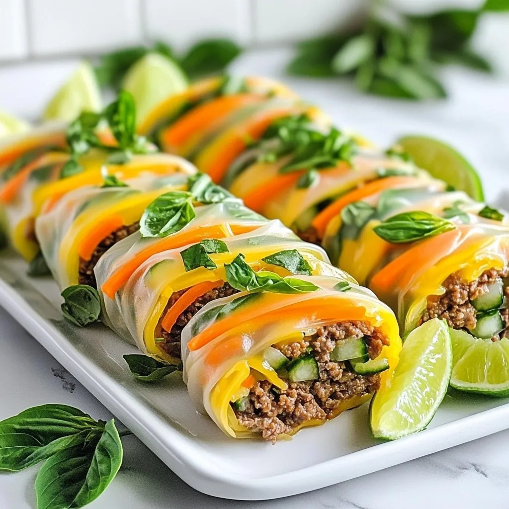 To make delicious Thai basil beef rolls, you need the following main ingredients: - 1 lb ground beef - 1 cup fresh Thai basil leaves, packed - 2 cloves garlic, minced - 1 tablespoon soy sauce - 1 tablespoon fish sauce - 1 tablespoon brown sugar - 1 teaspoon red pepper flakes - 8 rice paper wrappers - 1 cup cooked vermicelli noodles - 1 large carrot, julienned - 1 cucumber, julienned - Fresh lime wedges for serving These ingredients create a tasty mix of flavors. The ground beef gives a hearty base. The Thai basil adds a fresh and bright touch. Garlic brings a warm aroma. Soy and fish sauces add depth, while brown sugar balances the saltiness. If you want to boost the flavor even more, consider these optional ingredients: - Fresh mint leaves - Chopped peanuts for crunch - Sriracha for extra heat Adding fresh mint gives a nice twist. Chopped peanuts will add a satisfying crunch. Sriracha can bring more spice if you like it hot. You can swap some ingredients based on what you have. Here are some ideas: - Use ground turkey or chicken instead of beef. - Try rice noodles instead of vermicelli. - Use lettuce leaves for a low-carb option. These swaps keep the fun while changing the taste. Feel free to experiment! {{ingredient_image_2}} First, grab a large skillet and heat it over medium heat. Add 1 pound of ground beef to the skillet. Cook the beef for about 5 to 7 minutes. Stir it often and break it up with a wooden spoon. You want it browned and cooked through. Next, add 2 cloves of minced garlic to the meat. Sauté this for 1 to 2 minutes. You want the garlic fragrant but not burned. Now, stir in 1 tablespoon of soy sauce, 1 tablespoon of fish sauce, 1 tablespoon of brown sugar, and 1 teaspoon of red pepper flakes. Let it cook for another 2 minutes. Finally, fold in 1 cup of fresh Thai basil leaves. The heat will wilt the basil. Remove the skillet from the heat and let the mixture cool slightly. Next, find a large shallow dish or skillet. Fill it with warm water. Take one rice paper wrapper and dip it into the water. Hold it in for about 15 to 20 seconds. You want the wrapper to soften and become easy to handle. Once it's ready, take it out and place it on a clean, flat surface. Make sure it doesn’t stick to anything. Now it’s time to assemble your rolls! On the softened rice paper, add a few tablespoons of your beef mixture in the center. Then, add a small handful of cooked vermicelli noodles. Next, include some of the julienned carrots and cucumbers. Now, fold the sides of the rice paper over the filling. Roll it away from you to keep everything secure inside. Repeat this with the rest of the wrappers and filling. Once you finish, arrange the rolls on a platter. Serve them with fresh lime wedges for a zesty touch. To make the best Thai basil beef rolls, start with good beef. Use fresh ground beef. Cook it on medium heat. This keeps the beef juicy. Stir it often. This helps it brown nicely. Add garlic after the beef is cooked. Garlic adds so much flavor. Mix in soy sauce, fish sauce, and brown sugar next. These seasonings create a rich taste. Lastly, fold in the Thai basil gently. Let the heat wilt the leaves. This keeps their fresh taste. One mistake is overcooking the beef. This can make it tough. Cook just until brown and no longer pink. Another mistake is not soaking the rice paper long enough. It should be soft but not falling apart. If it tears, it won’t hold the filling well. Don’t skip the fresh lime. It adds brightness to the dish. A common error is using too much filling. This makes it hard to roll. Keep it balanced for easier wrapping. Arrange the rolls neatly on a platter. This makes them look nice. Add fresh basil sprigs on top for color. Serve with lime wedges for squeezing. It helps enhance the flavors. A small bowl of sweet chili sauce is a great dip. You can also offer hoisin or peanut sauce. These add more flavor options. Enjoy these delicious rolls with friends at your next meal! Pro Tips Use Fresh Ingredients: Always opt for fresh Thai basil and vegetables to enhance the flavor and texture of your rolls. Customize Your Spice Level: Adjust the amount of red pepper flakes based on your heat preference; you can also add sliced fresh chili for extra kick. Make Ahead: Prepare the beef filling in advance and store it in the refrigerator for up to 2 days, making assembly quicker when you're ready to serve. Perfectly Soften Rice Paper: Ensure you don't over-soak the rice paper; it should be pliable but not mushy to maintain a good structure for rolling. {{image_4}} If you want a meat-free option, try using tofu or tempeh. Both can soak up flavors well. You can sauté them just like the beef. For a burst of taste, add more garlic and soy sauce. Use the same fresh Thai basil and veggies to keep it vibrant. You will still enjoy that great flavor! Ground chicken or turkey works great in this recipe. These meats have a lighter taste, and they absorb the spices well. You can also try shrimp for a seafood twist. Just make sure to cook it until it's opaque. Each protein brings its own flavor to the rolls. Pair these rolls with sweet chili sauce for dipping. This adds a nice kick to each bite. You could also serve them with a side of peanut sauce. It adds creaminess and depth. For a fresh touch, lime juice is perfect. Just squeeze it over the rolls before you eat. This brightens all the flavors! To keep your Thai Basil Beef Rolls fresh, place them in an airtight container. Make sure to separate layers with parchment paper. This helps prevent sticking. Store them in the fridge for up to three days. If you see any moisture, dry the rolls with a paper towel before storing. When you're ready to eat the leftover rolls, you have a few options. You can microwave them for about 30 seconds. Check if they are warm. If not, heat for another 15 seconds. You can also reheat them in a skillet. Just place them over low heat for a few minutes. This keeps the wrapper crispy. If you want to freeze the rolls, wrap each one in plastic wrap. Place the wrapped rolls in a freezer bag. They can last up to two months in the freezer. When you’re ready to eat, thaw them in the fridge overnight. Reheat them as mentioned above before serving. Enjoy your tasty rolls anytime! To wrap rice paper, start with warm water. Dip one rice paper wrapper for 15-20 seconds. It should feel soft and bendy. Lay the wrapper flat on a clean surface. Add your filling in the center. Fold the sides in, then roll from the bottom up. Tuck tight for a good seal. Practice makes perfect! Yes, you can prepare these rolls ahead of time. Just wrap them and store them in the fridge. Use a damp cloth to keep them fresh. For the best taste, eat them within a day. If you wait too long, the wrappers may dry out. To adjust spice levels, change the red pepper flakes. Use less for milder rolls. You can also add more if you like heat. For a different flavor, try fresh sliced chili peppers. Taste your filling before wrapping. This way, you can find your perfect spice level! In this blog post, we explored making Thai Basil Beef Rolls. We covered main and optional ingredients, cooking methods, and common mistakes. You learned how to prepare, assemble, and store your rolls. Variations allow you to adapt this dish to your taste. Always remember, practice makes perfect! Enjoy creating and sharing these rolls with friends and family. Try different flavors to find the mix you love best.