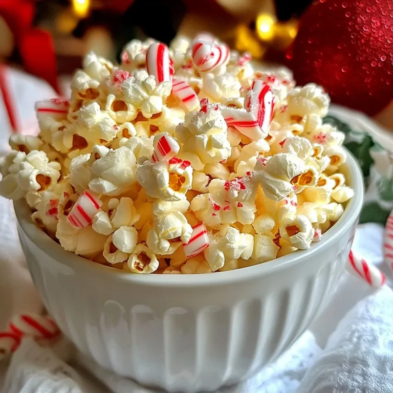 - 1/2 cup unpopped popcorn kernels - 1 cup white chocolate chips - 1/2 teaspoon peppermint extract - 1/2 cup crushed candy canes - 1/4 teaspoon sea salt - Optional: 1 tablespoon vegetable oil for popping To make peppermint white chocolate popcorn, you need a few simple ingredients. First, gather unpopped popcorn kernels. This will be the base of your treat. You will also need white chocolate chips for that creamy sweetness. The peppermint extract adds a festive touch, giving it a refreshing flavor. Crushed candy canes bring a crunchy texture and extra sweetness. A pinch of sea salt enhances the flavors. If you want, you can use vegetable oil to pop the kernels for a richer taste. Choosing quality ingredients is key. Look for high-quality white chocolate chips. They melt better and taste great. For the candy canes, use fresh ones for the best crunch. The peppermint extract should be pure, not imitation. This ensures a strong, natural flavor in your popcorn. With these ingredients ready, you're set to create a festive and delicious snack. {{ingredient_image_2}} To make great popcorn, you have two easy methods. - Using a stovetop method with oil: First, heat 1 tablespoon of vegetable oil in a large pot. Add 1/2 cup of unpopped popcorn kernels. Cover the pot with a tight lid. Shake it gently now and then. Listen for the pops. When the popping slows to about 2 seconds between pops, take the pot off the heat. - Using an air popper for a healthier option: If you want a lighter snack, use an air popper. Just measure 1/2 cup of kernels and follow the popper's instructions. This method needs no oil and still gives you fluffy popcorn. Next, you need to melt the white chocolate. - Tips for avoiding scorching: Use a microwave-safe bowl. Add 1 cup of white chocolate chips and 1/2 teaspoon of peppermint extract. Heat it in the microwave in 30-second bursts. Stir well after each burst. This will help keep the chocolate from burning. - How to achieve a smooth consistency: Keep stirring until the chocolate is smooth. If it seems too thick, you can add a tiny bit of vegetable oil. This will help it flow better over the popcorn. Now that your popcorn and chocolate are ready, it’s time to mix! - Best practices for even coating: Pour the melted white chocolate over the popcorn in a large bowl. Use a spoon or spatula to toss and coat every piece. Make sure all the popcorn is covered well. - Adding the candy canes and sea salt: Sprinkle 1/2 cup of crushed candy canes and 1/4 teaspoon of sea salt over the popcorn mixture. Gently toss again. This adds a fun crunch and festive flavor. Finally, let your treat cool and set. - Importance of cooling time: After mixing, line a baking sheet with parchment paper. Spread the popcorn mixture out evenly. Let it cool for about 30 minutes. This cooling helps the chocolate harden and makes it easier to break apart later. - Tips for spreading evenly on a baking sheet: Use a spatula to spread the popcorn into one layer. This helps it set nicely and keeps it from sticking together. To make the best Peppermint White Chocolate Popcorn, start with the peppermint flavor. You can adjust the amount of peppermint extract to suit your taste. If you want a stronger minty kick, add a bit more. For a milder taste, use less. It’s all about your preference. Choosing the right white chocolate is key. Look for high-quality white chocolate chips. They should contain cocoa butter for a smooth melt. Avoid chips with palm oil, as they don’t melt as well. The better the chocolate, the better your popcorn will taste. Serving your popcorn in a fun way makes it even more special. Consider using festive bowls or clear jars. You can also sprinkle extra crushed candy canes on top for color and crunch. This adds a nice touch, especially for holiday gatherings. If you plan to gift your popcorn, think about creative packaging. Use clear bags tied with ribbons or festive boxes. Add a tag for a personal touch. This makes your treat look homemade and thoughtful, perfect for friends and family! Pro Tips Use Fresh Ingredients: Ensure your popcorn kernels and candy canes are fresh for the best flavor and texture. Perfectly Melted Chocolate: Stir the white chocolate regularly while melting to prevent scorching and achieve a smooth consistency. Cooling Time Matters: Allow the popcorn to cool completely on the baking sheet to ensure the chocolate sets properly. Festive Presentation: Enhance the look of your popcorn by using colorful bowls and garnishing with additional crushed candy canes or festive sprigs. {{image_4}} You can switch up the flavor of your popcorn easily. If you want alternatives to peppermint extract, consider using vanilla or almond extract. These flavors add a nice twist. You can also mix in nuts for extra crunch. Chopped pecans or almonds work well. Try adding mini marshmallows or sprinkles for a fun look. Chocolate is key to this treat. You can use dark or milk chocolate instead of white. Dark chocolate gives a rich taste, while milk chocolate offers a sweeter flavor. Mixing chocolate types can create a unique flavor profile. For example, drizzle dark chocolate over the white chocolate popcorn for a beautiful contrast. This makes your festive treat even more special! To keep your peppermint white chocolate popcorn fresh, store it in an airtight container. This will help prevent moisture from making it soggy. I like to use glass jars or plastic containers with tight lids. These options keep the popcorn crispy and flavorful. - Airtight Containers: Use glass jars or plastic bins. - Avoid Humidity: Keep popcorn in a dry place. At room temperature, this popcorn stays fresh for about 1 week. If you need to store it longer, freezing is a great option. Just make sure it’s in an airtight container to avoid freezer burn. - Room Temperature: Lasts up to 1 week. - Freezing: Store in an airtight container for up to 3 months. Enjoy this festive treat anytime, knowing how to store it well! You can pop popcorn using two main methods: stovetop and microwave. - Stovetop Method: - Use a large pot with a lid. - Heat 1 tablespoon of vegetable oil over medium heat. Add popcorn kernels. - Shake the pot gently. When popping slows to 2 seconds apart, remove it from heat. - Microwave Method: - Place unpopped popcorn kernels in a microwave-safe bowl. - Cover with a microwave-safe lid or plate. - Heat in 2-3 minute intervals until popping slows. Both methods work well, but stovetop popcorn often has a better flavor and crunch. Yes, you can use regular chocolate, but it changes the taste. - Proportions: Use the same amount, 1 cup of chocolate chips. - Melting Tips: Melt it in a microwave-safe bowl in 30-second intervals. Stir after each interval. Dark or milk chocolate will need extra care not to scorch. To make this popcorn vegan, swap out a few ingredients. - White Chocolate: Use dairy-free white chocolate chips. - Peppermint Extract: Ensure it's pure and vegan-friendly. - Oil: Stick with vegetable oil for popping. These simple swaps keep the festive flavors while meeting vegan needs. This blog post covered how to make a tasty treat with popcorn. We discussed the key ingredients and steps to pop the kernels, melt the chocolate, and mix it all together. You learned tips for perfecting the recipe and ideas for fun variations. Remember, storing your popcorn well keeps it fresh. Whether for a movie night or a gift, this treat will impress. Enjoy making your delicious popcorn with peppermint and chocolate! Make it your own and have fun with it.