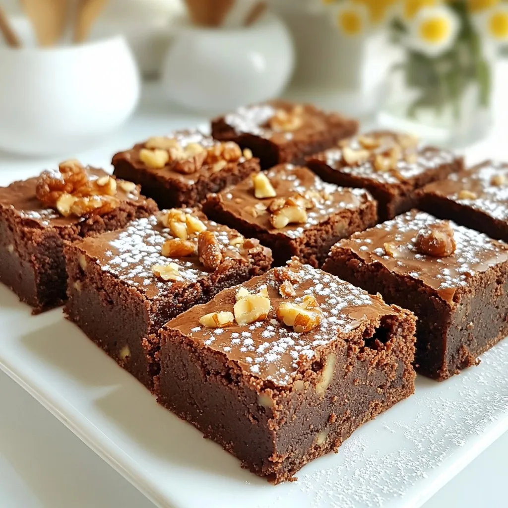 To make these flourless fudge brownies, gather the following ingredients: - 1 cup almond butter (or your preferred nut butter) - 1/2 cup unsweetened cocoa powder - 1/2 cup pure maple syrup (or honey, if preferred) - 2 large eggs - 1 teaspoon pure vanilla extract - 1/2 teaspoon baking soda - 1/4 teaspoon fine sea salt - 1/2 cup semi-sweet chocolate chips (optional) - A handful of chopped nuts (such as walnuts or pecans, optional) These ingredients work together to create rich and fudgy brownies. The almond butter provides moisture and a nutty flavor. Cocoa powder gives the brownies their deep chocolate taste. Maple syrup adds sweetness and keeps them soft. If you don’t have almond butter, feel free to swap it out. Here are some great alternatives: - Peanut butter: This will give a classic taste. - Cashew butter: This adds a mild and creamy flavor. - Sunflower seed butter: This is nut-free and perfect for allergies. Each option will change the flavor slightly, but all will work well in the recipe. You can customize your brownies with fun add-ins. Here are a few ideas: - Semi-sweet chocolate chips: These add more chocolate flavor. - Chopped nuts: Walnuts or pecans give a nice crunch. - Dried fruit: Add raisins or cherries for a sweet touch. - Espresso powder: This enhances the chocolate flavor. These add-ins not only boost flavor but also texture. Feel free to mix and match based on what you like! {{ingredient_image_2}} Start by preheating your oven to 350°F (175°C). This step is key for even baking. While the oven warms up, grab an 8x8 inch baking pan. Line it with parchment paper. Leave some paper hanging over the sides. This makes it easy to lift out the brownies later. In a large bowl, mix the almond butter, cocoa powder, and maple syrup. Add two large eggs and the vanilla extract. Whisk these ingredients together until the mixture is smooth. Make sure there are no lumps. Next, add the baking soda and sea salt. Stir until everything is well combined. If you like, fold in the chocolate chips and nuts for added texture. Pour the thick brownie batter into your prepared pan. Use a spatula to spread it evenly. Place the pan in the oven and bake for 20-25 minutes. The brownies are ready when the edges pull away from the pan. A toothpick inserted in the center should come out mostly clean. After baking, take the pan out and let it cool on a wire rack. Once cool, use the parchment paper to lift the brownies out. Cut them into 16 squares for serving. To get the best texture in your brownies, start with smooth almond butter. If it’s too thick, your brownies may turn out dense. A creamy nut butter makes them rich and fudgy. Mix well to avoid lumps. You want a smooth batter before baking. Also, don’t overmix after adding the baking soda. This keeps the brownies from getting too airy. For a special touch, try serving your brownies warm. Add a scoop of vanilla ice cream on top. The hot brownies will melt the ice cream, creating a delicious dessert. You can also dust them with powdered sugar. This adds a nice look and a bit of sweetness. If you like nuts, sprinkle chopped walnuts or pecans on top before baking. One mistake is not cooling the brownies fully before cutting. They need time to set. Cutting them too soon can lead to a messy result. Another mistake is baking them too long. Keep an eye on the time and check with a toothpick. It should come out with a few crumbs but not wet batter. Finally, make sure to line your pan with parchment paper. This helps to lift the brownies out easily once they are cooled. Pro Tips Use Room Temperature Ingredients: Allow your eggs and almond butter to come to room temperature before mixing. This helps create a smoother batter and ensures even baking. Don’t Overmix: Once you add the dry ingredients, mix just until everything is combined. Overmixing can lead to denser brownies. Check for Doneness: Since ovens vary, start checking your brownies at the 20-minute mark. They should be firm around the edges but slightly soft in the center. Store Properly: Keep any leftover brownies in an airtight container at room temperature for up to 3 days, or refrigerate for longer freshness. {{image_4}} You can switch up the nut butter in the recipe. Almond butter is a classic choice, but you can also try peanut butter or cashew butter. Each nut butter gives a unique flavor. If you want a nut-free option, sunflower seed butter works well too. This makes the brownies rich and tasty while still being flourless. Want to add a twist? You can mix in espresso powder for a coffee kick. It enhances the chocolate flavor. Or, try spices like cinnamon or cayenne for warmth. A pinch of sea salt adds depth to the sweetness. These little tweaks can make each batch special and fun to try. To make these brownies vegan, swap the eggs for flax eggs. Mix 1 tablespoon of flaxseed meal with 2.5 tablespoons of water. Let it sit until it gels. Use maple syrup as your sweetener to keep it dairy-free. You can also choose dairy-free chocolate chips to keep your brownies fully vegan. These changes make it easy for everyone to enjoy this rich treat. To keep your brownies fresh, store them in an airtight container. Layer parchment paper between the brownies to prevent sticking. They can last up to five days at room temperature. If you want to keep them longer, consider refrigeration. You can freeze these brownies for up to three months. First, cut them into squares. Wrap each square tightly in plastic wrap, then place them in a freezer bag. Make sure to squeeze out any air. Label the bag with the date. This way, you can enjoy them later without losing flavor. To enjoy your brownies again, thaw them in the fridge overnight. For a warm treat, you can reheat them in the microwave. Heat for about 10 to 15 seconds to keep them moist. Alternatively, place them in a preheated oven at 350°F (175°C) for 5-10 minutes. This will revive their fudgy texture, making them taste freshly baked. Yes, flourless brownies are gluten-free. They use nut butter instead of flour. This makes them safe for people who cannot eat gluten. Almond butter, in particular, adds a rich flavor and creamy texture. Always check labels for gluten-free certification on your nut butter to be sure. Yes, you can use other sweeteners. Honey is a great option for a similar taste. You could also try agave syrup or coconut sugar. If you want a low-calorie choice, use a sugar substitute like stevia. Just remember that the sweetness level may vary, so adjust to your taste. To check if your brownies are done, look at the edges. They should pull away from the pan slightly. Insert a toothpick into the center. If it comes out mostly clean, your brownies are ready. A few crumbs are okay, but you want to avoid wet batter in the middle. We covered the key ingredients, step-by-step baking, and helpful tips to make your perfect brownies. You can explore nut butter alternatives and fun flavor twists. Remember to store leftovers properly and reheating them for later enjoyment is simple. With these insights, you can avoid common mistakes and enjoy delicious gluten-free treats. Try your own variations, and share your results. Happy baking!