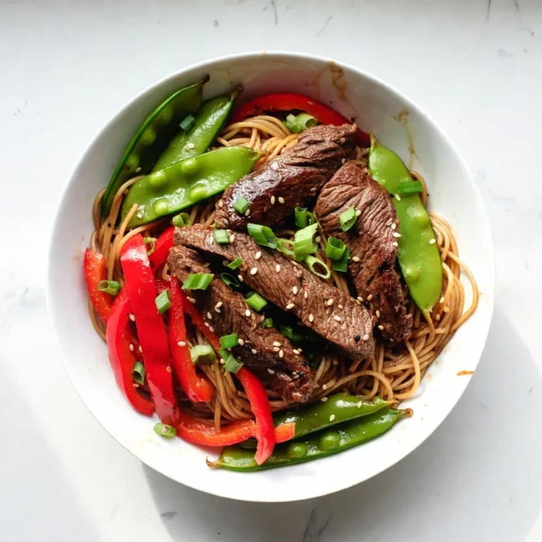 - 8 oz lo mein noodles - 1 lb beef flank steak, thinly sliced against the grain - 2 tablespoons soy sauce - 1 tablespoon oyster sauce - 1 tablespoon sesame oil (plus extra for cooking) First, the lo mein noodles are the heart of this dish. They soak up all the flavors and give a wonderful chewy texture. For the beef, flank steak works well. It is tender and flavorful when cooked right. The sauces, like soy and oyster, add depth and umami. Sesame oil gives a nice aroma and richness to the dish. - 1 cup bell peppers, assorted colors, julienned - 1 cup snap peas, trimmed - 3 green onions, chopped (whites and greens separated) Fresh vegetables brighten up the meal. Bell peppers add color and sweetness. Snap peas bring a nice crunch. Green onions, used in two parts, add a fresh taste that lifts the dish. The mix of these veggies not only makes it colorful but also healthy! - 2 cloves garlic, minced - 1 inch ginger, freshly grated - Salt and pepper to taste Garlic and ginger are key flavors in this recipe. They give a warm and spicy kick that blends perfectly with the beef and sauce. A pinch of salt and pepper rounds out the flavor. Adjust these to your taste for the best result. {{ingredient_image_2}} - Bring a large pot of water to a boil. - Add 8 oz of lo mein noodles. - Cook as the package says until al dente. - Drain the noodles well. - Toss them with a splash of sesame oil to stop sticking. - In a bowl, combine 1 lb of thinly sliced beef with sauces. - Add 2 tablespoons soy sauce, 1 tablespoon oyster sauce, and 1 tablespoon sesame oil. - Mix in 2 cloves of minced garlic and 1 inch of freshly grated ginger. - Make sure to coat the beef evenly. - Let it marinate for about 10 minutes while preparing the veggies. - Heat a large skillet or wok over medium-high heat. - Add a splash of sesame oil for cooking. - Once hot, add the marinated beef in a single layer. - Stir-fry for 2-3 minutes until the beef turns brown and is cooked through. - Remove the beef from the skillet and keep it warm on a plate. - In the same skillet, add more sesame oil if needed. - Toss in 1 cup of julienned bell peppers and 1 cup of snap peas. - Stir-fry for 2-3 minutes until they are bright and tender-crisp. - Time-saving strategies: Prepare ingredients before cooking. Chop all veggies and meat first. This saves time when you cook. - Efficient chopping methods: Use a sharp knife for quick cuts. Slice meat thinly against the grain. Cut vegetables into uniform pieces for even cooking. - Best heat settings for stir-frying: Use medium-high heat for fast cooking. This keeps the beef tender and the veggies crisp. - Importance of ingredient order: Cook beef first, then vegetables. This ensures the beef stays juicy and the veggies get the right crunch. - Suggestions for extra seasonings: Add a pinch of red pepper flakes for heat. A splash of rice vinegar adds brightness. - Balancing sauce ratios: Use equal parts soy and oyster sauce for a great base. Adjust to taste, adding more if needed. Pro Tips Use Fresh Ingredients: Fresh vegetables and high-quality beef will enhance the flavor of your lo mein. Opt for seasonal produce for the best taste. Don’t Overcook the Noodles: Make sure to cook your lo mein noodles just until al dente. They will continue to cook slightly once added to the stir-fry. High Heat is Key: Stir-frying at high heat helps to achieve that perfect sear on the beef and keeps the vegetables crisp. Make sure your skillet or wok is hot before adding ingredients. Customize Your Veggies: Feel free to swap in your favorite vegetables or whatever you have on hand. Carrots, broccoli, or bok choy all make great additions! {{image_4}} If you want to change the protein in your Minute Beef Lo Mein, try chicken or tofu. Chicken breast works well. Slice it thin and follow the same marinating steps. For a plant-based option, use firm tofu. Press it to remove water, then cut it into cubes. Marinate just like the beef. You can also use seafood. Shrimp or scallops add a tasty twist. Cook them for a shorter time, just until they turn pink. You can customize vegetables based on what you have. Try seasonal veggies like carrots, broccoli, or zucchini. They add color and nutrition. For extra crunch, consider adding water chestnuts. They have a nice snap and pair well with the noodles. You can mix and match to make this dish your own. If you want a different flavor, switch to teriyaki or hoisin sauce. Both add sweetness and depth. You can also make it gluten-free. Choose tamari as a soy sauce substitute. Experiment with these sauce options to find your favorite flavor profile. Each choice can change the taste of your Minute Beef Lo Mein. - Use airtight containers for storage. Glass or plastic containers work well. - Store leftovers in the fridge within two hours of cooking. This keeps your food safe and tasty. - Reheat in a skillet over medium heat. Add a splash of water to keep it moist. - Heat for about 4-5 minutes or until hot. Stir often to avoid sticking. - Freeze cooked lo mein in portions. Use freezer-safe bags or containers. - To thaw, place in the fridge overnight. Reheat in a skillet as mentioned above. Making Minute Beef Lo Mein takes about 30 minutes in total. Here’s the breakdown: - Prep Time: 15 minutes. This includes slicing the beef and chopping the veggies. - Cook Time: 15 minutes. This includes boiling the noodles and stir-frying the beef and vegetables. Yes, you can easily make this recipe vegetarian. Here are some great substitutes: - Tofu: Use firm tofu, cut into small cubes. Marinate it just like the beef. - Mushrooms: Shiitake or portobello mushrooms add a nice umami flavor. - Seitan: This is a popular meat substitute for a chewy texture. You can also add more vegetables to enhance flavor and texture. Beef Lo Mein pairs well with many side dishes. Here are some tasty options: - Spring Rolls: These add a nice crunch and flavor. - Egg Rolls: A classic side that goes great with any Asian dish. - Asian Salad: A light salad with sesame dressing adds freshness. - Steamed Veggies: Broccoli or bok choy are perfect for a healthy touch. These sides can make your meal even more enjoyable. This blog post took you through making Minute Beef Lo Mein, starting with key ingredients. You learned about noodles, vegetables, sauces, and how to marinate beef. I shared tips for chopping and cooking, and ways to boost flavors. You also discovered fun variations for protein and vegetables. Lastly, I covered storage and reheating methods. Now, you can create a quick, tasty dish at home. Enjoy your cooking and share it with family and friends!