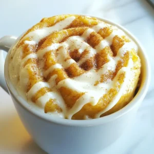 To make a delicious cinnamon roll mug cake, you'll need a few simple ingredients. Here’s what you need: - 4 tablespoons all-purpose flour - 2 tablespoons granulated sugar - 1/8 teaspoon baking powder - 1/8 teaspoon salt - 3 tablespoons milk - 1 tablespoon vegetable oil - 1/4 teaspoon pure vanilla extract - 1 tablespoon packed brown sugar - 1/2 teaspoon ground cinnamon - Optional: cream cheese frosting or vanilla frosting These ingredients create a warm, sweet treat in just minutes. The flour provides structure, while sugar adds sweetness. Baking powder helps the cake rise. Milk and vegetable oil make it moist, and vanilla gives flavor. The brown sugar and cinnamon create the lovely swirl inside. You can top it off with cream cheese or vanilla frosting for extra sweetness. Trust me; it’s worth it! {{ingredient_image_2}} Start with a microwave-safe mug. Use a 12 oz mug for best results. Add 4 tablespoons of all-purpose flour. Next, add 2 tablespoons of granulated sugar. Then, include 1/8 teaspoon of baking powder and 1/8 teaspoon of salt. Use a small whisk or fork to mix these dry ingredients well. Make sure everything is even and no lumps are left. Now it's time to add the wet stuff! Pour in 3 tablespoons of milk. Next, add 1 tablespoon of vegetable oil. Finally, include 1/4 teaspoon of pure vanilla extract. Stir gently until the mix is smooth and creamy. You want a nice batter without any lumps. In a small bowl, mix 1 tablespoon of packed brown sugar with 1/2 teaspoon of ground cinnamon. This creates your sweet cinnamon swirl. Carefully dollop this mix on top of your batter. Take a fork and gently swirl it in a circular motion. Make sure to keep some of that cinnamon mix on top. This gives your cake a beautiful marbled look. Now you’re ready to microwave! To cook your cinnamon roll mug cake well, follow these tips: - Use a mug that holds at least 12 ounces. - Check your microwave's power. Cooking time may change based on wattage. - Start with 1 minute, then check. If needed, add extra time in 10-second bursts. - Let it cool for 1 minute before digging in. This helps avoid burns. You can make your mug cake special by adding your favorite flavors. Here are some ideas: - Swap out the vanilla extract for almond or maple for a new twist. - Add nuts like walnuts or pecans for a crunchy bite. - Try adding chocolate chips or dried fruit for extra sweetness. - Mix in a dash of espresso powder for a coffee flavor. To make your mug cake look great, try these ideas: - Serve it right in the mug for a homey vibe. - Dust with powdered sugar or a sprinkle of cinnamon for a pretty touch. - Add a scoop of ice cream on top for a delightful contrast. - Use colorful sprinkles for a fun, festive look. Pro Tips Use Room Temperature Ingredients: Allow your milk and oil to come to room temperature for a smoother batter that mixes evenly. Microwave Wattage Matters: Different microwaves have varying wattages, so adjust cooking time accordingly to avoid undercooked or overcooked cake. Experiment with Toppings: Try adding chopped nuts, chocolate chips, or fresh fruits for a unique twist on your cinnamon roll mug cake. Don't Overmix: Gently combine the ingredients to keep the cake light and fluffy; overmixing can lead to a dense texture. {{image_4}} You can change the flavor of your cinnamon roll mug cake easily. Try adding cocoa powder for a chocolate twist. Just mix in 1 tablespoon of cocoa with the flour. Or, add 1 tablespoon of peanut butter to the batter for a nutty flavor. You can also mix in some pumpkin spice to make it taste like fall. Each option gives you a new and fun treat. If you want a gluten-free version, swap the all-purpose flour for almond flour or a gluten-free blend. Use 1 tablespoon of ground flaxseed mixed with 3 tablespoons of water instead of milk for a vegan mug cake. This will keep it moist and help it rise. Both options make the cake just as tasty! Toppings can change your mug cake experience. Instead of cream cheese frosting, try whipped coconut cream. A drizzle of maple syrup adds a sweet touch. For a fruity flavor, top with fresh berries or a dollop of jam. Each topping can change the taste and make your mug cake feel new and exciting! If you have any leftover cinnamon roll mug cake, let it cool first. You can cover it with plastic wrap or place it in an airtight container. Store it in the fridge for up to two days. This keeps it fresh and tasty. To reheat your mug cake, take it out of the fridge. Place it in the microwave for about 10 to 15 seconds. Check if it’s warm enough. If not, heat it in small bursts. This way, it stays soft and moist. For the best taste, eat your mug cake right after making it. The texture is fluffy and warm. If you choose to add frosting, do this just before serving. It melts slightly, making each bite even better. Enjoy your treat while it's still fresh! You will know your mug cake is done when it rises and feels firm in the center. Start checking after one minute in the microwave. If the top looks wet or jiggly, give it more time. The cake should be soft but not gooey. Everyone’s microwave is different, so adjust cooking time as needed. Yes, you can use a bigger mug. A 12 oz mug is best for this recipe. If your mug is larger, the cake may cook unevenly. Just be aware that it might need a little extra cooking time. Always keep an eye on it to avoid overcooking. If you need to substitute milk, try using almond milk or soy milk. For oil, you can use melted butter or applesauce. Both of these keep the cake moist and tasty. These swaps can help if you have allergies or dietary needs. This recipe guide gives you all you need to make a tasty mug cake. You learned about the simple ingredients, how to mix them, and tips for the best results. I shared fun ways to switch the flavors and keep it great. Remember to store any leftovers properly for later. Making a mug cake is quick and rewarding. Enjoy your creation, and don't hesitate to experiment with toppings and flavors!