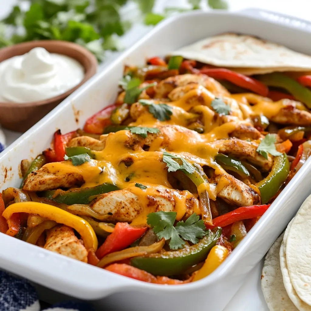 For this easy chicken fajita bake, you need: - 4 boneless, skinless chicken breasts - 1 red bell pepper, thinly sliced - 1 green bell pepper, thinly sliced - 1 yellow onion, thinly sliced These fresh ingredients bring color and crunch to your dish. The chicken forms a nice base, while the bell peppers and onion add a sweet, savory touch. For flavor, gather these spices: - 2 teaspoons chili powder - 1 teaspoon ground cumin - 1 teaspoon smoked paprika - ½ teaspoon garlic powder - ½ teaspoon salt - ¼ teaspoon black pepper These spices create a warm and zesty taste. They help the chicken shine while adding depth to the veggies. When serving, consider these additions: - 1 cup shredded sharp cheddar cheese - ½ cup sour cream (for serving) - Fresh cilantro, chopped (for garnish) - Flour tortillas (for serving) The cheese melts beautifully, adding creaminess. Sour cream cools the dish down, while cilantro gives it a fresh kick. Warm tortillas make it easy to enjoy every bite. {{ingredient_image_2}} First, you need to preheat your oven to 400°F (200°C). This step is key for a great bake. A hot oven cooks the chicken evenly and helps the veggies get tender. Take four boneless, skinless chicken breasts. Place them in a large, deep baking dish. Arrange them side by side in a single layer. This keeps them from steaming and helps them cook well. Next, you’ll want to season the chicken. Sprinkle 2 teaspoons of chili powder, 1 teaspoon of ground cumin, 1 teaspoon of smoked paprika, ½ teaspoon of garlic powder, ½ teaspoon of salt, and ¼ teaspoon of black pepper over the chicken. Don’t hold back on the spices! They add a lot of flavor. Now it’s time for the veggies. Thinly slice 1 red bell pepper, 1 green bell pepper, and 1 yellow onion. Layer these sliced veggies on top of the chicken. Toss the vegetables gently in the spices. This helps them soak up all that good flavor. Cover the baking dish tightly with aluminum foil. This helps keep the moisture in. Place it in the preheated oven and bake for 30 minutes. After that, carefully remove the foil. Watch out for steam! Bake for another 15 minutes. Check the chicken's internal temperature. It should reach 165°F (75°C). The veggies should be tender. When done, take the dish out of the oven. Sprinkle 1 cup of shredded sharp cheddar cheese on top. Return the dish to the oven for 5 more minutes. Wait for the cheese to melt and bubble. Let the fajita bake cool for a few minutes. This makes it easier to slice the chicken into strips. Enjoy your tasty meal with warm flour tortillas and a dollop of sour cream. Don’t forget to add some fresh cilantro on top for a nice touch! To make your chicken fajita bake perfect, start with even chicken pieces. Cut the chicken breasts to similar sizes. This helps them cook evenly. Use a meat thermometer. It should read 165°F to ensure safe eating. Cover the dish with foil for the first part of baking. This keeps the chicken moist. Remove the foil later to brown the top. To boost flavor, try adding lime juice or fresh garlic. Lime juice adds a bright zing. You can also use fresh herbs like oregano or thyme. Toss your vegetables with olive oil before layering. It enhances their taste and texture. If you like heat, add sliced jalapeños or a dash of hot sauce. Serve the fajita bake with warm flour tortillas. This makes it easy to enjoy. Add sour cream for creaminess and chopped cilantro for freshness. You can also include avocado slices or a fresh salad on the side. This adds color and crunch. Don’t forget to offer extra lime wedges for squeezing on top! Pro Tips Even Cooking: Arrange the chicken breasts in a single layer to ensure even cooking throughout. Flavor Boost: Don’t be shy with the spices! A generous sprinkle will enhance the flavor of your dish significantly. Moisture Lock: Covering the dish with aluminum foil during the first half of baking helps retain moisture for juicier chicken. Cheese Perfection: For the best melt, add cheese during the last few minutes of baking to achieve that bubbly, golden top. {{image_4}} You can swap chicken for other proteins in this dish. Try sliced beef, pork, or shrimp. Each option gives a new taste. Beef adds a rich flavor. Pork gives a nice sweetness. Shrimp cooks quickly and adds a seafood twist. Just adjust baking time based on the protein you choose. If you want a meat-free option, use hearty vegetables. Zucchini, mushrooms, or eggplant work well. You can also add beans for protein. Chickpeas or black beans add texture and flavor. For a cheesy touch, use extra cheese or a plant-based cheese. This makes a filling meal without meat. You can change the spices for a new flavor. Try adding taco seasoning for a classic taste. Or use curry powder for an Indian twist. Adding lime juice brightens up the dish. You can even throw in some fresh herbs like cilantro or parsley for extra freshness. After enjoying your chicken fajita bake, let leftovers cool down. Place the dish in an airtight container. This keeps the meal fresh. Store it in the fridge for up to three days. To keep the flavors bright, don’t wait too long to eat it! If you want to keep the fajita bake longer, freezing is a great option. Make sure the dish is completely cool. Transfer it to a freezer-safe container. You can freeze it for up to three months. Label the container with the date. When ready to eat, thaw it in the fridge overnight. To reheat, preheat your oven to 350°F (175°C). Place the fajita bake in an oven-safe dish. Cover it with foil to keep it moist. Heat for about 20-25 minutes. Check if it’s hot all the way through. You can also use a microwave for quicker reheating. Just make sure to cover it to prevent drying out. Enjoy your meal just as delicious as the first time! Yes, you can use chicken thighs. Thighs have more fat, making them juicy. They can add great flavor to your fajita bake. Just adjust the cooking time slightly, as thighs may take a bit longer to cook. If you need a substitute for sour cream, try Greek yogurt. It has a similar texture and tang. You can also use avocado or a dairy-free cream for a different flavor. To check if the chicken is done, use a meat thermometer. The internal temperature should reach 165°F (75°C). You can also cut into the chicken. If the juices run clear and the meat is no longer pink, it is cooked. Yes, you can prepare the dish a day ahead. Just assemble everything in the baking dish and cover it. Keep it in the fridge until you are ready to bake. This makes it easy for busy days! This article covered the key parts of preparing a tasty dish. You learned about the main ingredients, cooking steps, and helpful tips. I shared ways to change the recipe based on your needs. We also discussed how to store leftovers safely. Remember, cooking can be fun and flexible. With practice, you can make this dish your own! Enjoy your time in the kitchen.