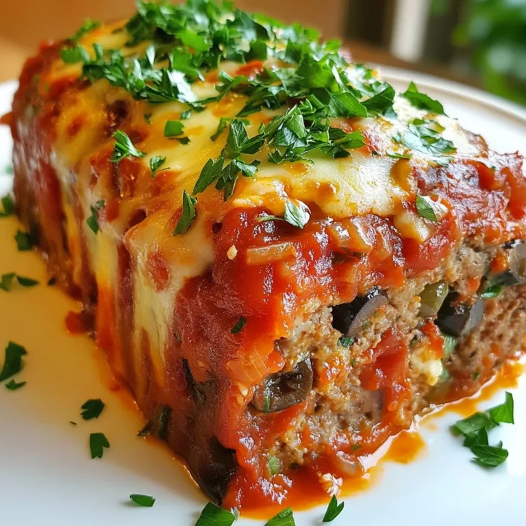 - 1.5 lbs ground beef - 1 cup Italian bread crumbs - 1/2 cup freshly grated Parmesan cheese - 1/4 cup milk - 1 large egg - 2 cloves garlic, finely minced - 1 cup marinara sauce - 1 cup shredded mozzarella cheese - 1/2 cup roasted red peppers, chopped - 1/4 cup sliced black olives - 1/4 cup chopped fresh parsley - 1 teaspoon dried oregano - 1 teaspoon dried basil - 1/2 teaspoon salt - 1/4 teaspoon freshly ground black pepper To make stuffed Italian meatloaf, you need fresh ingredients that pack flavor. Start with the ground beef as the base. I choose 80/20 ground beef for a good balance of taste and moisture. The Italian bread crumbs help bind the meatloaf together and give it texture. Freshly grated Parmesan cheese adds a rich, nutty flavor. You’ll also need milk to keep the meatloaf moist and one large egg to help it hold shape. Add minced garlic for a bold kick. For the filling, marinara sauce is key. It adds moisture and flavor inside the meatloaf. Shredded mozzarella cheese melts beautifully, creating a gooey center. Roasted red peppers add a sweet, smoky taste. Lastly, sliced black olives bring a briny note that balances the dish. Don't forget the seasonings! Fresh parsley adds brightness. Dried oregano and basil give an Italian touch. Salt and black pepper enhance all these flavors, making your meatloaf a hit at the dinner table. {{ingredient_image_2}} - Preheat your oven to 350°F (175°C). This helps cook the meatloaf evenly. - In a large bowl, mix the ground beef, Italian bread crumbs, Parmesan cheese, milk, chopped parsley, egg, minced garlic, oregano, basil, salt, and black pepper. Use your hands or a spoon to blend well. Make sure everything is combined for a tasty meatloaf. - Place a sheet of parchment paper on a clean surface. Transfer the meat mixture to the parchment and shape it into a rectangle, about 1 inch thick. This makes it easier to roll later. - Spread marinara sauce evenly on top of the meatloaf. Leave a small space at the edges to prevent overflow. - Sprinkle shredded mozzarella cheese over the sauce. Then, add the chopped roasted red peppers and sliced black olives. This will give a burst of flavor inside. - Start at one long edge of the meatloaf and carefully roll it up into a log shape. Pinch the seams closed and tuck the ends to seal. Place the rolled meatloaf seam-side down in a baking dish. - For added flavor, brush any leftover marinara sauce over the top of the meatloaf. This keeps it moist and adds a nice glaze. - Bake the meatloaf in your preheated oven for 60-70 minutes. Check the internal temperature; it should reach 160°F (70°C) to be safe to eat. - After baking, let the meatloaf rest for about 10 minutes. This helps keep the juices inside when you slice it. Enjoy the tasty flavors! How to check meatloaf doneness To check if your meatloaf is done, use a meat thermometer. Insert it into the center. The meatloaf should read 160°F (70°C). This ensures it is safe to eat. If you don’t have a thermometer, you can cut into it. The juices should run clear, and the meat should not be pink inside. Importance of resting the meatloaf before slicing Letting the meatloaf rest after baking is key. Rest it for about 10 minutes. This helps the juices stay inside. If you slice too soon, the juices run out. Your meatloaf will be dry and less tasty. Suggestions for additional spices or herbs To boost flavor, think about adding spices. You can try crushed red pepper for heat. Fresh basil or thyme can add a fresh taste. A touch of smoked paprika can give a unique flavor too. Mix and match to find your favorite combination. Pairing options for marinara sauce Marinara sauce is great with meatloaf. You can also use pesto for a twist. A creamy Alfredo sauce can be nice if you want something rich. Serve it on the side or drizzle it over the top. Each option adds its own flair. Importance of using images or videos for clarity Using images or videos can help you see each step. It can show you how the meatloaf should look. This makes it easier to follow along. Visual aids can clear up any confusion and make cooking more fun. How to set up a visually appealing presentation When serving, think about how it looks. Arrange thick slices on a nice plate. Drizzle extra marinara on top for color. Add fresh parsley for a pop of green. A well-presented dish makes the meal feel special and inviting. Pro Tips Use Fresh Herbs: Fresh herbs like parsley and basil will enhance the flavor of your meatloaf significantly compared to dried herbs. Don’t Overmix: Mixing the meatloaf too much can lead to a dense texture. Combine the ingredients just until incorporated. Rest Before Slicing: Allow the meatloaf to rest for 10 minutes after baking. This will help keep it juicy and prevent it from falling apart when sliced. Try Different Fillings: Feel free to experiment with different fillings such as spinach, feta cheese, or sun-dried tomatoes for a unique twist on the classic meatloaf. {{image_4}} You can change the fillings in your stuffed meatloaf. If you want to skip roasted red peppers and black olives, try using chopped spinach or sun-dried tomatoes. These options add flavor and color. You can also mix in mushrooms or artichokes for a different taste. For those who prefer a vegetarian option, use lentils or beans as a filling. You can also try using tofu for a meat substitute. These options are healthy and full of protein. If you want a leaner meatloaf, you can substitute ground beef with ground turkey or chicken. These meats are lower in fat and calories. You can still enjoy the same great taste while making a healthier choice. For a gluten-free option, replace Italian bread crumbs with crushed gluten-free crackers or oats. Both options work well and keep the meatloaf moist and tasty. Sauces can change the whole flavor of your meatloaf. While marinara sauce is a classic, you can also serve it with barbecue sauce or a creamy mushroom sauce. Each sauce gives a unique twist to this dish. If you want to make your own sauce, try mixing tomato paste with garlic and herbs. You can even add a splash of red wine for depth of flavor. This homemade sauce can make your meatloaf even more special. Store your leftover stuffed Italian meatloaf in an airtight container. This keeps it fresh and safe. You can also wrap it tightly in plastic wrap or aluminum foil. Consume the refrigerated meatloaf within three to four days for the best taste. To freeze meatloaf, let it cool fully first. Then wrap it tightly in plastic wrap, followed by aluminum foil. This double wrap prevents freezer burn. You can freeze it for up to three months. When ready to eat, thaw it in the fridge overnight. Reheat in the oven at 350°F (175°C) until warm, about 20-30 minutes. Stuffed Italian meatloaf lasts well in the fridge for three to four days. If frozen, it maintains quality for three months. Always check for any off smells or discoloration before eating. If stored properly, it can taste just as good as the day it was made. What toppings can I add to stuffed Italian meatloaf? You can add many toppings to make your meatloaf shine. Some great options include: - Sliced fresh basil - Grated mozzarella cheese - Crumbled feta cheese - Extra marinara sauce - Chopped fresh parsley These toppings add flavor and make your dish look beautiful. Can I use ground turkey or chicken instead of beef? Yes, you can use ground turkey or chicken. Just note that these meats are leaner. You might want to add a bit more milk or olive oil to keep it moist. The spices and fillings will still make it tasty. Can I cook the meatloaf in a slow cooker? Yes, you can cook the meatloaf in a slow cooker. Just shape it and place it in the slow cooker. Cook on low for 6-8 hours or on high for 3-4 hours. This method keeps the meatloaf very moist. What is the best temperature for reheating meatloaf? The best temperature for reheating meatloaf is 350°F (175°C). You can cover it with foil to keep it from drying out. Heat for about 20-25 minutes until it's warm throughout. What are good substitutes for Parmesan cheese? If you need a substitute for Parmesan cheese, try: - Grated pecorino - Nutritional yeast for a dairy-free option - Grated Asiago cheese These will still give you a nice flavor in the meatloaf. How can I make this recipe dairy-free? To make the recipe dairy-free, use almond milk or oat milk instead of regular milk. For cheese, use a dairy-free alternative like a nut-based cheese. This way, you can enjoy the flavors without dairy. This guide covered how to make a delicious stuffed Italian meatloaf. We discussed the key ingredients like ground beef, marinara sauce, and spices. You learned step-by-step instructions for preparation, shaping, and baking. Tips for enhancing flavor and storage options are also included. Now, it's your turn to try this recipe. Customize it to fit your taste. Enjoy each bite of your tasty creation!