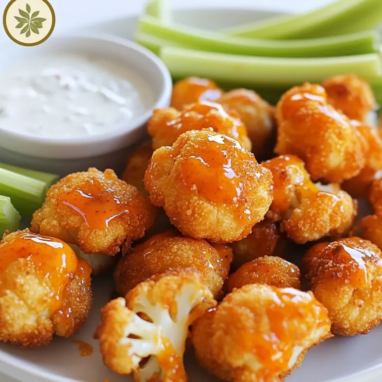 To make tasty buffalo cauliflower bites, gather these ingredients: - 1 large head of cauliflower, cut into bite-sized florets - 1 cup all-purpose flour - 1 cup water - 1 teaspoon garlic powder - 1 teaspoon onion powder - 1 teaspoon smoked paprika - 1 teaspoon salt - 1/2 teaspoon freshly ground black pepper - 1 cup buffalo sauce (store-bought or homemade) - 2 tablespoons unsalted butter, melted - Fresh celery sticks and ranch dressing for serving (optional) You can add your own twist with these optional ingredients: - Extra spices like cayenne pepper for heat - Nutritional yeast for a cheesy taste - Fresh herbs like parsley for garnish - Different sauces like BBQ or teriyaki for a unique flavor Choosing the right buffalo sauce can elevate your dish. Here are some trusted brands: - Frank’s RedHot Original Cayenne Pepper Sauce - Crystal Hot Sauce - Tabasco Buffalo Sauce - Louisiana Hot Sauce These brands offer great flavor and heat, perfect for your bites. {{ingredient_image_2}} First, you need to preheat the oven to 450°F (230°C). This high heat helps the bites get crispy. While waiting, line a baking sheet with parchment paper. This makes cleanup easy and keeps the bites from sticking. In a large bowl, mix together the flour, water, garlic powder, onion powder, smoked paprika, salt, and black pepper. Whisk these ingredients until the batter is smooth. You want a consistency that coats the cauliflower well. Next, take each cauliflower floret and dip it into the batter. Make sure to cover it fully. Let any extra batter drip off. Place the coated florets in a single layer on the lined baking sheet. Space them out to allow for even cooking. Now, put the baking sheet in the oven. Bake the cauliflower bites for about 20 minutes. Look for them to turn golden brown and feel crispy to the touch. While the cauliflower bakes, make the buffalo sauce. In another bowl, combine the buffalo sauce and melted butter. Mix these together until they blend well. This adds flavor and richness to your bites. After 20 minutes, take the baking sheet out of the oven. Drizzle the buffalo sauce over the cauliflower. Use a spatula or tongs to toss them gently, ensuring each bite is coated. Return the baking sheet to the oven for another 10-15 minutes. This helps the sauce thicken and stick, making them even tastier. To get the best crispy texture, use a hot oven. Preheat your oven to 450°F (230°C). This high heat helps to create a crunchy surface on the cauliflower bites. Make sure to space the florets apart on the baking sheet. This allows hot air to circulate around each piece. For extra crunch, try using a light coating of oil on the florets before baking. Soggy bites happen when moisture builds up. To prevent this, make sure your batter is not too thick. A smooth and thin batter coats the florets better. After dipping, let the excess batter drip off before you place them on the baking sheet. Baking them in a single layer is also key. Avoid crowding the baking sheet so the heat can reach all sides of the cauliflower. To amp up the flavor, add different spices to your batter. Consider using cayenne pepper for a kick or Italian herbs for a twist. Mixing in some nutritional yeast can also give a cheesy taste without dairy. Tossing the baked bites in the buffalo sauce right after they come out of the oven will help the sauce stick better and enhance the overall flavor. Lastly, serve with fresh celery sticks and ranch dressing for a refreshing contrast. Pro Tips Choose the Right Cauliflower: Select a fresh, firm head of cauliflower with tightly packed florets for the best texture and flavor. Dipping Technique: Ensure each floret is thoroughly coated with batter for a crispy exterior. Shake off excess batter to prevent sogginess. Buffalo Sauce Variation: For a milder flavor, mix in a bit of honey or maple syrup with the buffalo sauce to balance the heat. Serving Suggestions: Pair with a variety of dips like blue cheese or yogurt sauce for an extra layer of flavor and to cater to different taste preferences. {{image_4}} You can make buffalo cauliflower bites gluten-free easily. Instead of all-purpose flour, use gluten-free flour. Rice flour or almond flour work well. Mix it with water, garlic powder, onion powder, smoked paprika, salt, and black pepper. The taste remains great, and you can enjoy crispy bites without gluten. If you love heat, add more spice! Mix in cayenne pepper or hot sauce into your batter. Adjust the amount to match your spice level. This change will make your bites fiery and exciting. You can also use a hotter buffalo sauce for an extra kick. Buffalo sauce is classic, but you can switch it up. Try BBQ sauce for a sweet twist. Toss the bites in sriracha for a zingy flavor. You can even use teriyaki sauce for a unique Asian flair. Experimenting with different sauces and seasonings can create your own favorite version. To store your leftover buffalo cauliflower bites, let them cool first. Place them in an airtight container. They will stay fresh for up to three days in the fridge. If you want to keep them longer, consider freezing them. For the best taste, reheat the cauliflower bites in the oven. Preheat it to 350°F (175°C). Spread the bites on a baking sheet and heat for about 10-15 minutes. This way, they stay crispy. You can also use an air fryer at 350°F (175°C) for 5-7 minutes. Both methods keep the flavors strong. To freeze your buffalo cauliflower bites, make sure they are cool. Place them in a single layer on a baking sheet and freeze for about an hour. Once frozen, transfer them to a freezer bag or container. They can last up to three months. When you’re ready to eat, bake them straight from the freezer. Yes, you can prepare buffalo cauliflower bites ahead of time. You can make the batter and coat the cauliflower. Store them in the fridge for up to 24 hours. Bake them when you are ready to serve. This way, you'll have a tasty snack ready in no time. To make buffalo cauliflower bites vegan, simply use a plant-based butter instead of unsalted butter. You can also use a gluten-free flour if needed. The rest of the recipe stays the same. Enjoy the same crispy goodness without animal products. You can serve buffalo cauliflower bites with fresh celery sticks. They add a nice crunch and balance the spice. Ranch dressing or blue cheese dressing also pairs well. These dips help cool down the heat and enhance the flavor. Buffalo cauliflower bites have a medium level of spice. The buffalo sauce you choose can change the heat. If you want less spice, pick a milder sauce or mix it with a little ketchup. For more heat, use a spicier sauce or add cayenne pepper to the batter. We covered how to make tasty buffalo cauliflower bites. You learned about the ingredients, cooking steps, and tips for crispiness. I shared variations to suit different diets and ways to store leftovers. Now you have all you need to enjoy this dish. Experiment with flavors and find your favorite twist. Whether you make them spicy or gluten-free, these bites are a hit. Enjoy your cooking!