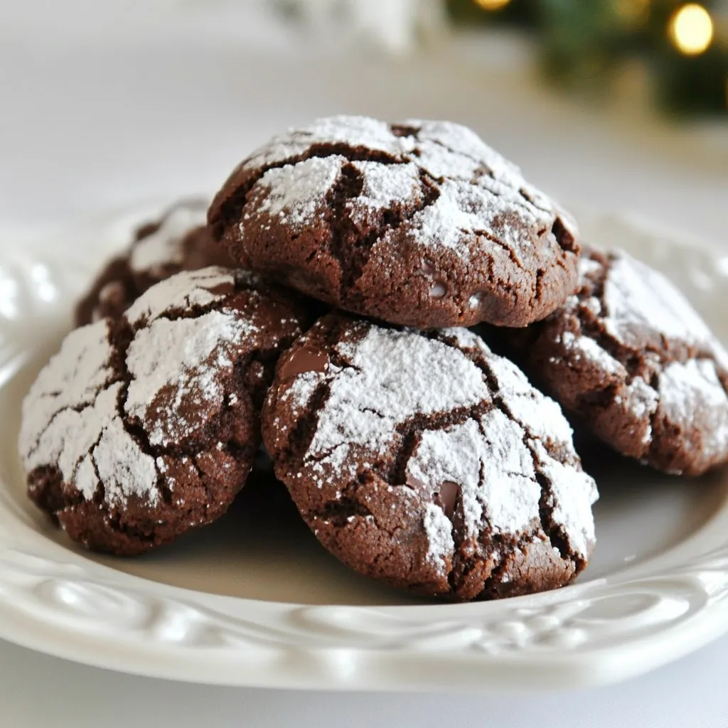 To make One-Bowl Chocolate Crinkle Cookies, gather these items: - 1 cup all-purpose flour - 1/2 cup unsweetened cocoa powder - 1 cup granulated sugar - 1/4 cup brown sugar, packed - 1/2 teaspoon baking powder - 1/4 teaspoon baking soda - 1/4 teaspoon salt - 1/3 cup vegetable oil - 2 large eggs - 1 teaspoon vanilla extract - 1/2 cup powdered sugar, for coating When measuring flour, spoon it into the cup and level it off. This method helps avoid packing. For cocoa powder, use the same technique. Granulated sugar and brown sugar should be scooped directly from the container. When measuring brown sugar, pack it tightly into the cup to ensure you get the right amount. Use a liquid measuring cup for the oil and check at eye level. If you run out of all-purpose flour, use whole wheat flour. The texture may change, but it will still taste great. Unsweetened cocoa powder can be swapped with Dutch-processed cocoa for a milder flavor. For eggs, you can use flax eggs if needed. Mix 1 tablespoon of ground flaxseed with 2.5 tablespoons of water and let it sit for 5 minutes. If you prefer less sugar, reduce both granulated and brown sugars by 1/4 cup. {{ingredient_image_2}} Preheat your oven to 350°F (175°C). This step is key for even baking. While the oven heats, line a baking sheet with parchment paper. This helps the cookies not stick. In a large mixing bowl, add: - 1 cup all-purpose flour - 1/2 cup unsweetened cocoa powder - 1 cup granulated sugar - 1/4 cup brown sugar, packed - 1/2 teaspoon baking powder - 1/4 teaspoon baking soda - 1/4 teaspoon salt Stir these dry ingredients well. Use a whisk or spoon to break up lumps. A smooth mix is important for great texture. Make a small well in the center of the dry mix. Add: - 1/3 cup vegetable oil - 2 large eggs - 1 teaspoon vanilla extract Mix everything together using a whisk or spoon. The dough will be thick and sticky. This is what you want! Chill the dough in the refrigerator for about 30 minutes. This helps firm it up. A firmer dough is easier to handle. After chilling, scoop out about 1 tablespoon of dough. Roll each scoop into a ball with your hands. Next, roll each ball in powdered sugar to coat it. This gives a nice look and sweet taste. Place the coated balls on the lined baking sheet, leaving space between them. Bake in the oven for 10-12 minutes. The cookies will puff up and have set edges. They should still be soft in the middle. Once baked, let the cookies cool on the baking sheet for about 5 minutes. Then, move them to a wire rack to cool completely. Store the cookies in an airtight container to keep them fresh. Enjoy your sweet treat! To get those lovely crinkles on your cookies, follow these steps. First, make sure to chill your dough. This helps firm it up and keeps the cookies from spreading too much. Rolling the dough balls in powdered sugar is key. This coat creates the crinkle effect as the cookies bake. Bake them just until the edges are set. This keeps the centers soft and chewy. Here are some common errors to watch out for. Don't skip chilling the dough; it’s crucial for texture. Avoid overmixing the batter. This can make cookies tough. Ensure your oven is at the right temperature; an oven that is too hot will lead to burnt bottoms. Lastly, be careful with the powdered sugar. Too little won't give you a nice crust, while too much can make the cookies overly sweet. Having the right tools makes baking easier. Here’s what I recommend: - A large mixing bowl for combining ingredients - A whisk or sturdy spoon for mixing - A cookie scoop for even portions - Parchment paper for lining the baking sheet - A wire rack for cooling cookies Using these tools will help you bake with confidence and ease. Happy baking! Pro Tips Chill the Dough: Refrigerating the cookie dough for 30 minutes helps solidify the fats, making it easier to shape and ensuring a chewy texture. Don’t Overbake: Remove the cookies from the oven when they have puffed up and the edges are set, but the center remains soft. They will continue to firm up as they cool. Use Quality Cocoa: Opt for high-quality unsweetened cocoa powder for a richer chocolate flavor that enhances the overall taste of the cookies. Experiment with Add-ins: Add chocolate chips, nuts, or dried fruits to the dough for an exciting twist and added texture in your cookies. {{image_4}} You can make these cookies even better by adding nuts or chocolate chips. Chopped walnuts or pecans give a nice crunch. If you love chocolate, add semi-sweet or dark chocolate chips. Mix in about half a cup of your choice with the wet ingredients. This small change boosts flavor and texture. Try different flavors for a fun twist! For a minty taste, add a teaspoon of peppermint extract. This makes the cookies perfect for the holidays. If you prefer citrus, use orange zest instead. Just a tablespoon can brighten the cookie’s flavor. These variations keep things fresh and exciting! If you need a gluten-free option, swap the all-purpose flour for a gluten-free blend. Many brands work well in cookies. Make sure to check labels for any added ingredients. You can also use almond flour for a nutty flavor. Just remember, the texture may change a bit, but they will still taste great! To keep your One-Bowl Chocolate Crinkle Cookies fresh, store them in an airtight container. This helps prevent them from becoming dry. You can also place parchment paper between layers to avoid sticking. For best results, keep them at room temperature. If you want to save some cookies for later, freezing is easy. First, let the cookies cool completely. Then, place them in a single layer on a baking sheet. Freeze for about an hour until firm. After that, transfer them to a freezer-safe bag or container. Make sure to remove as much air as possible. They freeze well for up to three months. Stored in an airtight container, these cookies last about one week at room temperature. If frozen, they will keep for three months. Just remember to thaw them at room temperature before enjoying. This makes it easy to have a sweet treat whenever you want! Yes, you can use margarine. It adds a nice flavor. Just melt it before mixing. This keeps your dough smooth and easy to manage. Look for puffed edges and set centers. The cookies should not look wet. If they are slightly soft in the middle, that is normal. They will firm up as they cool. If your dough is sticky, add a bit more flour. Start with one tablespoon. Mix it in well and check again. You want the dough to be workable, not too sticky. You can skip chilling, but the dough may be harder to shape. Chilling helps the cookies keep their shape. If you skip it, work quickly to form the balls. Serve them warm for the best experience. Place them on a nice plate. You can dust with more powdered sugar for a pretty touch. Enjoy with a glass of milk or coffee! You now have all the key steps to make perfect cookies. We covered ingredients, mixing, chilling, baking, and storing. Remember to avoid common mistakes and use the right tools. Don’t hesitate to try fun variations or substitutions to suit your taste. Storing cookies properly keeps them fresh longer. With these tips in hand, you can bake with confidence. Enjoy your cookie-making journey and savor every bite!