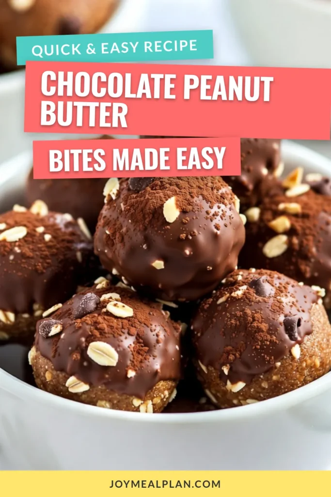 Discover the ultimate snack with these Chocolate Peanut Butter Energy Bites! Perfect for a quick boost, these Healthy Energy Bites blend rolled oats, creamy peanut butter, and dark chocolate chips. Enjoy a guilt-free treat with these No-Bake Chocolate Snacks that are also Vegan Peanut Butter Treats. Ideal oatmeal snack balls for on-the-go. Try them today and save the recipe for a delightful energy boost! #HealthySnacks #VeganTreats #EnergyBites #NoBakeRecipes