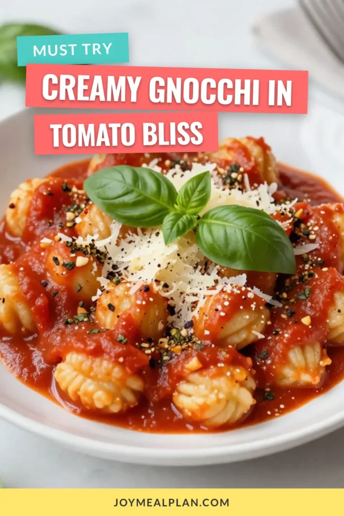 Indulge in this creamy tomato basil gnocchi recipe that's perfect for a quick weeknight dinner! This easy gnocchi recipe features tender gnocchi coated in a luscious fire-roasted tomato sauce, enhanced with fresh basil and Parmesan cheese. Whip up this creamy gnocchi dish in just 25 minutes for a comforting meal your family will love. Save this recipe and try it tonight! #CreamyGnocchi #EasyGnocchiRecipe #TomatoBasil #GnocchiDelight