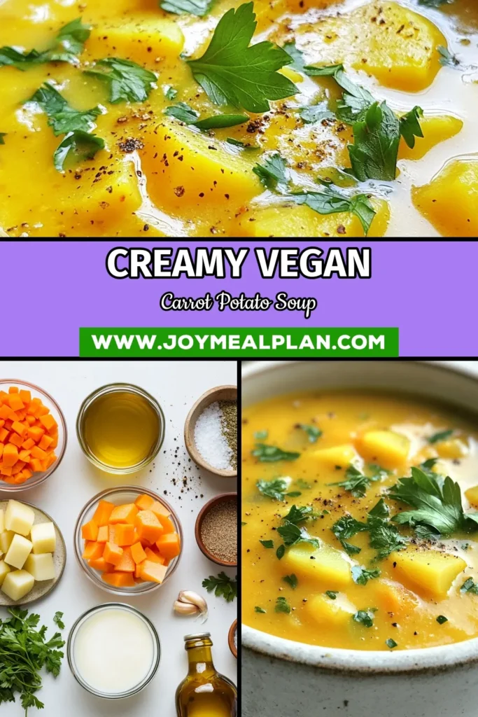 Warm up with this Vegan Carrot Potato Soup, a healthy vegan soup recipe that's perfect for any day! This creamy carrot potato soup is not only easy to make but also packed with flavor. With simple ingredients like carrots, potatoes, and coconut milk, you'll enjoy a delicious plant-based soup recipe that everyone will love. Save this recipe for your next cozy meal! #VeganSoup #HealthyRecipes #PlantBased #ComfortFood