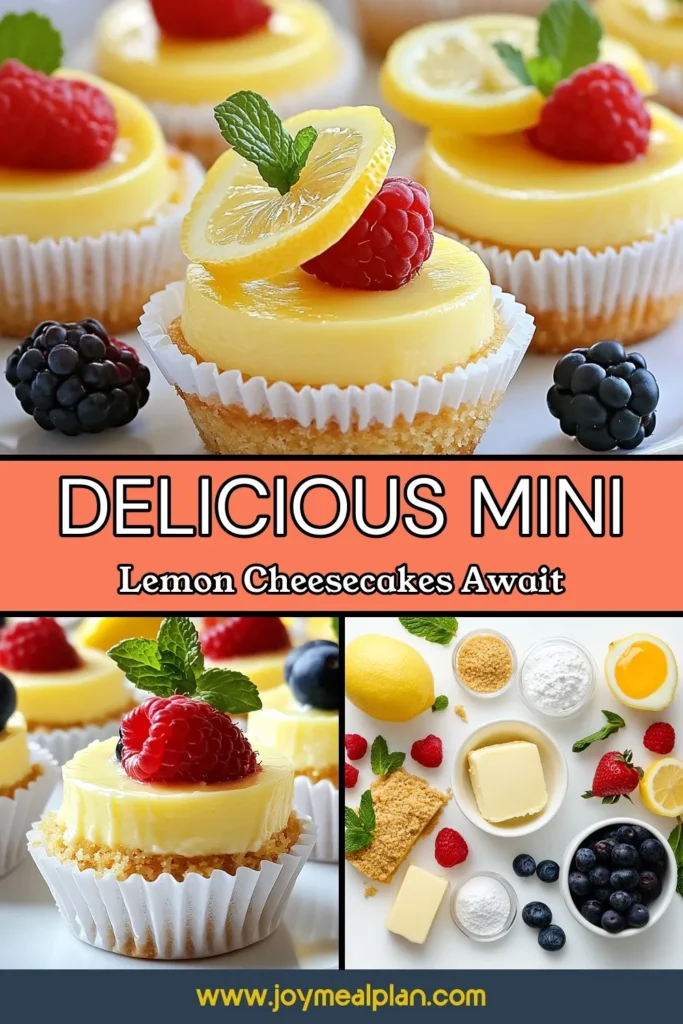 Looking for a delightful treat? Try these mini lemon cheesecakes! This no-bake cheesecake recipe is perfect for lemon lovers and serves as an easy dessert idea for parties or gatherings. Top your cheesecake with fresh berries for a burst of flavor and color. Enjoy the zesty goodness and impress your guests! Save this recipe for a quick dessert fix. #MiniLemonCheesecakes #EasyDessertRecipes #LemonDessertIdeas #CheesecakeWithBerries