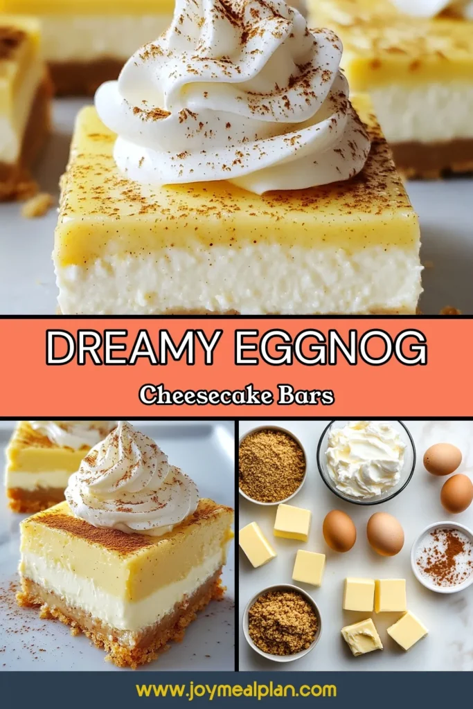 Indulge in the holiday spirit with these delightful Eggnog Cheesecake Bars! This easy holiday dessert recipe combines creamy cream cheese dessert bars with the festive flavors of eggnog, nutmeg, and cinnamon. Perfect for gatherings, these no-bake cheesecake bars will impress your family and friends. Don't miss out on this scrumptious festive cheesecake recipe—save it for your holiday celebrations! #EggnogCheesecakeBars #HolidayDessertRecipe #CreamCheeseDessertBars #FestiveCheesecakeRecipe