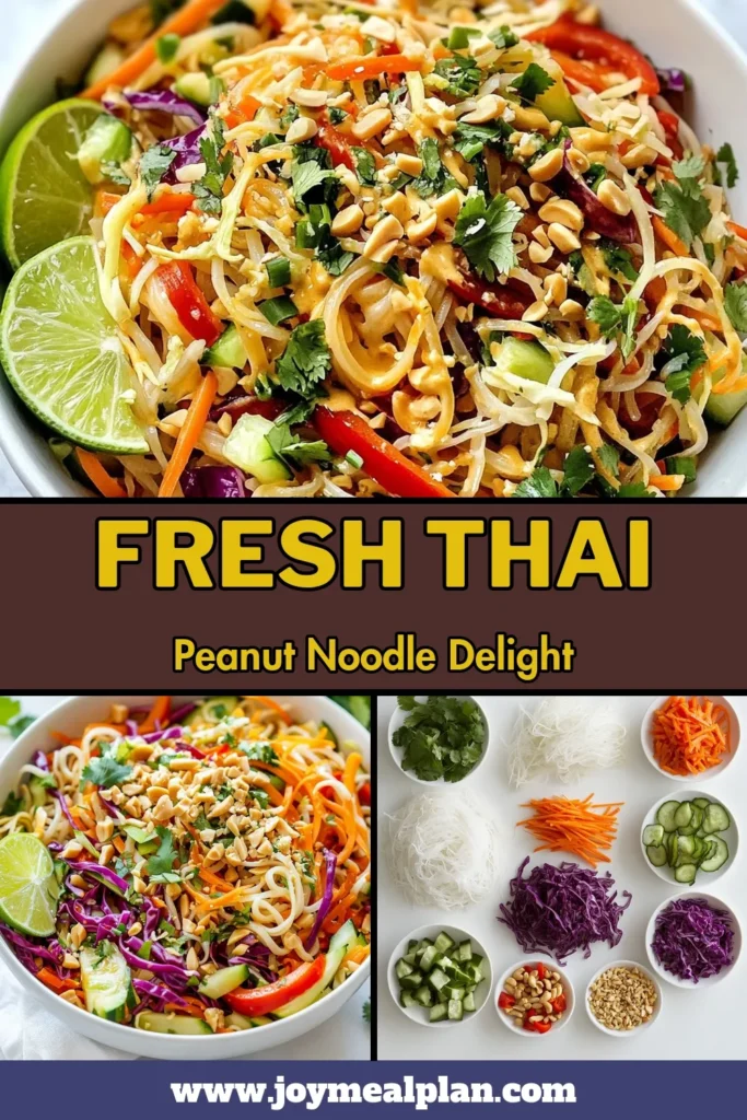 Discover the vibrant flavors of this Thai peanut noodle salad! This delicious rice noodle salad recipe is perfect for a light lunch or dinner. Tossed with a creamy peanut dressing recipe, it’s a healthy Thai salad that everyone will love. Easy to make and completely vegan, this noodle salad brings freshness and crunch with veggies and peanuts. Save this recipe for your next meal! #ThaiPeanutNoodleSalad #VeganNoodleSalad #HealthyRecipes #RiceNoodleSalad