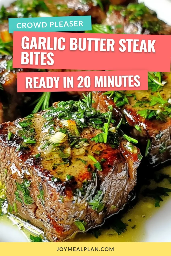 Indulge in these delicious Garlic Butter Steak Bites, a perfect sirloin steak recipe for a quick dinner idea or easy steak appetizer. Tender steak cubes are seared to perfection and tossed in a rich garlic butter recipe with fresh herbs. Ready in just 20 minutes, this dish will impress your guests or satisfy your cravings. Save this recipe now for a delightful meal tonight! #GarlicButterSteakBites #QuickDinnerIdeas #EasySteakAppetizer #GarlicButterRecipe