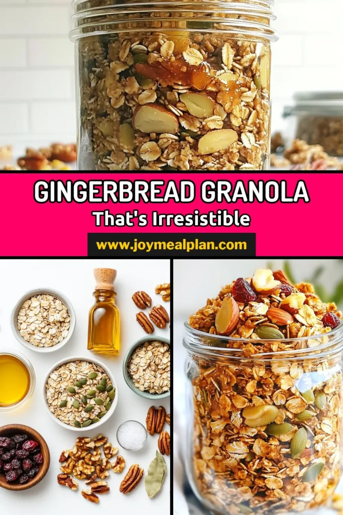 Indulge in the festive spirit with this easy Gingerbread granola recipe! Perfect for the holidays, this homemade granola combines oats, healthy granola with nuts, and aromatic spices for a delicious spiced granola snack. Great as a Christmas granola recipe, it’s packed with wholesome ingredients and makes a perfect gift. Try this delightful treat today and enjoy a healthy snack! Save this recipe for your holiday baking! #GingerbreadGranola #HealthyGranola #ChristmasRecipes #GranolaSnacks
