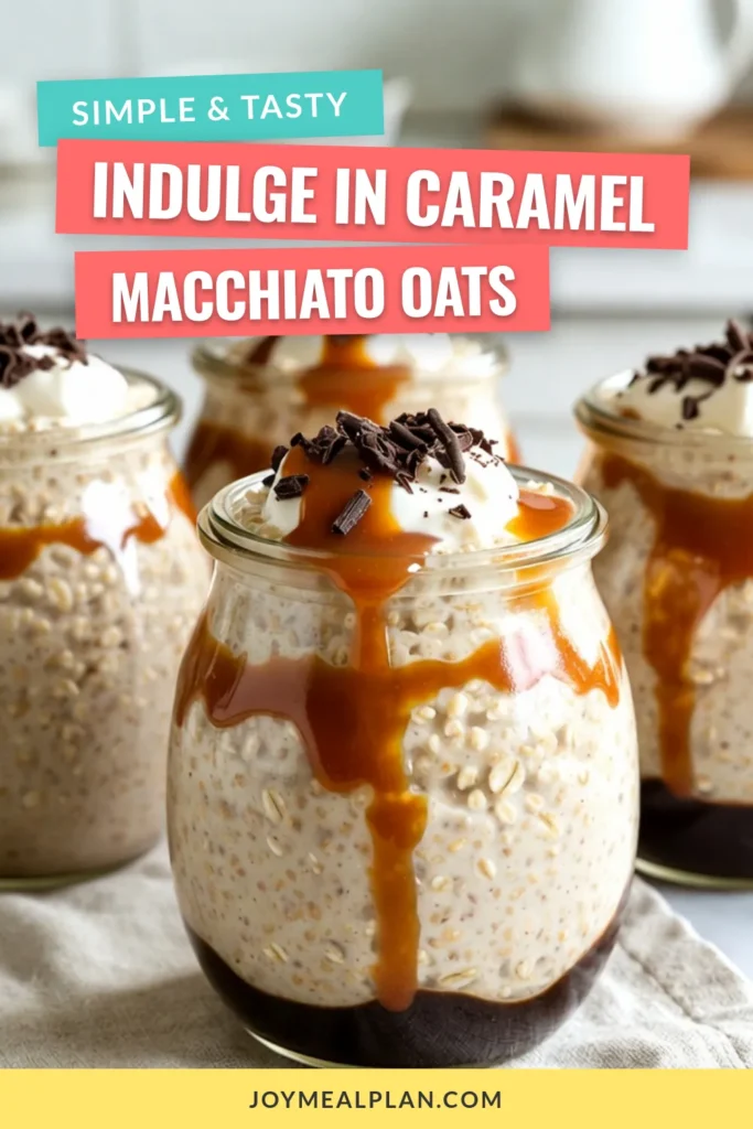 Start your day with creamy caramel macchiato oats! This easy overnight oats recipe combines rolled oats, brewed coffee, and Greek yogurt for a delicious coffee-flavored oats creation. Perfect for busy mornings, these overnight oats are customizable with caramel sauce, whipped cream, and chocolate shavings. Get the recipe for a quick, tasty breakfast that fuels your day. Save this for your morning inspiration! #OvernightOats #CoffeeLovers #BreakfastIdeas #HealthyEating