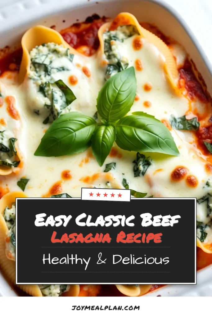 Discover the deliciousness of cheesy spinach ricotta pasta with this easy baked pasta dish featuring jumbo pasta shells. This spinach and ricotta stuffed shells recipe is perfect for a comforting vegetarian pasta recipe that will impress your guests. With creamy ricotta and fresh spinach, each bite is a delight! Ready to make dinner time special? Save this recipe for your next meal! #VegetarianRecipes #PastaLovers #ComfortFood #EasyDinnerIdeas